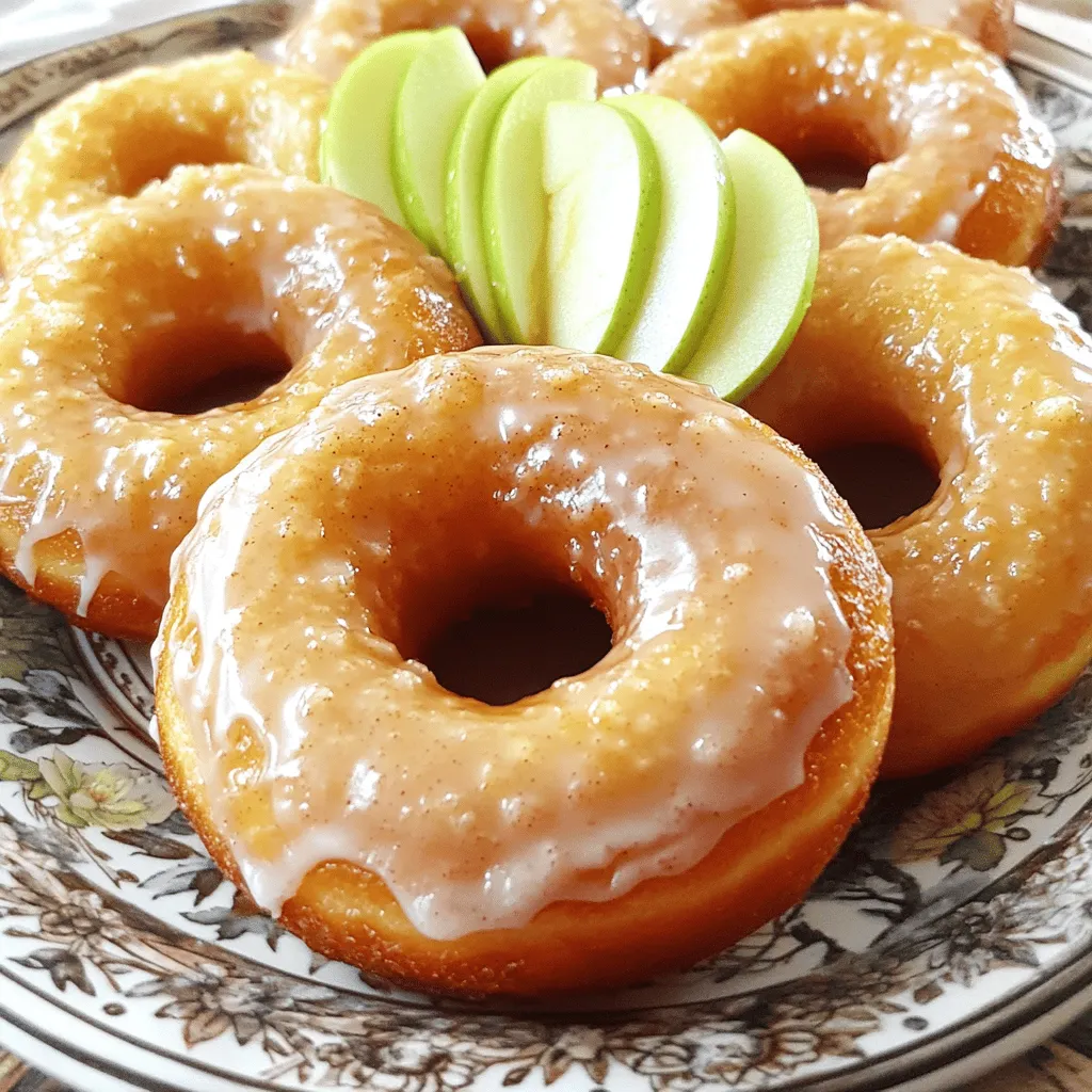 For these apple cider glazed doughnuts, you will need the following ingredients: - 1 cup apple cider - 1/2 cup granulated sugar - 1/4 cup brown sugar - 1/2 cup unsalted butter - 2 large eggs - 1 teaspoon vanilla extract - 2 cups all-purpose flour - 1 tablespoon baking powder - 1 teaspoon ground cinnamon - 1/2 teaspoon ground nutmeg - 1/2 teaspoon salt - 1 cup powdered sugar (for glazing) - 2 tablespoons apple cider (for glazing) Gather these items before you start. Fresh apple cider gives the best taste. Using unsalted butter lets you control the salt. Make sure your eggs are at room temperature for better mixing. The spices, like cinnamon and nutmeg, add warmth and depth to the flavor. You can also customize the sugars. Brown sugar adds a rich, caramel taste. Feel free to swap in your favorite type of flour if you’re trying something new. Each ingredient plays a big role in making these doughnuts soft and tasty. Now that you have everything ready, you can start making your delicious apple cider glazed doughnuts! To start, we need to boil and reduce our apple cider. Pour 1 cup of apple cider into a small saucepan. Heat it over medium heat until it boils. Then, reduce the heat and let it simmer. Keep an eye on it for about 10 to 15 minutes. We want it to reduce by half. Once done, let it cool slightly. Next, we mix the butter and sugars. In a large bowl, combine 1/2 cup of granulated sugar, 1/4 cup of brown sugar, and 1/2 cup of melted unsalted butter. Whisk them together until smooth. Now, it's time to incorporate eggs and vanilla. Add 2 large eggs to the bowl, one at a time. Mix well after each egg. Finally, stir in the cooled apple cider and 1 teaspoon of vanilla extract. Now, let’s sift the dry ingredients. In another bowl, sift together 2 cups of all-purpose flour, 1 tablespoon of baking powder, 1 teaspoon of ground cinnamon, 1/2 teaspoon of ground nutmeg, and 1/2 teaspoon of salt. Next, we combine the wet and dry components. Gradually add the dry mix to the wet mix. Stir gently until just combined. Be careful not to overmix; we want light and fluffy doughnuts. It’s time to fill the doughnut pan. Grease the pan with non-stick spray first. Carefully fill each doughnut mold about 2/3 full with batter. Now, we bake the doughnuts. Preheat your oven to 350°F (175°C) and bake for 10 to 12 minutes. Check doneness by inserting a toothpick in the center. It should come out clean. After baking, let the doughnuts cool. Allow them to rest in the pan for about 5 minutes. After that, transfer them to a wire rack to cool completely. Enjoy the smell as they cool! To get the right glaze, start with the right mix. You want a smooth and thick texture. Use 1 cup of powdered sugar and add 2 tablespoons of apple cider. Mix until it’s well blended. If it’s too thick, add a splash more cider. If it’s runny, add more sugar until it feels just right. When dipping, hold the doughnut by the edges. Dip it in the glaze quickly. Let the excess drip off. Place it top-side up on a wire rack. This helps the glaze set nicely. For a beautiful display, arrange the doughnuts on a nice plate. Drizzle some of the remaining glaze over the top. This adds a lovely touch. To make it even prettier, garnish with thin slices of fresh apple. This adds color and hints at the apple flavor inside. You can also use a sprinkle of cinnamon on top for extra flair. {{image_2}} To make vegan apple cider glazed doughnuts, swap out the eggs and butter. Use 1/4 cup of unsweetened applesauce instead of each egg. For the butter, use a plant-based alternative like coconut oil or vegan butter. Recommended substitutions: - Eggs: 1/4 cup applesauce per egg - Butter: Use coconut oil or vegan butter To perfect your vegan doughnuts, ensure your ingredients are fresh. Mix well but do not overmix. This helps keep them fluffy. For gluten-free doughnuts, choose a good gluten-free flour blend. A mix that includes almond flour and tapioca flour works well. Choosing the right gluten-free flour: - Look for a blend with xanthan gum or add 1 teaspoon if it’s not already included. To maintain taste and texture, keep the baking powder and spices. Adjust the liquid if needed, as gluten-free flours can absorb more moisture. Modifications for maintaining taste and texture: - Add a little extra apple cider or plant milk if the batter seems too thick. These options let everyone enjoy these tasty treats. Get creative and have fun baking! To keep your doughnuts fresh, use an airtight container. This helps prevent them from drying out. You can also wrap each doughnut in plastic wrap for extra protection. Store them at room temperature for up to two days. If you want them to last longer, place them in the fridge. They will stay fresh for about a week in the fridge. When you're ready to enjoy your doughnuts again, you can restore their freshness. The best way to reheat them is in the microwave. Heat each doughnut for about 10 to 15 seconds. This will warm them up without making them tough. If you prefer a crispy texture, try reheating them in the oven. Preheat the oven to 350°F (175°C) and bake for 5 minutes. Enjoy your delicious apple cider glazed doughnuts! Yes, you can use store-bought apple cider. It saves time and effort. Just check the label to ensure it has no added sugars or preservatives. Fresh cider can give a stronger flavor, while store-bought is convenient. The flavor is good in either case, but fresh cider adds a nice touch. To get fluffy doughnuts, you need to follow a few key steps. First, make sure your baking powder is fresh. Old baking powder can lead to flat doughnuts. Second, do not overmix the batter. Mix until just combined to keep air in the dough. Lastly, fill the molds only 2/3 full. This allows room for rising. You can enjoy these doughnuts with many sides and drinks. Try pairing them with hot coffee or spiced tea for warmth. Milk or apple juice also works well. For sides, consider fresh fruit, like slices of pear or apple. These choices enhance the flavors and make your meal more fun. You now have a clear guide for making delicious apple cider glazed doughnuts. We covered the key ingredients, step-by-step instructions, and tips for perfecting your recipe. Don't forget to try the vegan and gluten-free options! Storing and reheating tips will keep your doughnuts fresh. Enjoy them warm with a side drink or dish. Now, gather your ingredients and bake a batch. You’ll impress everyone with your tasty creation. Happy baking!