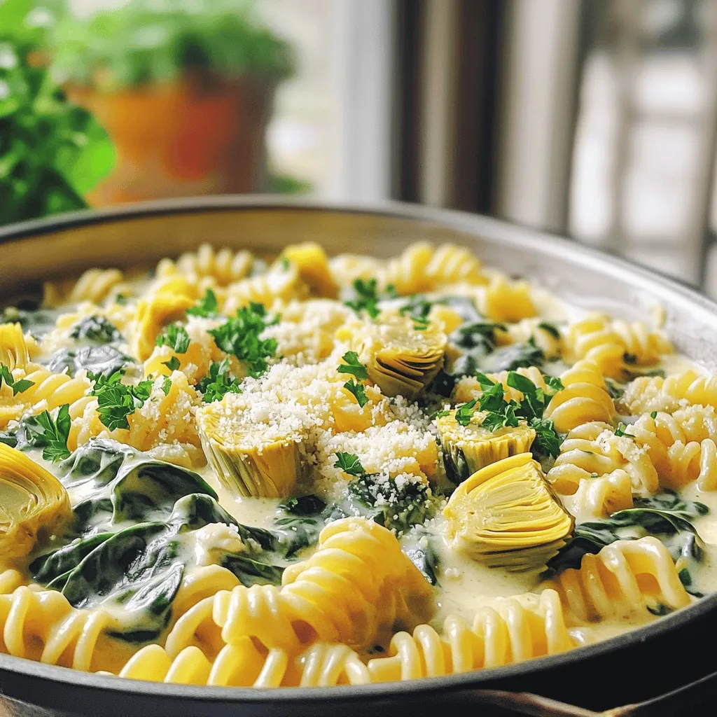 Here’s what you need for the creamy spinach artichoke pasta. Gather these ingredients for a tasty meal: - 12 ounces pasta of choice (fusilli or penne) - 1 tablespoon olive oil - 3 cloves garlic, minced - 1 small onion, finely chopped - 2 cups fresh baby spinach - 1 can (14 ounces) artichoke hearts, drained and quartered - 1 cup vegetable broth - 1 cup heavy cream (or coconut milk) - 1 cup grated Parmesan cheese (or nutritional yeast) - Salt and pepper to taste - Fresh parsley or basil for garnish Each ingredient plays a key role in making this dish rich and vibrant. The pasta serves as the base, while the spinach and artichokes add a burst of flavor and nutrition. Olive oil brings depth, and garlic gives a lovely aroma. Heavy cream or coconut milk provides creaminess, while cheese adds that delicious savory touch. Season with salt and pepper for balance. Use fresh herbs for a bright finish. This simple list makes your one-pot dish both easy and delicious! 1. Heat 1 tablespoon of olive oil in a large pot over medium heat. 2. Add 1 small finely chopped onion and sauté for 3-4 minutes. The onion should be soft and translucent. 3. Stir in 3 cloves of minced garlic. Cook for 1 minute until it smells great. 1. Add 12 ounces of your favorite pasta to the pot. 2. Pour in 1 cup of vegetable broth and bring it to a boil. 3. Reduce the heat to a simmer and cover the pot. Cook according to pasta package instructions, about 8-10 minutes, stirring now and then. 1. Once the pasta is cooked and most of the liquid is gone, stir in 2 cups of fresh baby spinach and 1 can of quartered artichoke hearts. 2. Pour in 1 cup of heavy cream. Mix well and let it simmer for 2-3 minutes. The spinach will wilt, and the cream will heat. 3. Remove from heat and stir in 1 cup of grated Parmesan cheese until creamy. 4. Season with salt and pepper to taste. If the pasta is too thick, add more broth or cream to adjust it. 5. Serve right away, garnished with fresh chopped parsley or basil. To make your pasta creamy, adjust the consistency. If it feels too thick, add more broth or cream. This step gives you control over the texture. For the best flavor, use fresh or grated Parmesan cheese. It melts beautifully and adds depth. Nutritional yeast is a great vegan substitute. It provides a cheesy taste without dairy. To make your dish pop, add spices and herbs. Garlic powder or Italian seasoning works well. For a spicy kick, try adding red pepper flakes. Fresh herbs like basil or parsley brighten the dish and add freshness. Don't be afraid to experiment with flavors! For perfect pasta, follow the package instructions carefully. Remember to stir occasionally to prevent sticking. A splash of olive oil in the water can help with this too. Be sure to drain the pasta well; excess water can make your dish soupy. Always taste as you go. This habit helps you adjust flavors as needed. {{image_2}} To make this dish vegan, you can swap out a few key ingredients. Use coconut milk instead of heavy cream. This gives a rich texture without dairy. For Parmesan cheese, try nutritional yeast. It adds a cheesy flavor without using animal products. For those needing gluten-free options, choose pasta made from rice or chickpeas. These options cook well and taste great. Make sure to follow the cooking time on the package. Gluten-free pasta tends to cook faster, so watch it closely to avoid mushiness. You can boost the dish by adding proteins like chicken or shrimp. Cook them in the pot before adding pasta. This way, they soak up all the flavors. You can also introduce seasonal veggies. Peas, zucchini, or bell peppers add color and nutrition. They enhance the dish, making it even more delicious. To store your creamy spinach artichoke pasta, let it cool first. Place it in an airtight container. This keeps it fresh and safe. I recommend glass containers. They won’t stain and are easy to clean. When reheating, use the stove for best results. Add a splash of broth or cream. This helps keep the texture creamy. Stir often to heat it evenly. You can also use the microwave. Cover it to retain moisture. Yes, you can freeze creamy pasta! However, the texture may change. Use freezer-safe bags or containers. To thaw, move it to the fridge overnight. Reheat gently on the stove, adding a bit of liquid for creaminess. How long does it take to make creamy spinach artichoke pasta? It takes about 25 minutes to make this dish. You need 10 minutes to prep and 15 minutes to cook. This makes it a quick meal option. Can I use frozen spinach or artichokes? Yes, frozen spinach and artichokes work well. Just thaw and drain them before adding. They save time and still taste great. What can I substitute for heavy cream? You can use coconut milk for a lighter version. It adds a nice flavor and keeps it creamy. Can I add other vegetables? Absolutely! You can add bell peppers, mushrooms, or zucchini. They add more flavor and nutrition to the dish. How do I make it a one-pot meal? This recipe is already a one-pot meal! You cook everything in one large pot. It saves time on cleaning and makes things easy. What are the calorie counts per serving? Each serving has about 500 calories. This can vary depending on the pasta and cream used. Any tips for making it healthier? To make it healthier, use whole-grain pasta and less cheese. You can also add more veggies for extra nutrients. This article covers how to make creamy spinach artichoke pasta. You learned the best ingredients to choose, and I provided simple steps for cooking. I shared tips to enhance creaminess and flavor. You can even adapt the recipe for vegan or gluten-free options. In conclusion, this dish is flexible and tasty. Feel free to experiment with the ingredients. Enjoy your cooking adventure and have fun trying out new variations!