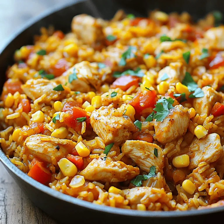 - 2 boneless, skinless chicken breasts, diced - 1 tablespoon Cajun seasoning - 2 tablespoons olive oil - 1 medium onion, chopped - 1 red bell pepper, diced - 2 cloves garlic, minced - 1 cup long-grain rice - 2 cups chicken broth - 1 can (14.5 oz) diced tomatoes, undrained - 1 cup frozen corn - 1 teaspoon dried oregano - Salt and pepper to taste - Fresh parsley, chopped (for garnish) The main ingredients in this dish create a balanced mix of flavors. The chicken gives protein, while the rice acts as a filling base. Cajun seasoning adds a kick that makes this dish exciting. The veggies, including onions and bell peppers, bring sweetness and texture. - 1 teaspoon smoked paprika - 1/2 teaspoon cayenne pepper - 1 cup black beans, drained - 1/2 cup chopped green onions Adding smoked paprika gives a deeper flavor. Cayenne pepper can make it spicier if you like heat. Black beans add fiber and protein. Chopped green onions can brighten up the dish. - Use quinoa instead of rice for a gluten-free option. - Swap chicken for shrimp or tofu for different protein choices. - Replace chicken broth with vegetable broth to keep it vegetarian. These substitutions let you customize the dish easily. You still get great flavor while meeting dietary needs. Each option keeps the spirit of the Cajun flavor profile alive. Start by heating two tablespoons of olive oil in a large skillet over medium heat. Once the oil is hot, add two diced boneless, skinless chicken breasts. Sprinkle one tablespoon of Cajun seasoning over the chicken. Stir it well to coat every piece. Cook the chicken for about 5 to 7 minutes. You want it to be browned and cooked through. When done, remove the chicken from the skillet and set it aside. This will keep it juicy for later. Now, in the same skillet, add one medium onion, chopped, and one diced red bell pepper. Cook these for about 3 to 4 minutes. You want the vegetables to soften but not brown. After that, add two cloves of minced garlic. Stir it for about 30 seconds. This will enhance the flavor without burning the garlic. Next, stir in one cup of long-grain rice. Then, pour in two cups of chicken broth and add one can of diced tomatoes, undrained. Add one cup of frozen corn and one teaspoon of dried oregano. Bring this mixture to a boil. Once boiling, reduce the heat to low and cover the skillet. Let it simmer for about 20 minutes. Check the rice to see if it’s tender and has absorbed the liquid. After that, return the cooked chicken to the skillet. Season with salt and pepper to taste. Cook for an additional 3 to 5 minutes to heat everything through. Now, your One-Pot Cajun Chicken Rice Skillet is ready to enjoy! To get perfectly cooked rice, rinse it first. Rinsing removes extra starch and keeps it fluffy. Use long-grain rice for this dish. It cooks evenly and absorbs the flavors well. Follow the liquid ratio closely. For every cup of rice, use two cups of broth. Bring it all to a boil before lowering the heat. Cover the skillet tightly to trap steam. This helps the rice cook without burning. You can add more protein easily. Shrimp or sausage works great with Cajun flavors. Just cook them with the chicken. For veggies, consider adding celery or zucchini. They cook well and add nice texture. You can also toss in some spinach at the end. It wilts quickly and boosts nutrition. Feel free to mix and match to suit your taste. Store leftovers in an airtight container. This keeps them fresh and prevents odors. Place the rice mixture in the fridge right after it cools. It can last up to four days. If you want to freeze it, use freezer-safe bags. Remove as much air as possible before sealing. When reheating, add a splash of broth for moisture. This keeps the rice from drying out. Enjoy your leftovers without losing flavor! {{image_2}} If you love heat, add more Cajun seasoning. You can also include hot sauce. This extra spice makes your dish bold and exciting. Try diced jalapeños for a fresh kick. They add crunch and flavor. Adjust the heat to fit your taste. Cooking should be fun and tailored to you. You can easily make this dish vegetarian. Use chickpeas or tofu instead of chicken. Both options soak up flavors well. Cook them with the same Cajun spices. Add extra veggies like zucchini or spinach. These not only add nutrients but also color. You will enjoy a hearty meal without meat. For a low-carb twist, skip the rice. Instead, use cauliflower rice. It cooks quickly and pairs nicely with Cajun flavors. You can also add more vegetables like bell peppers and green beans. This keeps the dish filling and tasty. Enjoy the same bold taste with fewer carbs. To keep your Cajun Chicken Rice fresh, let it cool first. Once cooled, transfer it to an airtight container. Store it in the fridge for up to four days. I find that using glass containers works well. They help keep the flavors locked in. When you're ready to enjoy your leftovers, reheat gently. You can use the microwave or stovetop. If using the microwave, place the rice in a bowl. Add a splash of chicken broth or water to keep it moist. Heat in 30-second bursts, stirring in between. On the stovetop, warm it in a skillet over low heat. Stir often to avoid sticking. This method keeps the rice fluffy and tasty. If you want to store it longer, freezing works great. First, let the dish cool completely. Then, pack it into freezer-safe bags or containers. Squeeze out as much air as you can before sealing. Label the bags with the date. You can freeze it for up to three months. When you’re ready to eat, thaw it overnight in the fridge. Reheat as mentioned above for the best taste. Cajun seasoning blends bold flavors. It usually includes paprika, cayenne, garlic powder, and onion powder. Some blends add herbs like thyme and oregano. You can make your own mix if you want. Just mix these spices in a bowl and adjust to taste. Yes, you can use brown rice! Brown rice is healthier and has more fiber. However, it takes longer to cook. You should increase the broth and cooking time. Use about 2.5 cups of broth and simmer for 30-35 minutes. To make it milder, use less Cajun seasoning. You can also add sugar to balance heat. If you want more heat, add more Cajun seasoning or some hot sauce. Try different amounts until it suits your taste. Absolutely! This dish stores well in the fridge. You can make a big batch and enjoy it all week. Just store it in an airtight container. Reheat in the microwave or on the stove for quick meals. You can try thyme, basil, or parsley. Each herb adds a unique flavor. Fresh herbs work well too. Just chop them and mix in before serving for a fresh taste! In this blog post, we explored how to make a delicious one-pot Cajun chicken rice skillet. I shared the key ingredients, including essential and optional ones, along with substitutions for dietary needs. You learned the step-by-step process, cooking tips for perfect rice, and variations like vegetarian options. Whether you cook for yourself or a family, this dish is fun and easy. Try out these tips and have fun in the kitchen. Enjoy flavorful meals that everyone will love!