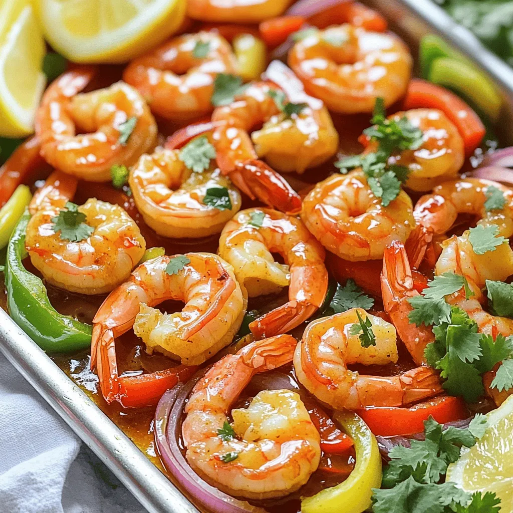 To make Sheet Pan Spicy Honey Garlic Shrimp, gather these ingredients: - 1 pound large shrimp, peeled and deveined - 1/4 cup honey - 3 cloves garlic, minced - 1 tablespoon soy sauce (low sodium recommended) - 1 tablespoon sriracha sauce (adjust to taste) - 1 tablespoon olive oil - 1 teaspoon ground ginger - 1 teaspoon paprika - 1 teaspoon salt - 1/2 teaspoon black pepper - 1 red bell pepper, sliced - 1 green bell pepper, sliced - 1 small red onion, sliced - Fresh cilantro or parsley for garnish - Lemon wedges for serving You can swap some ingredients based on what you have: - Shrimp: Use scallops or chicken if you prefer. - Honey: Maple syrup works well too. - Soy Sauce: Coconut aminos are a great gluten-free option. - Sriracha: Try chili paste or hot sauce for heat. - Bell Peppers: Any color of bell pepper adds color and taste. When picking shrimp, look for these signs of freshness: - Color: Choose shrimp that are bright and shiny. - Smell: Fresh shrimp have a clean ocean scent, not fishy. - Texture: They should feel firm to the touch. - Shells: If they have shells, they should be intact and moist. By following these tips, your meal will shine with fresh flavors and tasty goodness! Start by gathering your ingredients for the marinade. You will need honey, minced garlic, soy sauce, sriracha, olive oil, ground ginger, paprika, salt, and black pepper. In a medium bowl, combine 1/4 cup honey, 3 cloves of minced garlic, 1 tablespoon of soy sauce, and 1 tablespoon of sriracha. Add 1 tablespoon of olive oil, 1 teaspoon of ground ginger, 1 teaspoon of paprika, 1 teaspoon of salt, and 1/2 teaspoon of black pepper. Whisk these ingredients together until they blend well. This mixture will give your shrimp a sweet and spicy kick. Now, it’s time to add the shrimp. Use 1 pound of large shrimp that are peeled and deveined. Gently toss the shrimp in the marinade, ensuring they are evenly coated. Cover the bowl and let the shrimp marinate for about 15-20 minutes. This soaking time allows all the flavors to seep into the shrimp, making them more tasty. Preheat your oven to 400°F (200°C) while the shrimp marinates. Line a sheet pan with parchment paper for easy cleanup. Next, slice 1 red bell pepper, 1 green bell pepper, and 1 small red onion. Spread these veggies on the prepared sheet pan. Drizzle a little olive oil over them and season with salt and pepper. Toss to coat the veggies evenly. After marinating, arrange the shrimp on top of the vegetables without overcrowding them. Bake everything in the oven for 10-12 minutes. The shrimp should turn pink and opaque, and the veggies should be tender but still crisp. Enjoy the delicious aroma filling your kitchen! To get the best flavor, always preheat your oven to 400°F (200°C). This temperature cooks the shrimp fast and keeps them juicy. Bake the shrimp for 10-12 minutes. Check them at the 10-minute mark. They should turn pink and opaque. If they cook too long, they can become rubbery. The key to great shrimp is not overcooking. Marinate your shrimp for 15-20 minutes. This step infuses them with flavor. Make sure to spread the shrimp out on the pan. Overcrowding can trap steam and ruin the texture. You want them to roast and caramelize, making them tender and flavorful. Once you pull the pan from the oven, garnish with fresh cilantro or parsley. This adds color and freshness. Serve the shrimp right from the pan for a fun touch. Add lemon wedges for a burst of zing. Drizzle any leftover sauce over the shrimp and veggies for extra flavor. For a bit of flair, sprinkle sesame seeds on top. {{image_2}} You can swap shrimp for other proteins. Chicken, tofu, or scallops work well. If using chicken, cut it into bite-sized pieces. For tofu, use firm or extra-firm tofu. Marinate as you would the shrimp. Cooking times may differ, so watch closely. The goal is to keep it juicy and tender. Feel free to mix up the veggies. Zucchini, broccoli, or snap peas add great flavor. Just cut them into similar sizes for even cooking. You can also use asparagus for a tasty twist. Adjust the cooking time if you choose harder veggies, like carrots. They may need a few extra minutes in the oven. You can change the spice levels to fit your taste. Add more sriracha for heat or use less for a milder dish. If you love heat, try adding crushed red pepper flakes or cayenne pepper. For a different flavor, replace sriracha with hot sauce or chili paste. Remember, start small and taste as you go! After enjoying your meal, let the leftovers cool down. Place the shrimp and veggies in an airtight container. Store them in the fridge for up to three days. This keeps the flavors fresh and ready for later. To reheat, you have a couple of options. You can use the microwave. Just place the shrimp and veggies on a microwave-safe plate. Heat them for about one to two minutes. Stir halfway through to heat evenly. You can also reheat in the oven. Preheat your oven to 350°F (175°C). Spread the leftovers on a baking sheet and warm for about 5-7 minutes. This method keeps the shrimp nice and juicy. If you want to save leftovers for later, freezing is a great option. Allow the shrimp and veggies to cool completely. Then, place them in a freezer-safe container or bag. Make sure to remove as much air as possible to prevent freezer burn. They can last in the freezer for up to three months. When ready to eat, thaw in the fridge overnight and reheat as mentioned above. Yes, you can use frozen shrimp. Just make sure to thaw them first. Place shrimp in a bowl of cold water for about 15-20 minutes. This method keeps the shrimp juicy. After thawing, pat them dry with a paper towel. This helps the marinade stick well. Shrimp cook quickly. They are done when they turn pink and opaque. Another sign is that they curl into a C shape. If they curl into an O shape, they might be overcooked. Keep an eye on them while baking. To make it spicier, add more sriracha to the marinade. You can also add red pepper flakes for extra heat. To tone it down, reduce the amount of sriracha. You can also add a little honey to balance the spice. Adjust these levels to match your taste. This article shared a full guide on cooking shrimp. You learned about ingredient choices, how to marinate, and bake shrimp. I offered tips to get great texture and how to serve your dish. You also found ways to mix it up with proteins and spices. Lastly, we discussed the best storage methods. Remember to experiment and tailor the recipe to your taste. Enjoy cooking!