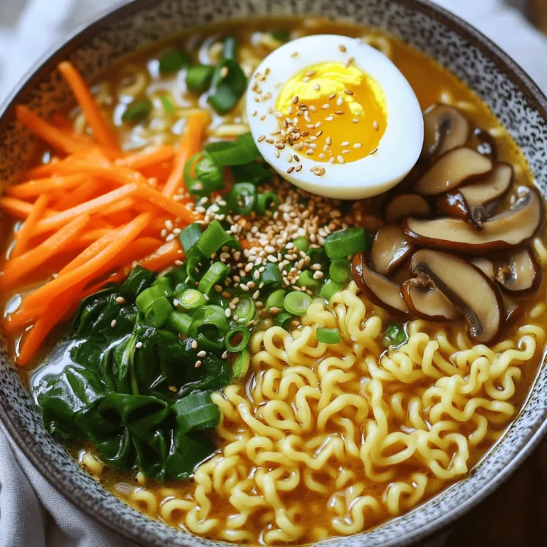 - 2 packs of instant ramen noodles - 4 cloves garlic, minced - 1 inch piece of ginger, grated - 1 cup baby spinach - 1 cup shiitake mushrooms, sliced - 1 carrot, julienned - 2 green onions, sliced - Soft-boiled eggs (optional) - 4 cups vegetable broth - 2 tablespoons soy sauce - 2 tablespoons sriracha - 1 tablespoon sesame oil - Sesame seeds for garnish Gather these fresh ingredients first. The instant ramen noodles are the base. I love using them because they cook quickly. Garlic adds bold flavor. Ginger gives a warm spice to the dish. Baby spinach adds a nice green touch. Shiitake mushrooms bring an earthy taste. The julienned carrot adds crunch and color. Green onions add freshness on top. Soft-boiled eggs are optional but delicious. Next, we need our sauces and broths. Vegetable broth is great for a rich base. Soy sauce adds saltiness and depth. Sriracha gives it that spicy kick. Sesame oil adds a nutty flavor that ties it all together. Finally, don’t forget the sesame seeds for a nice finish. They add a bit of crunch and look great on top. Now that you have all the ingredients, you are ready to make your spicy garlic ramen bowls. Enjoy the bold and flavorful delight! Start by heating 1 tablespoon of sesame oil in a large pot. Add 4 cloves of minced garlic and 1 inch of grated ginger. Cook them for about 1 minute until they smell great. Next, pour in 4 cups of vegetable broth. Add 2 tablespoons of soy sauce and 2 tablespoons of sriracha. Stir it all well and bring it to a simmer. Now, it is time to add some veggies. Toss in 1 cup of sliced shiitake mushrooms and 1 julienned carrot. Let them cook for about 5 minutes until they become soft. Keep an eye on them to make sure they do not overcook. While the vegetables cook, prepare 2 packs of instant ramen noodles in another pot. Follow the package instructions. Once they are cooked, drain them and set them aside. If you want soft-boiled eggs, put them in boiling water for 6-7 minutes. After that, place the eggs in an ice bath to cool them down. This makes peeling easy. To serve, grab some bowls. Place the cooked ramen noodles in each bowl. Pour the hot broth and vegetables on top. If you made soft-boiled eggs, slice them and add them to the bowls. Finish with sliced green onions and sesame seeds for garnish. Enjoy your spicy garlic ramen bowls! You can control the heat of the ramen. If you want less spice, use less sriracha. Start with one tablespoon and taste. This way, you can adjust it to your liking. You can also skip sriracha and use soy sauce for flavor. A splash of lime juice can add zest without heat. A soft-boiled egg adds creaminess. To get the best soft-boiled egg, boil it for 6 to 7 minutes. After boiling, put it in an ice bath. This cools it quickly and makes peeling easier. Gently tap the egg on a hard surface. Roll it to crack the shell. Peel under running water for a smooth finish. You can make your ramen even better with toppings. Try adding sliced radishes, corn, or seaweed. Fresh herbs like cilantro or basil can brighten the dish. For broth, homemade is best. You can simmer veggie scraps with water. This makes a rich, tasty broth. Use it as a base for your ramen to add depth. {{image_2}} You can add protein to your spicy garlic ramen bowls to make them heartier. Here are some great options: - Chicken: Use cooked, shredded chicken for a tasty boost. - Tofu: For a plant-based option, add cubed tofu. It soaks up the broth flavors well. - Shrimp: Quick-cooking shrimp adds a nice touch. Just toss them in during the last few minutes of cooking. For vegan options, stick with tofu or skip the meat altogether. You can also try edamame or chickpeas for protein. If you want a vegetarian version, you can easily swap ingredients. Here’s how: - Noodles: Use rice noodles or whole wheat noodles for variety. - Broth: A rich mushroom broth can replace vegetable broth for deeper flavor. - Vegetables: Add more veggies like bell peppers, zucchini, or bok choy. They add color and nutrition. Getting creative with veggies makes each bowl unique and exciting. If you love spice, there are many ways to kick up the heat: - Hot Sauces: Try different hot sauces like chili garlic sauce or sambal oelek. Each brings a distinct flavor. - Chili Oil: Drizzle chili oil on top for an extra layer of warmth. It adds a nice sheen and flavor boost. These alternatives let you adjust the spice to match your taste. Feel free to experiment until you find your perfect mix! To store cooked ramen, let it cool first. Place the ramen in airtight containers. This keeps the noodles fresh and prevents them from drying out. Use glass or BPA-free plastic containers for best results. Label containers with the date to track freshness. Reheating ramen is easy with the right method. I recommend using the stovetop. Heat a small pot over medium heat and add a splash of broth or water. Add the ramen and stir gently. This helps keep the noodles soft. If you use a microwave, cover the bowl with a damp paper towel. Heat in short bursts, stirring in between. Freezing ramen is possible but needs care. You should freeze broth and noodles separately to maintain texture. Cool the broth and pour it into freezer bags or containers. For noodles, cook them slightly less than usual. Once cooled, place them in freezer bags. When ready to eat, thaw the broth and reheat it. Cook the noodles fresh for the best taste. Yes, you can use regular ramen noodles. Instant noodles cook fast, but regular noodles offer a chewier texture. Look for fresh or dried ramen at your local store. Both types work well in this recipe. Just adjust the cooking time as needed. To make this dish gluten-free, choose gluten-free ramen or rice noodles. You can find these at many grocery stores. For the sauces, use gluten-free soy sauce or tamari. This way, you still enjoy the bold flavors without gluten. You can pair this ramen with a fresh salad or spring rolls. They add a nice crunch. For drinks, try iced green tea or a light beer. These complement the spicy flavors well. To make this dish vegan, skip the soft-boiled egg. Instead, add extra veggies or tofu for protein. Use vegetable broth and ensure your soy sauce is vegan. These simple swaps keep the meal fresh and satisfying. This blog post showed you how to make spicy garlic ramen. We covered fresh ingredients, sauces, and garnishes. I shared step-by-step cooking instructions and tips for the best taste. You can also explore delicious variations and learn storage tips for leftovers. Now you have a tasty recipe that you can customize. Whether you prefer chicken, shrimp, or veggies, you can make it your way. Enjoy creating a warm bowl of ramen that suits your taste!