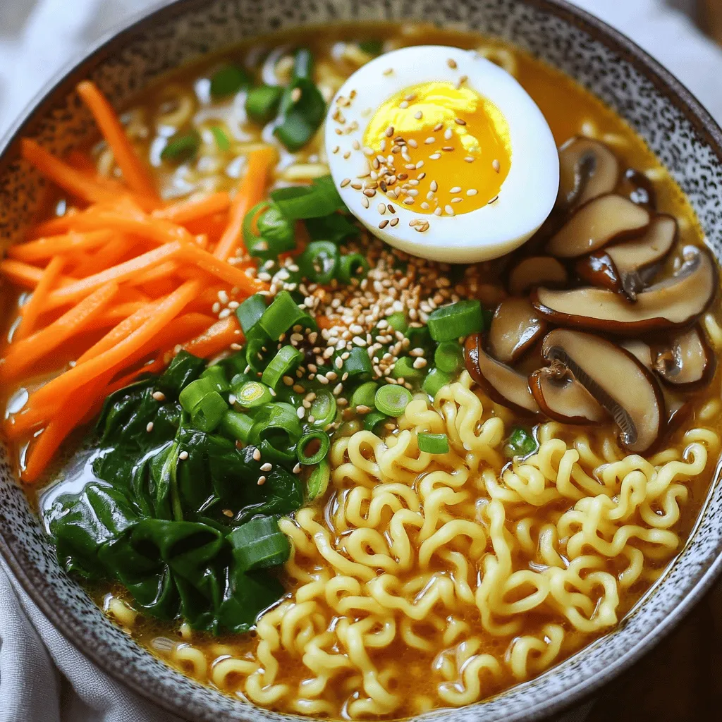 - 2 packs of instant ramen noodles - 4 cloves garlic, minced - 1 inch piece of ginger, grated - 1 cup baby spinach - 1 cup shiitake mushrooms, sliced - 1 carrot, julienned - 2 green onions, sliced - Soft-boiled eggs (optional) - 4 cups vegetable broth - 2 tablespoons soy sauce - 2 tablespoons sriracha - 1 tablespoon sesame oil - Sesame seeds for garnish Gather these fresh ingredients first. The instant ramen noodles are the base. I love using them because they cook quickly. Garlic adds bold flavor. Ginger gives a warm spice to the dish. Baby spinach adds a nice green touch. Shiitake mushrooms bring an earthy taste. The julienned carrot adds crunch and color. Green onions add freshness on top. Soft-boiled eggs are optional but delicious. Next, we need our sauces and broths. Vegetable broth is great for a rich base. Soy sauce adds saltiness and depth. Sriracha gives it that spicy kick. Sesame oil adds a nutty flavor that ties it all together. Finally, don’t forget the sesame seeds for a nice finish. They add a bit of crunch and look great on top. Now that you have all the ingredients, you are ready to make your spicy garlic ramen bowls. Enjoy the bold and flavorful delight! Start by heating 1 tablespoon of sesame oil in a large pot. Add 4 cloves of minced garlic and 1 inch of grated ginger. Cook them for about 1 minute until they smell great. Next, pour in 4 cups of vegetable broth. Add 2 tablespoons of soy sauce and 2 tablespoons of sriracha. Stir it all well and bring it to a simmer. Now, it is time to add some veggies. Toss in 1 cup of sliced shiitake mushrooms and 1 julienned carrot. Let them cook for about 5 minutes until they become soft. Keep an eye on them to make sure they do not overcook. While the vegetables cook, prepare 2 packs of instant ramen noodles in another pot. Follow the package instructions. Once they are cooked, drain them and set them aside. If you want soft-boiled eggs, put them in boiling water for 6-7 minutes. After that, place the eggs in an ice bath to cool them down. This makes peeling easy. To serve, grab some bowls. Place the cooked ramen noodles in each bowl. Pour the hot broth and vegetables on top. If you made soft-boiled eggs, slice them and add them to the bowls. Finish with sliced green onions and sesame seeds for garnish. Enjoy your spicy garlic ramen bowls! You can control the heat of the ramen. If you want less spice, use less sriracha. Start with one tablespoon and taste. This way, you can adjust it to your liking. You can also skip sriracha and use soy sauce for flavor. A splash of lime juice can add zest without heat. A soft-boiled egg adds creaminess. To get the best soft-boiled egg, boil it for 6 to 7 minutes. After boiling, put it in an ice bath. This cools it quickly and makes peeling easier. Gently tap the egg on a hard surface. Roll it to crack the shell. Peel under running water for a smooth finish. You can make your ramen even better with toppings. Try adding sliced radishes, corn, or seaweed. Fresh herbs like cilantro or basil can brighten the dish. For broth, homemade is best. You can simmer veggie scraps with water. This makes a rich, tasty broth. Use it as a base for your ramen to add depth. {{image_2}} You can add protein to your spicy garlic ramen bowls to make them heartier. Here are some great options: - Chicken: Use cooked, shredded chicken for a tasty boost. - Tofu: For a plant-based option, add cubed tofu. It soaks up the broth flavors well. - Shrimp: Quick-cooking shrimp adds a nice touch. Just toss them in during the last few minutes of cooking. For vegan options, stick with tofu or skip the meat altogether. You can also try edamame or chickpeas for protein. If you want a vegetarian version, you can easily swap ingredients. Here’s how: - Noodles: Use rice noodles or whole wheat noodles for variety. - Broth: A rich mushroom broth can replace vegetable broth for deeper flavor. - Vegetables: Add more veggies like bell peppers, zucchini, or bok choy. They add color and nutrition. Getting creative with veggies makes each bowl unique and exciting. If you love spice, there are many ways to kick up the heat: - Hot Sauces: Try different hot sauces like chili garlic sauce or sambal oelek. Each brings a distinct flavor. - Chili Oil: Drizzle chili oil on top for an extra layer of warmth. It adds a nice sheen and flavor boost. These alternatives let you adjust the spice to match your taste. Feel free to experiment until you find your perfect mix! To store cooked ramen, let it cool first. Place the ramen in airtight containers. This keeps the noodles fresh and prevents them from drying out. Use glass or BPA-free plastic containers for best results. Label containers with the date to track freshness. Reheating ramen is easy with the right method. I recommend using the stovetop. Heat a small pot over medium heat and add a splash of broth or water. Add the ramen and stir gently. This helps keep the noodles soft. If you use a microwave, cover the bowl with a damp paper towel. Heat in short bursts, stirring in between. Freezing ramen is possible but needs care. You should freeze broth and noodles separately to maintain texture. Cool the broth and pour it into freezer bags or containers. For noodles, cook them slightly less than usual. Once cooled, place them in freezer bags. When ready to eat, thaw the broth and reheat it. Cook the noodles fresh for the best taste. Yes, you can use regular ramen noodles. Instant noodles cook fast, but regular noodles offer a chewier texture. Look for fresh or dried ramen at your local store. Both types work well in this recipe. Just adjust the cooking time as needed. To make this dish gluten-free, choose gluten-free ramen or rice noodles. You can find these at many grocery stores. For the sauces, use gluten-free soy sauce or tamari. This way, you still enjoy the bold flavors without gluten. You can pair this ramen with a fresh salad or spring rolls. They add a nice crunch. For drinks, try iced green tea or a light beer. These complement the spicy flavors well. To make this dish vegan, skip the soft-boiled egg. Instead, add extra veggies or tofu for protein. Use vegetable broth and ensure your soy sauce is vegan. These simple swaps keep the meal fresh and satisfying. This blog post showed you how to make spicy garlic ramen. We covered fresh ingredients, sauces, and garnishes. I shared step-by-step cooking instructions and tips for the best taste. You can also explore delicious variations and learn storage tips for leftovers. Now you have a tasty recipe that you can customize. Whether you prefer chicken, shrimp, or veggies, you can make it your way. Enjoy creating a warm bowl of ramen that suits your taste!