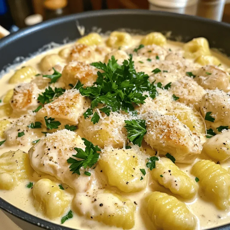 To make this creamy dish, gather these main ingredients: - 1 lb (450g) gnocchi - 1 lb (450g) boneless, skinless chicken breasts, cut into bite-sized pieces - 2 tablespoons olive oil - 3 cloves garlic, minced - 2 cups heavy cream - 1 cup grated Parmesan cheese - 1 cup chicken broth - 1 teaspoon Italian seasoning - Salt and pepper to taste These ingredients work together to create a rich flavor that you will love. For added flavor and color, consider these optional garnishes: - Fresh parsley, chopped - Extra Parmesan cheese - Cracked black pepper Garnishes can enhance the look and taste of your dish. If you need to make some swaps, here are a few ideas: - Use cooked rotisserie chicken instead of raw chicken for quicker prep. - Swap heavy cream with half-and-half for a lighter sauce. - Use vegetable broth in place of chicken broth for a vegetarian option. - Try gluten-free gnocchi if you need a gluten-free meal. These substitutions can help you adjust the recipe to fit your needs or what you have at home. To start, heat 2 tablespoons of olive oil in a large pot over medium heat. Add 1 pound of boneless, skinless chicken breasts cut into bite-sized pieces. Season with salt and pepper. Cook the chicken for about 5 to 7 minutes. You want it golden brown and fully cooked. Once done, remove the chicken from the pot and set it aside. This step adds great flavor to your dish. In the same pot, add 3 cloves of minced garlic. Cook this for about 1 minute. You want it fragrant, not burned. Next, pour in 1 cup of chicken broth and 2 cups of heavy cream. Stir well to mix these liquids. Sprinkle in 1 teaspoon of Italian seasoning. Bring this mixture to a gentle simmer. This sauce will be rich and creamy, perfect for gnocchi. Now, add 1 pound of gnocchi to the pot. Gently stir to coat the gnocchi in the creamy sauce. Cook for about 3 to 5 minutes. You'll know the gnocchi are done when they float to the surface. Finally, stir in the cooked chicken and 1 cup of grated Parmesan cheese. Mix until the cheese melts and creates a creamy texture. Adjust the seasoning if needed. Let it sit off the heat for a couple of minutes. This will thicken the sauce a little. Enjoy your meal warm, and don’t forget to garnish with fresh parsley. To make your One-Pot Chicken Alfredo Gnocchi shine, use fresh herbs. Fresh parsley adds a burst of color and taste. You can also add some crushed red pepper for a hint of heat. Taste your dish as you cook. Adjust the seasoning until it is just right. A squeeze of lemon juice can brighten the flavors too. A smooth, creamy sauce makes this dish special. Start with heavy cream for the best results. Stir in the grated Parmesan cheese slowly. This helps it melt and blend well. If your sauce is too thick, add a bit more chicken broth. If it's too thin, let it simmer longer to thicken up. One common mistake is overcooking the gnocchi. Watch them closely; they cook fast, usually in 3-5 minutes. Another mistake is not seasoning enough. Always taste your food as you go. Lastly, avoid adding all the cheese at once. Gradually mixing it in helps keep the sauce creamy and smooth. {{image_2}} You can easily boost nutrition by adding vegetables. Spinach, broccoli, or peas work well. To include them, add the veggies after the garlic. Cook them for a few minutes until they are tender. This extra step adds color and flavor to your dish. If you want to switch up the protein, there are many choices. You can use shrimp, turkey, or tofu. Cook shrimp just like chicken until pink. For turkey, brown it in the pot first. Tofu adds a nice texture too. Just sauté it until golden. Each option gives a new taste to the dish. Cheese can change the flavor of your dish. Instead of Parmesan, try mozzarella or gouda. Both give a creamy texture. You can even mix cheeses for a richer taste. Just be sure to adjust the amount based on your choice. Each cheese brings a unique twist to your one-pot meal. You can store leftovers in an airtight container. Let the dish cool before sealing. Place it in the fridge. It will stay fresh for up to three days. When you want to eat it again, check for any odd smells or changes in texture. To freeze, use freezer-safe containers or bags. Make sure to leave some space for expansion. This dish can keep well for up to three months. When you're ready to eat, thaw it overnight in the fridge for the best results. Reheat gently on the stove over low heat. Add a splash of chicken broth or cream to restore creaminess. Stir often to make sure it heats evenly. You can also use the microwave; cover and heat in short bursts. This way, it stays moist and delicious. Yes, you can use store-bought Alfredo sauce. It saves time and effort. Just pour it into the pot after cooking the chicken and garlic. Stir in the gnocchi and let them cook in the sauce. It will still taste great! You can tell gnocchi is cooked when they float. This usually takes about 3-5 minutes. Gnocchi will become soft and puff up. You can also taste one to check if it’s tender. This recipe is not gluten-free. Gnocchi usually contains wheat flour. You can find gluten-free gnocchi in stores. Just check the label to ensure it fits your diet. This blog post covered the essential ingredients and steps to make One-Pot Chicken Alfredo Gnocchi. You learned about optional garnishes and ingredient swaps for your personal touch. We also shared tips for flavor and texture, as well as common mistakes to avoid. Explore variations, storage tips, and FAQs to make this dish yours. In final thoughts, this comforting meal is easy to make and customize. Dive into your kitchen and enjoy!