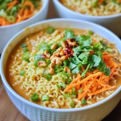 - 2 packages instant ramen noodles - 1/4 cup creamy peanut butter - 2 tablespoons soy sauce - 1 tablespoon sriracha (adjust for spice level) - 1 tablespoon sesame oil - 1 tablespoon rice vinegar - 2 green onions, finely chopped - 1/2 cup shredded carrots - 1/4 cup chopped cilantro - 1/4 cup roasted peanuts, roughly chopped - 2 cups water Each ingredient plays a key role in this dish. The instant ramen noodles serve as the base. They cook quickly and soak up flavor. Creamy peanut butter brings richness and depth. Soy sauce adds saltiness and umami. Sriracha gives heat, but you can adjust it to your taste. Sesame oil contributes a nutty aroma. Rice vinegar adds a slight tang. Green onions and carrots add freshness and crunch. Cilantro brightens the dish, while roasted peanuts offer extra texture. - Medium saucepan - Mixing bowl - Measuring cups and spoons - Cutting board - Sharp knife A medium saucepan is ideal for cooking the noodles and mixing the sauce. It should hold at least 3-4 quarts. A mixing bowl is needed to combine the peanut sauce. Use a cutting board and knife for chopping veggies. These tools help keep the prep easy and fun! First, take a medium saucepan and fill it with 2 cups of water. Place it on the stove and turn the heat to high. Wait for the water to boil. Once boiling, add the 2 packages of instant ramen noodles. Cook them according to the package instructions, which usually takes about 2-3 minutes. To get the best noodle texture, stir them gently as they cook. This helps them separate and prevents clumping. While the noodles cook, grab a bowl. In this bowl, mix together the creamy peanut butter, soy sauce, sriracha, sesame oil, and rice vinegar. Use a whisk or a fork to combine everything well until it forms a smooth sauce. If you like more heat, you can add extra sriracha. Just remember to taste as you go! Once the noodles are cooked, it's time to drain them. Reserve about 1/4 cup of the cooking water before draining the rest. Return the drained noodles back to the saucepan. Pour the spicy peanut sauce over the noodles and mix thoroughly. If the sauce is too thick, add a little of the reserved cooking water to reach a smooth consistency. Next, stir in the shredded carrots and half of the chopped green onions. Make sure everything is coated well in the sauce. Now, plate your ramen in deep bowls. Top with the chopped cilantro, remaining green onions, and roasted peanuts for that perfect crunch! To prevent overcooking the noodles, watch the clock closely. Instant ramen cooks quickly, usually in 2-3 minutes. Stir the noodles gently while they cook. This helps them cook evenly. For a smoother peanut sauce, mix the peanut butter with soy sauce first. Then add sriracha, sesame oil, and rice vinegar. Whisk until the mixture is creamy. If it feels too thick, add a little water to loosen it up. For garnishing the dish, use chopped cilantro and green onions. This adds color and flavor. A sprinkle of crushed peanuts gives a nice crunch. Serve your ramen in deep bowls for a cozy look. Aim for a serving size of about one cup for each person. This keeps it filling but not overwhelming. You can add proteins like tofu or chicken for extra heartiness. Cook the protein separately, then mix it in with the noodles. If you prefer, swap out the peanut butter for almond or sunflower butter. These options work well for different diets. You can also include more veggies, like spinach or bell peppers, to boost nutrition. {{image_2}} You can choose different types of peanut butter for your ramen. Natural peanut butter has simple ingredients and a rich taste. It offers a strong peanut flavor. Processed peanut butter has added sugar and oils, making it sweeter and creamier. If you want to try something new, consider nut butters like almond or cashew. These can give your dish a unique twist. Adding vegetables can boost nutrition and flavor. You might include: - Shredded carrots - Spinach - Broccoli florets - Bell peppers - Snap peas Seasonal veggies can make your meal fresh. In spring, add asparagus or peas. In autumn, try pumpkin or sweet potatoes. These veggies can add color and crunch to your ramen. Adjusting spice is easy. If you like it hot, add more sriracha. You can also use chili oil for a different flavor. For milder heat, reduce the sriracha or mix in some honey. Different hot sauces, like sambal oelek or Thai chili paste, can change the taste too. Don’t be afraid to experiment with the spice to find your perfect level. To store leftovers, let the ramen cool down first. Place it in an airtight container. This helps keep the flavors fresh. Your ramen will stay good in the fridge for about three days. For best results, store the noodles and sauce separately. This keeps the noodles from getting mushy. When you reheat, use a microwave or stovetop. If using the microwave, put the ramen in a bowl. Add a splash of water to keep it moist. Heat for one to two minutes, stirring halfway. On the stovetop, warm it in a saucepan over low heat. Add a bit of water if it looks dry. Stir gently to keep the texture nice. You can freeze leftovers if you want to save them longer. Use a freezer-safe container and make sure it's airtight. The ramen will last about one month in the freezer. When you are ready to eat, thaw it in the fridge overnight. Then, reheat as mentioned above for the best taste. It takes just 5 minutes to prep. Cooking the ramen noodles adds another 2 to 3 minutes. So, the total time is about 10 minutes. This quick meal is perfect for busy days. Yes, you can! Look for gluten-free instant ramen noodles. Many brands offer rice or quinoa-based noodles. They work well and still taste great in this recipe. If you need a nut-free option, try sunflower seed butter. It gives a similar creaminess. You can also use tahini, which is made from sesame seeds. Both options keep the dish tasty and safe for allergies. This blog post covered key aspects of making delicious Minute Spicy Peanut Butter Ramen. We discussed the necessary ingredients and their roles, the utensils you'll need, and detailed step-by-step cooking instructions. You learned tips for perfect cooking and presentation, along with variations to customize your dish. Lastly, we explored storage methods and answered common questions. Enjoy making this tasty meal your own, and don't hesitate to experiment!