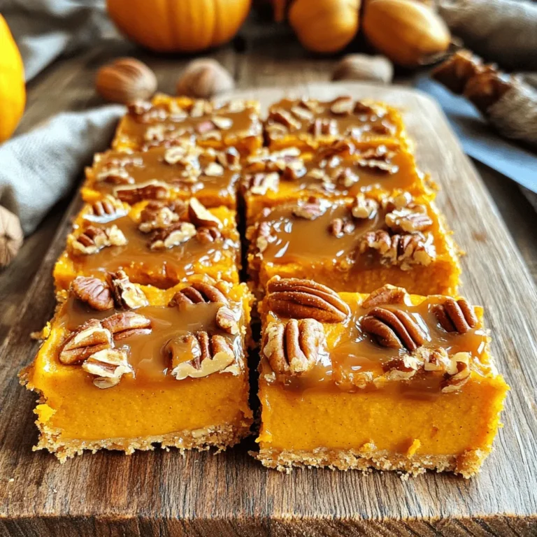 - 1 ½ cups all-purpose flour - 1 teaspoon baking powder - ½ teaspoon baking soda - ½ teaspoon salt - 1 teaspoon ground cinnamon - ½ teaspoon ground nutmeg - ½ cup unsalted butter, softened - 1 cup brown sugar, packed - ½ cup granulated sugar - 2 large eggs - 1 cup canned pumpkin puree - 1 teaspoon vanilla extract - 1 cup caramel sauce (store-bought or homemade) - 1 cup chopped pecans, toasted - Additional caramel sauce for drizzling Gathering the right ingredients is key to making these caramel pecan pumpkin bars shine. For dry ingredients, you’ll need flour, baking powder, baking soda, salt, cinnamon, and nutmeg. These spices add warmth and flavor, making your bars feel like a hug in dessert form. Next, for wet ingredients, you’ll use softened butter, two types of sugar, eggs, pumpkin puree, and vanilla. The pumpkin gives a rich, moist texture, while the sugars balance sweetness with depth. Don't forget the add-ins! Chopped pecans add a nice crunch and toastiness. A drizzle of extra caramel on top is a must. It enhances the flavor and makes each bite a bit more special. With these ingredients in hand, you’re ready to create a fall treat that will impress everyone! - Preheat the oven to 350°F (175°C). - Grease a 9x13-inch baking pan and line it with parchment paper. - In a medium bowl, whisk together the flour, baking powder, baking soda, salt, cinnamon, and nutmeg. - In a large bowl, cream the softened butter, brown sugar, and granulated sugar until light and fluffy. - Add the eggs one at a time, mixing well after each. Stir in the pumpkin puree and vanilla extract until smooth. - Gradually mix the dry ingredients into the wet mixture until just combined. - Gently fold in the chopped pecans, saving a few for the top if you like. - Pour the batter into the prepared baking pan. Drizzle caramel sauce on top and swirl it into the batter with a knife. - Bake for 25-30 minutes. A toothpick should come out clean when inserted in the center. To get perfect caramel pecan pumpkin bars, you must pay attention to texture. - Avoid overmixing the batter: Mixing too much makes the bars tough. Stir just until the ingredients blend. - Ensure butter is properly softened: Softened butter mixes in better. Leave it out for about 30 minutes before using. Serving these bars right can make them even more special. - Serve warm with extra caramel drizzle: A warm slice with more caramel makes each bite heavenly. - Pair with whipped cream or ice cream: A scoop of ice cream or a dollop of cream enhances the fall flavor. You might have leftovers, and knowing how to store them is key. - How to store leftovers: Keep bars in an airtight container at room temperature for up to three days. - Tips for freezing the bars: Wrap bars in plastic wrap, then place them in a freezer bag. They freeze well for up to three months. {{image_2}} To make your Caramel Pecan Pumpkin Bars even better, you can add spices. Try adding a teaspoon of ground ginger for a warm kick. A pinch of ground cloves can also add depth. These spices bring out the pumpkin flavor and make the bars cozy. You can also mix in chocolate chips. Dark chocolate pairs well with pumpkin. Use about half a cup of chocolate chips. Fold them into the batter before baking. This twist makes the bars rich and decadent. If you want to switch up the topping, there are many options. Instead of caramel sauce, you could use chocolate ganache. It adds a nice richness. You can also try using a cream cheese frosting for a tangy flavor. For nuts, pecans are great, but you can use walnuts or almonds. Walnuts have a strong taste, while almonds add a nice crunch. Just chop them up and sprinkle them on top before baking. If you need a gluten-free option, there are easy swaps. You can use almond flour or coconut flour in place of all-purpose flour. Both options make the bars light and tasty. Make sure to adjust the amount, as these flours absorb more moisture. You can also use a gluten-free all-purpose blend. These blends often contain xanthan gum, which helps mimic the texture of regular flour. This way, you can enjoy these delicious bars without worry. To keep your caramel pecan pumpkin bars fresh, store them in an airtight container. This will help maintain their moistness. Place parchment paper between layers if stacking. Refrigerate the bars for up to five days. The cool air will help them last longer. If you want to save your bars for later, freezing is a great option. Cut the bars into squares and wrap each piece tightly in plastic wrap. Then, place them in a freezer bag. They can last up to three months in the freezer. To enjoy, simply take out a bar and let it thaw in the fridge overnight. You can also warm it in the microwave for about 10-15 seconds. It's vital to know when your bars have gone bad. Look for mold or an off smell. If the texture feels dry or hard, it might be time to toss them. Always trust your senses. If something feels off, don’t risk it. Yes, you can use fresh pumpkin. To make fresh pumpkin puree, choose small, sweet pumpkins like sugar pumpkins. First, wash and cut the pumpkin in half. Remove the seeds and stringy bits. Roast the halves cut-side down on a baking sheet at 350°F for about 45 minutes. Once soft, scoop out the flesh and blend it until smooth. You need about 1 cup of this puree for your bars. Adjusting the pan size is simple. If you use a smaller pan, like an 8x8-inch, the bars will be thicker. This means you'll need to bake them longer. Start checking for doneness at 30 minutes. For a larger pan, like a 10x15-inch, the bars will be thinner. They may bake faster, so check them at 20 minutes. If you want a nut-free version, you can use sunflower seeds or pumpkin seeds. These won't have the same rich flavor as pecans, but they will add crunch. You can also skip nuts entirely. Just add a bit more caramel sauce for flavor and texture. Yes, you can make these bars ahead of time. Bake and cool them completely. Then, wrap them tightly in plastic wrap. Store in the fridge for up to three days. If you want to keep them longer, freeze them for up to three months. Just be sure to wrap them well to avoid freezer burn. To reheat your bars, place them on a microwave-safe plate. Heat for 10-15 seconds at a time until warm. You can also use an oven. Preheat it to 350°F and warm the bars for about 10 minutes. This keeps them soft and tasty without drying them out. This blog post covered how to make delicious pumpkin bars. We discussed the key ingredients, mixing steps, and some helpful tips. I shared ways to enhance flavors and ideas for storage. Remember, these bars are easy to make and perfect for gatherings. Don’t hesitate to get creative with your favorite add-ins. Enjoy your baking time and let the tasty treats brighten your day!