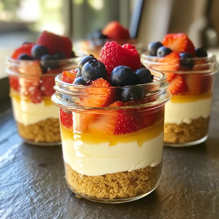 To make these Greek yogurt cheesecake jars, you will need a few key ingredients: - 2 cups Greek yogurt (preferably full-fat for creaminess) - 8 oz cream cheese, softened - 1/2 cup honey or maple syrup (adjust to taste) - 1 teaspoon vanilla extract - 1 tablespoon lemon juice - 1/4 teaspoon salt - 1 cup graham cracker crumbs - 1/4 cup unsalted butter, melted - Fresh berries (strawberries, blueberries, or raspberries) for topping These ingredients work together to create a creamy, flavorful dessert. The Greek yogurt gives it a rich taste while keeping the protein high. You can choose between honey and maple syrup for sweetening. Honey adds a floral note and is very thick. Maple syrup is thinner and has a unique taste. Both work well, so it depends on your preference. If you want a lighter sweetness, use less than half a cup. Always taste as you mix to find your perfect balance! Fresh berries make a great topping. They add color and a fruity kick. You can use strawberries, blueberries, or raspberries. Each brings a different flavor to the dish. For extra zest, consider adding a sprig of mint on top. It looks great and adds a fresh taste. You can also drizzle a bit more honey or maple syrup for added sweetness. To start, gather your graham cracker crumbs and melted butter. In a medium bowl, mix the crumbs and butter. You want the crumbs to be well coated. Once mixed, take about two tablespoons of the mixture for each jar. Press it down lightly to form a nice base. This crust gives a great crunch and flavor. Now, let’s make the filling. In a large mixing bowl, add the softened cream cheese and Greek yogurt. Beat them together until smooth. It’s important to mix well, so there are no lumps. Then, add in the honey or maple syrup, vanilla extract, lemon juice, and salt. Blend everything until it’s creamy. This filling is rich and packed with protein, thanks to the Greek yogurt. Next, you’ll layer the jars. Spoon the cheesecake filling over the crust in each jar. Fill them about three-quarters full. This allows some space for toppings. Once filled, cover the jars and place them in the fridge. Let them chill for at least two hours. This helps the flavors meld and the cheesecake set. Before serving, top each jar with fresh berries for a burst of color and taste. Enjoy your delightful creation! To make your cheesecake creamy, use full-fat Greek yogurt. This yogurt has a rich flavor and smooth texture. Soften the cream cheese before mixing. It blends easier and gives a nice creaminess. Beat the two together well until smooth. Avoid lumps for the best outcome. Yes, you can prepare these jars ahead of time. Make the cheesecake filling and crust the day before. Assemble the jars and chill them overnight. This waiting time helps the flavors mix well. It also allows the cheesecake to set nicely. Presentation matters! Use clear jars to show off the layers. Top each jar with fresh berries. This adds color and flavor. You can also add a sprig of mint for a touch of green. The jars look even more fun this way! {{image_2}} You can easily change the flavor of your Greek yogurt cheesecake jars. Try adding citrus zest or juice for a fresh twist. Lemon or orange zest brightens the taste. Just add one to two teaspoons to the filling. For a rich chocolate flavor, mix in cocoa powder. Start with two tablespoons and adjust to your taste. Both options keep your dessert fun and exciting! This recipe is easy to adapt for different diets. You can make it gluten-free by using gluten-free graham crackers. Look for brands that offer this option for the crust. To make it vegan, swap cream cheese for a plant-based cream cheese. Use maple syrup as your sweetener. Make sure your yogurt is dairy-free. These changes let everyone enjoy this tasty treat! Seasonal fruits and spices can enhance your cheesecake jars. In summer, fresh berries like strawberries or blueberries add sweetness. In fall, try adding pumpkin spice or cinnamon. You can also layer in sliced peaches or apples in spring. These additions not only boost flavor but also make your jars look beautiful. To keep your Greek yogurt cheesecake jars fresh, cover them tightly. I recommend using plastic wrap or a lid. Store them in the fridge for up to five days. This keeps the cheesecake creamy and delicious. If you notice any moisture inside, it’s best to eat them soon. Freezing is a great option if you have extra jars. First, allow them to cool completely. Then, cover each jar with plastic wrap and foil. This helps prevent freezer burn. You can freeze them for up to three months. When you’re ready to enjoy, move them to the fridge overnight to thaw. Reheating cheesecake may seem odd, but it’s easy. If you want to warm your cheesecake slightly, remove the lid and microwave it. Heat in short bursts, about 10 seconds at a time. This keeps the texture nice. Avoid overheating, as this can make it grainy. Enjoy your treat warm or cold! Each jar of Greek yogurt cheesecake packs around 15-20 grams of protein. Greek yogurt is rich in protein, making it a great choice. The cream cheese adds more protein, too. This dessert is not just tasty; it’s a healthy treat that fills you up. Yes, you can use non-fat Greek yogurt. However, the texture will be less creamy. Full-fat Greek yogurt adds richness and flavor. If you prefer a lighter version, non-fat yogurt works well. Just keep in mind that it may change the taste slightly. You can store cheesecake jars in the fridge for about 3-5 days. Make sure to cover them well to keep them fresh. If you want to keep them longer, consider freezing them. Just be aware that freezing may affect the texture. This blog post explored making Greek yogurt cheesecake jars from start to finish. We discussed key ingredients, like sweeteners and toppings. You learned step-by-step instructions for the crust and filling. We also covered tips for a creamy texture and how to store leftovers. Finally, variations included flavors and dietary options. Making these jars is fun and flexible. Enjoy experimenting with different tastes and sharing your creations!