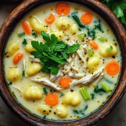 - 1 lb (450g) boneless, skinless chicken breasts - 4 cups chicken broth - 1 cup carrots, diced - 1 cup celery, diced - 1 cup potatoes, diced - 4 cloves garlic, minced - 1 teaspoon dried thyme - 1 teaspoon dried oregano - 1/2 teaspoon black pepper - 1 cup heavy cream - 2 cups fresh spinach - 1 lb (450g) refrigerated gnocchi - Salt to taste To make this creamy chicken gnocchi soup, you need fresh and quality ingredients. Start with boneless, skinless chicken breasts. They provide a lean protein base for the soup. Chicken broth adds depth and flavor. Choose low-sodium broth to control the salt level. Next, gather your veggies. Carrots, celery, and potatoes bring texture and sweetness. Diced potatoes give a hearty feel. Minced garlic adds a punch of flavor. For herbs, dried thyme and oregano pair well with the chicken. Black pepper adds a mild heat. Heavy cream makes the soup rich and creamy. Finally, use refrigerated gnocchi for a tender and fluffy texture. This combination creates a delicious meal everyone will love. - Fresh parsley, chopped - Additional seasoning suggestions Fresh parsley adds a pop of color and freshness. Sprinkle it on just before serving. You can also try adding more black pepper or a sprinkle of chili flakes for a kick. Other seasonings, like a squeeze of lemon juice, can brighten the soup. Play with these garnishes to suit your taste. - Chopping Vegetables Start by washing your carrots, celery, and potatoes. Dice the carrots into small pieces. Cut the celery into equal-sized bits. Chop the potatoes into cubes. This helps them cook evenly. Mince the garlic cloves as well. Remember, fresh garlic adds a nice flavor. - Shredding Chicken Once the chicken is cooked, take it out of the slow cooker. Use two forks to shred the chicken into small pieces. This makes it easier to mix into the soup later. Set the shredded chicken aside for now. - Combining Ingredients In your slow cooker, add the chicken breasts, chicken broth, diced carrots, celery, potatoes, and minced garlic. Sprinkle in the dried thyme, dried oregano, and black pepper. Stir everything gently to combine. Make sure all the ingredients are well mixed. - Cooking Times and Settings Cover the slow cooker with its lid. Set it to cook on low for 6-7 hours. If you’re short on time, you can set it to high for 3-4 hours. The chicken should be cooked through, and the vegetables should be tender when done. - Adding Cream and Gnocchi After cooking, return the shredded chicken to the slow cooker. Stir in the heavy cream and the gnocchi. Cover again and cook on high for an extra 30 minutes. The gnocchi will float when they are ready. - Incorporating Spinach Just before serving, add the fresh spinach to the soup. Stir it in and let it wilt for about 5 minutes. This adds color and nutrients to your soup. Taste and add salt if needed before serving. - Adjusting Heavy Cream Amount To get the right creaminess, you can change the heavy cream amount. If you want it richer, add more. Start with 1 cup. For lighter soup, use 3/4 cup. Taste before serving to find your perfect balance. - Alternative Cream Options If you want a lighter option, try half-and-half instead of heavy cream. You can also use coconut cream for a dairy-free choice. It adds a nice flavor while keeping the soup creamy. - Cooking Tips for Gnocchi For the best gnocchi, add them toward the end of cooking. This keeps them soft and tender. Cook them for about 30 minutes in the soup. Check if they float; that means they are ready! - Tips for Serving Serve the soup hot. Place a scoop of gnocchi in each bowl and ladle the soup over it. Garnish with fresh parsley for a pop of color and flavor. This makes your dish look and taste great. - Overcooking Chicken Be careful not to overcook the chicken. It can become dry and tough. Cook just until it shreds easily. This keeps your soup moist and flavorful. - Soggy Vegetables Avoid mushy veggies by not cooking them too long. Add them at the start of cooking, but check if they are tender before serving. They should be soft yet hold their shape. This adds texture to your soup. {{image_2}} You can switch proteins in this soup. Turkey works well as a substitute. Just use the same weight as chicken. It will taste great too. You can also try using diced tofu for a plant-based option. For vegetables, feel free to mix it up. Zucchini, bell peppers, or peas add nice flavors. Just chop them into small pieces for even cooking. Adding cheese can boost the flavor. Try grated Parmesan or creamy Gouda. Mix it in just before serving for a rich taste. Herbs change the soup's taste too. Fresh basil or rosemary can add a new layer of flavor. You might even try a dash of red pepper flakes for a kick. Want a gluten-free soup? Choose gluten-free gnocchi. Many stores sell it now. Just check the package to be sure. If you need a dairy-free option, use coconut milk instead of heavy cream. It adds a nice hint of sweetness. You can also replace cream with a plant-based alternative. For storing leftovers, use an airtight container. Glass containers work great. You can also use plastic containers if you prefer. Make sure to cool the soup first before sealing it. Store it in the fridge for up to three days. If you want to enjoy it later, freezing is a good option. To freeze the soup, let it cool completely. Pour it into freezer-safe bags or containers. Leave some space at the top, as soup expands when frozen. It’s best to use it within three months for optimal taste. When you’re ready to eat, thaw it in the fridge overnight. Reheat it on the stove over low heat. Stir it well and add a splash of water or broth if needed. This creamy chicken gnocchi soup pairs well with crusty bread. A fresh salad on the side adds a nice crunch. You can also serve it with garlic bread for a hearty meal. If you want a little kick, try adding a sprinkle of red pepper flakes. Enjoy your soup with a side of good company! Yes, you can use frozen chicken. Just add an extra hour to the cook time. The slow cooker cooks it evenly, making it safe and tasty. This method keeps the chicken moist and tender. If you forget to thaw, no worries! Frozen chicken works great here. If you want a lighter option, use half-and-half or whole milk. For dairy-free, try coconut milk or cashew cream. These choices still add creaminess but change the flavor slightly. Adjust the amount to keep the soup rich and flavorful. Check that the chicken reaches 165°F (74°C). Use a meat thermometer for accuracy. If you don't have one, look for no pink inside. The chicken should shred easily with a fork. This tells you it's done and safe to eat. Yes, you can cook it on the stove. Start by sautéing the veggies and garlic in a pot. Then add the chicken and broth. Let it simmer for about 30 minutes until the chicken is done. Shred it, add the cream and gnocchi, and cook until the gnocchi are tender. This method speeds up the cooking time. This blog post lays out a simple yet tasty slow cooker recipe. We covered the main ingredients like chicken, veggies, and herbs for flavor. I shared tips for cooking, ensuring creamy texture, and avoiding common mistakes. You can also swap ingredients to suit your taste. As you try this recipe, remember that cooking should be fun and creative. Enjoy making it yours with different flavors and add-ons. Your effort will surely pay off in a delicious meal. Keep exploring and happy cooking!