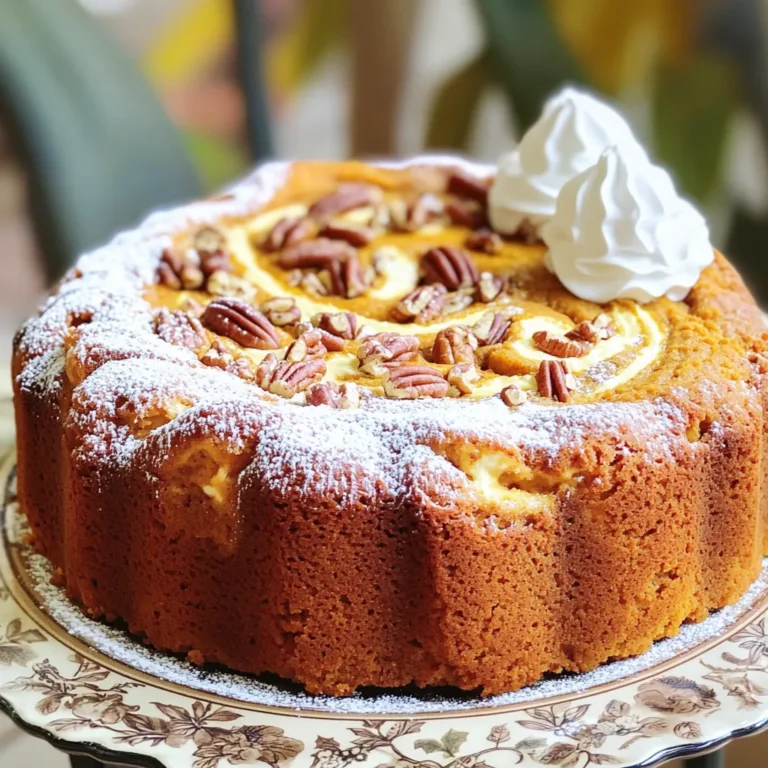 - 2 cups all-purpose flour - 1 teaspoon baking powder - 1 teaspoon baking soda - 1 teaspoon ground cinnamon - ½ teaspoon ground nutmeg - ½ teaspoon salt - 1 cup granulated sugar - ½ cup unsalted butter, softened - 2 large eggs - 1 cup canned pumpkin puree - 1 teaspoon vanilla extract - 8 oz cream cheese, softened - ¼ cup powdered sugar - 1 tablespoon orange zest (optional) - ½ cup chopped pecans I love how simple yet tasty this pumpkin cream cheese coffee cake is. The dry ingredients, like flour and baking soda, form the base. They give the cake its fluffy structure. The spices, like cinnamon and nutmeg, add warmth and flavor. You can smell them as they bake. For wet ingredients, you have sugar, butter, and eggs. They mix together to create a sweet and rich batter. Canned pumpkin puree brings moisture and a lovely orange hue. Vanilla extract brightens the flavor. Cream cheese adds a creamy layer that makes each bite special. If you want a bit of crunch, consider adding chopped pecans. They give a nice texture and taste. The orange zest is optional, but it adds brightness. You can skip it if you want a more traditional flavor. Gather these ingredients, and you’re ready to create something delicious! - Preheat your oven to 350°F (175°C). - Grease a 9x13 inch baking pan or line it with parchment paper. - In a medium bowl, whisk together: - 2 cups all-purpose flour - 1 teaspoon baking powder - 1 teaspoon baking soda - 1 teaspoon ground cinnamon - ½ teaspoon ground nutmeg - ½ teaspoon salt - In a large mixing bowl, cream together: - 1 cup granulated sugar - ½ cup unsalted butter, softened - Mix these until fluffy, about 3 minutes. - Add 2 large eggs, one at a time, mixing well after each. - Then, stir in: - 1 cup canned pumpkin puree - 1 teaspoon vanilla extract - Gradually add the dry ingredients from the medium bowl. - Stir until just combined. Do not overmix. - In a small bowl, mix: - 8 oz cream cheese, softened - ¼ cup powdered sugar - 1 tablespoon orange zest (optional) - Mix until smooth and creamy. - Pour half of the pumpkin batter into the prepared pan. - Smooth it out evenly. - Dollop spoonfuls of the cream cheese mixture over the pumpkin layer. - Pour the remaining batter on top to cover it. - If you like, sprinkle ½ cup chopped pecans on top for added crunch. - Bake in the preheated oven for 30-35 minutes. - Check for doneness by inserting a toothpick into the center. - If it comes out clean, your cake is done! - Let the cake cool in the pan for about 10 minutes. - Then transfer it to a wire rack to cool completely. To get a fluffy cake, avoid overmixing. Mix the wet and dry ingredients just until combined. This keeps the cake light and airy. For the cream cheese filling, use room temperature cream cheese. Cold cream cheese does not blend well. It can cause lumps in the filling. Serve slices on a pretty plate. Dust the top with extra powdered sugar for a clean look. Add a dollop of whipped cream or a scoop of vanilla ice cream. These make each slice more inviting. You can also sprinkle chopped pecans on top for a crunchy finish. One common mistake is overbaking the cake. Check for doneness by inserting a toothpick into the center. If it comes out clean, it’s done. Another mistake is not letting the cake cool before slicing. This can make the slices fall apart. {{image_2}} You can make this cake even better by adding more flavors. Think about adding spices like ginger or allspice to boost the warmth. These spices add a nice kick and make the cake feel cozy. You can also mix in different nuts or chocolate chips. Pecans add a lovely crunch, while chocolate chips give a sweet surprise. Feel free to be creative! If you need gluten-free options, you can easily switch the flour. Use a gluten-free blend that works well for baking. This will keep the cake light and fluffy. For vegan options, replace eggs with flax eggs or applesauce. You can also swap cream cheese with a dairy-free version. These changes keep the taste delicious while fitting your diet. This cake works great for holidays too! For a fun twist, add cranberries for a tart flavor. You can also mix in chocolate for a rich treat. These seasonal additions can turn your coffee cake into a festive dessert. It’s a great way to enjoy the flavors of the season! To keep your pumpkin cream cheese coffee cake fresh, store it at room temperature. Use a cake dome or wrap it in plastic wrap. This helps keep moisture in. The cake tastes best within three days. If you have leftover cake, keep it in a cool, dry place. Avoid putting it in direct sunlight to maintain its flavor. For longer storage, you can freeze the cake. Cut it into serving-sized pieces. Wrap each piece tightly in plastic wrap. Then, place the wrapped pieces in a freezer-safe bag. This will help prevent freezer burn. The cake can last up to three months in the freezer. When you’re ready to enjoy it, thaw the cake in the fridge overnight. To reheat, place the thawed cake in a preheated oven at 350°F (175°C) for about 10 minutes. This will warm it up and bring back its soft texture. You can also use the microwave for quick reheating. Heat a slice for 15-20 seconds. In general, pumpkin cream cheese coffee cake lasts about three days at room temperature. If you store it in the fridge, it can last up to a week. When frozen, the cake maintains its best taste for about three months. After that, it may lose some flavor and texture but is still safe to eat. Always check for any signs of spoilage before consuming. Yes, you can use fresh pumpkin. Just cook and puree it first. The texture will be different but still tasty. If you use fresh pumpkin, aim for about 1 cup of pureed pumpkin. You can use Greek yogurt or ricotta cheese. Both options will keep the creaminess. For a dairy-free option, try silken tofu blended until smooth. This will change the flavor slightly, but it will still be good. Yes, you can double or halve this recipe. Just adjust the ingredient amounts. Use a larger pan if you double it, or a smaller one if you halve it. Keep an eye on the baking time, as it may change. To check if the cake is done, insert a toothpick in the center. If it comes out clean, the cake is ready. If it has batter on it, bake for a few more minutes. Yes, you can make this cake ahead of time. Bake it and let it cool, then store it in the fridge. It will stay fresh for up to three days. You can also freeze it for longer storage. Just wrap it well to avoid freezer burn. This blog post covered all you need to make a delicious pumpkin cream cheese coffee cake. Remember to mix the dry and wet ingredients carefully and avoid overmixing. Try out different spices or nuts for flavor twists. Store your cake properly so it stays fresh. With these tips, you’ll bake a tasty treat everyone will love. Enjoy your baking journey and share your results!