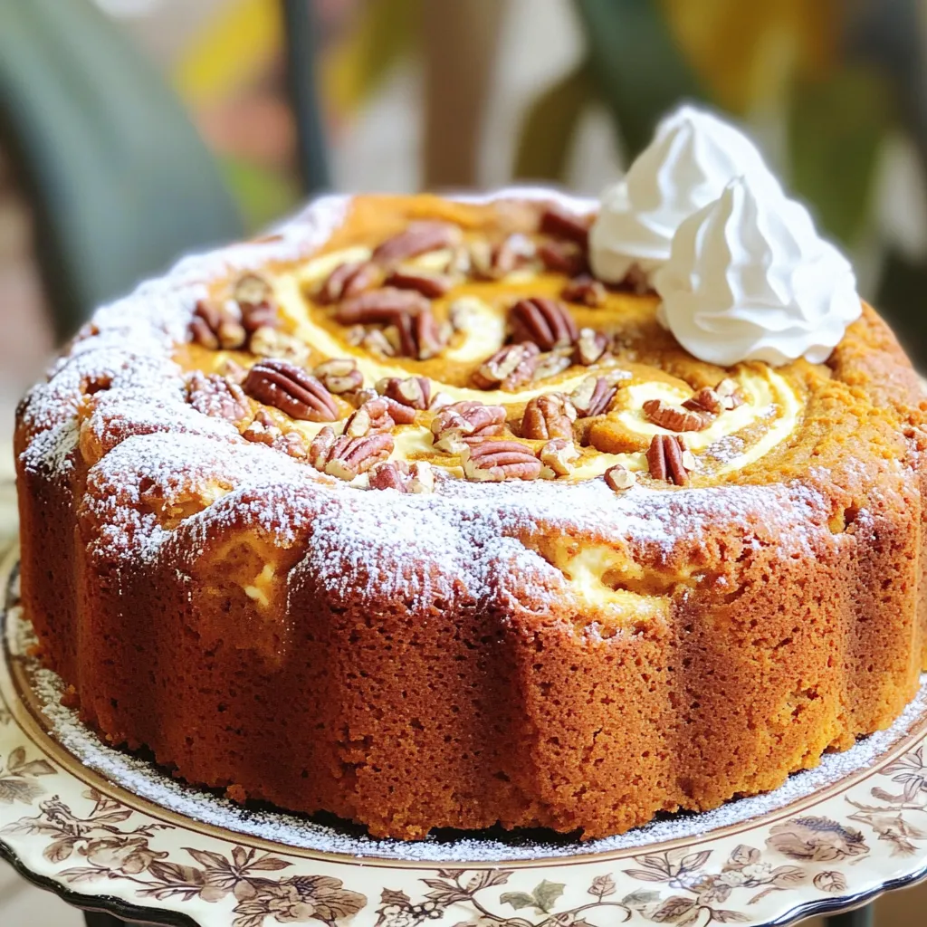 - 2 cups all-purpose flour - 1 teaspoon baking powder - 1 teaspoon baking soda - 1 teaspoon ground cinnamon - ½ teaspoon ground nutmeg - ½ teaspoon salt - 1 cup granulated sugar - ½ cup unsalted butter, softened - 2 large eggs - 1 cup canned pumpkin puree - 1 teaspoon vanilla extract - 8 oz cream cheese, softened - ¼ cup powdered sugar - 1 tablespoon orange zest (optional) - ½ cup chopped pecans I love how simple yet tasty this pumpkin cream cheese coffee cake is. The dry ingredients, like flour and baking soda, form the base. They give the cake its fluffy structure. The spices, like cinnamon and nutmeg, add warmth and flavor. You can smell them as they bake. For wet ingredients, you have sugar, butter, and eggs. They mix together to create a sweet and rich batter. Canned pumpkin puree brings moisture and a lovely orange hue. Vanilla extract brightens the flavor. Cream cheese adds a creamy layer that makes each bite special. If you want a bit of crunch, consider adding chopped pecans. They give a nice texture and taste. The orange zest is optional, but it adds brightness. You can skip it if you want a more traditional flavor. Gather these ingredients, and you’re ready to create something delicious! - Preheat your oven to 350°F (175°C). - Grease a 9x13 inch baking pan or line it with parchment paper. - In a medium bowl, whisk together: - 2 cups all-purpose flour - 1 teaspoon baking powder - 1 teaspoon baking soda - 1 teaspoon ground cinnamon - ½ teaspoon ground nutmeg - ½ teaspoon salt - In a large mixing bowl, cream together: - 1 cup granulated sugar - ½ cup unsalted butter, softened - Mix these until fluffy, about 3 minutes. - Add 2 large eggs, one at a time, mixing well after each. - Then, stir in: - 1 cup canned pumpkin puree - 1 teaspoon vanilla extract - Gradually add the dry ingredients from the medium bowl. - Stir until just combined. Do not overmix. - In a small bowl, mix: - 8 oz cream cheese, softened - ¼ cup powdered sugar - 1 tablespoon orange zest (optional) - Mix until smooth and creamy. - Pour half of the pumpkin batter into the prepared pan. - Smooth it out evenly. - Dollop spoonfuls of the cream cheese mixture over the pumpkin layer. - Pour the remaining batter on top to cover it. - If you like, sprinkle ½ cup chopped pecans on top for added crunch. - Bake in the preheated oven for 30-35 minutes. - Check for doneness by inserting a toothpick into the center. - If it comes out clean, your cake is done! - Let the cake cool in the pan for about 10 minutes. - Then transfer it to a wire rack to cool completely. To get a fluffy cake, avoid overmixing. Mix the wet and dry ingredients just until combined. This keeps the cake light and airy. For the cream cheese filling, use room temperature cream cheese. Cold cream cheese does not blend well. It can cause lumps in the filling. Serve slices on a pretty plate. Dust the top with extra powdered sugar for a clean look. Add a dollop of whipped cream or a scoop of vanilla ice cream. These make each slice more inviting. You can also sprinkle chopped pecans on top for a crunchy finish. One common mistake is overbaking the cake. Check for doneness by inserting a toothpick into the center. If it comes out clean, it’s done. Another mistake is not letting the cake cool before slicing. This can make the slices fall apart. {{image_2}} You can make this cake even better by adding more flavors. Think about adding spices like ginger or allspice to boost the warmth. These spices add a nice kick and make the cake feel cozy. You can also mix in different nuts or chocolate chips. Pecans add a lovely crunch, while chocolate chips give a sweet surprise. Feel free to be creative! If you need gluten-free options, you can easily switch the flour. Use a gluten-free blend that works well for baking. This will keep the cake light and fluffy. For vegan options, replace eggs with flax eggs or applesauce. You can also swap cream cheese with a dairy-free version. These changes keep the taste delicious while fitting your diet. This cake works great for holidays too! For a fun twist, add cranberries for a tart flavor. You can also mix in chocolate for a rich treat. These seasonal additions can turn your coffee cake into a festive dessert. It’s a great way to enjoy the flavors of the season! To keep your pumpkin cream cheese coffee cake fresh, store it at room temperature. Use a cake dome or wrap it in plastic wrap. This helps keep moisture in. The cake tastes best within three days. If you have leftover cake, keep it in a cool, dry place. Avoid putting it in direct sunlight to maintain its flavor. For longer storage, you can freeze the cake. Cut it into serving-sized pieces. Wrap each piece tightly in plastic wrap. Then, place the wrapped pieces in a freezer-safe bag. This will help prevent freezer burn. The cake can last up to three months in the freezer. When you’re ready to enjoy it, thaw the cake in the fridge overnight. To reheat, place the thawed cake in a preheated oven at 350°F (175°C) for about 10 minutes. This will warm it up and bring back its soft texture. You can also use the microwave for quick reheating. Heat a slice for 15-20 seconds. In general, pumpkin cream cheese coffee cake lasts about three days at room temperature. If you store it in the fridge, it can last up to a week. When frozen, the cake maintains its best taste for about three months. After that, it may lose some flavor and texture but is still safe to eat. Always check for any signs of spoilage before consuming. Yes, you can use fresh pumpkin. Just cook and puree it first. The texture will be different but still tasty. If you use fresh pumpkin, aim for about 1 cup of pureed pumpkin. You can use Greek yogurt or ricotta cheese. Both options will keep the creaminess. For a dairy-free option, try silken tofu blended until smooth. This will change the flavor slightly, but it will still be good. Yes, you can double or halve this recipe. Just adjust the ingredient amounts. Use a larger pan if you double it, or a smaller one if you halve it. Keep an eye on the baking time, as it may change. To check if the cake is done, insert a toothpick in the center. If it comes out clean, the cake is ready. If it has batter on it, bake for a few more minutes. Yes, you can make this cake ahead of time. Bake it and let it cool, then store it in the fridge. It will stay fresh for up to three days. You can also freeze it for longer storage. Just wrap it well to avoid freezer burn. This blog post covered all you need to make a delicious pumpkin cream cheese coffee cake. Remember to mix the dry and wet ingredients carefully and avoid overmixing. Try out different spices or nuts for flavor twists. Store your cake properly so it stays fresh. With these tips, you’ll bake a tasty treat everyone will love. Enjoy your baking journey and share your results!