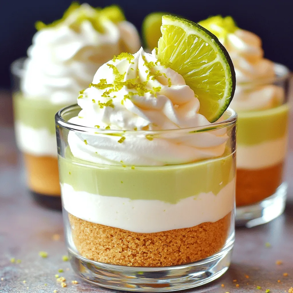 These are the main ingredients for my no bake key lime cheesecake cups: - 1 cup graham cracker crumbs - 4 tablespoons unsalted butter, melted - 1 (8 oz) package cream cheese, softened - 1/2 cup powdered sugar - 1/4 cup sour cream - 1/4 cup fresh key lime juice (or regular lime juice) - 1 teaspoon vanilla extract - Whipped cream, for topping - Lime zest, for garnish - Key lime slices, for garnish Each ingredient plays a part in making this treat creamy and zesty. The cream cheese gives it a rich texture, while the key lime juice adds that tangy flavor we love. You can switch some ingredients if needed. Here are a few ideas: - Use graham cracker crumbs or crushed cookies for the crust. - Swap unsalted butter with coconut oil for a dairy-free option. - Choose any soft cheese, like mascarpone, for a different taste. - If you don't have key limes, regular limes work just as well. These swaps keep the recipe fun and flexible. You can still enjoy this dessert even if you are out of key ingredients. Accurate measuring helps your cheesecake cups turn out great. Here are some tips: - Use a kitchen scale for precise measurements of cream cheese and butter. - When measuring sticky ingredients like honey or syrup, spray the measuring cup with cooking oil first. - For dry ingredients like graham cracker crumbs, spoon them into the measuring cup, then level off with a knife to avoid packing. - Always pack down the graham cracker mixture tightly in the cups for a sturdy crust. Measuring correctly ensures your dessert sets well and tastes amazing. It’s all about getting the right balance for the best no bake key lime cheesecake cups! To start, grab a medium bowl and mix together the graham cracker crumbs and melted butter. Stir it until it looks like wet sand. This mixture forms a tasty base for the cheesecake. Next, take four serving cups and divide the crust mixture evenly among them. Press it down firmly to make a nice layer at the bottom. This step gives your cheesecake a solid foundation. Now, let’s make the filling. In a separate bowl, beat the softened cream cheese with an electric mixer until it’s smooth. This step is key for a creamy texture. Gradually add the powdered sugar, sour cream, lime juice, and vanilla extract. Keep mixing until everything is smooth and fully combined. This filling is where the key lime flavor shines. Next, spoon the cheesecake filling over each crust. Fill them about three-quarters full. This allows room for toppings later. Once filled, cover the cups with plastic wrap. It’s time to chill! Place them in the fridge for at least two hours. This helps the flavors blend and the filling set. After chilling, top each cup with whipped cream, lime zest, and a slice of key lime. Your no-bake key lime cheesecake cups are now ready to enjoy! When making No Bake Key Lime Cheesecake Cups, avoid these common errors: - Using cold cream cheese: Always soften your cream cheese. Cold cream cheese clumps and won't mix well. - Not pressing the crust firmly: Be sure to press the graham cracker mixture down. A loose crust will fall apart. - Skipping chill time: Do not rush the chilling step. It helps the flavors mix and the cheesecake set. - Overmixing the filling: Mix just until smooth. Overmixing can add air and change the texture. These cheesecake cups look great and taste even better. Here are a few ideas to serve them: - Top each cup with whipped cream and lime zest for a fresh look. - Add a slice of key lime on top for a fun touch. - Serve them on a colorful plate to brighten your table. - Pair them with fresh berries for extra flavor and color. You can prepare these cheesecake cups in advance. Here’s how: - Make them a day early: They taste even better after chilling overnight. - Store covered: Keep them wrapped in plastic wrap in the fridge. - Don’t add toppings too soon: Wait to add whipped cream and garnishes until just before serving. - Freeze for later: You can freeze the filling and crust separately. Just thaw and assemble when ready. {{image_2}} You can add a twist to your key lime cheesecake cups by making them chocolate. Just melt some dark chocolate and mix it into the cheesecake filling. Use about 1/4 cup of melted chocolate for every batch. This adds a rich, sweet touch. You still get that zing from the lime, but now with a chocolatey depth. Top these cups with chocolate shavings for a fun look. Fruits pair well with key lime cheesecake. You can add fresh berries, like strawberries or blueberries, on top. They add color and sweetness. You might also try mango or pineapple for a tropical vibe. If you want to mix flavors, blend in some pureed fruit into the filling. This way, you create a unique taste for each cup. If you want a vegan version, swap out the cream cheese with vegan cream cheese. Use coconut cream instead of sour cream. For a sweet touch, maple syrup works well in place of powdered sugar. You can still enjoy the tangy flavor of lime juice. These changes keep the creamy texture while making it dairy-free. To store leftover cheesecake cups, cover them with plastic wrap or a lid. Keep them in the fridge. They stay fresh for up to three days. If you want to enjoy them later, make sure they are well covered to avoid drying out. You can freeze these cheesecake cups, but they need some care. First, freeze them without the toppings. Once they are frozen solid, wrap them well in plastic wrap. Then, put them in an airtight container. They can last up to three months in the freezer. When you are ready to eat, thaw them in the fridge overnight. These cheesecake cups taste best within the first few days. After that, the texture may change. If you notice any off smells or flavors, it’s best to toss them out. Always check for any signs of spoilage. If stored properly, they can last up to three days in the fridge or three months in the freezer. Enjoy your delicious dessert! Yes, you can use regular lime juice. Key limes are sweeter and more fragrant. If you use regular limes, the taste may change slightly. The cheesecake will still be tasty and fresh, just not as rich in flavor. You should chill the cheesecake cups for at least 2 hours. This time helps the flavors blend and the filling to set. If you can wait longer, the taste will be even better. I recommend chilling overnight for the best result. Yes, you can make these cups gluten-free. Just use gluten-free graham cracker crumbs instead of regular ones. This small change makes the dessert safe for those with gluten allergies. The rest of the recipe stays the same, and it will still taste great! To wrap up, we've explored key ingredients, step-by-step instructions, and helpful tips for making cheesecake cups. We looked at variations like chocolate key lime and vegan options. Remember to store any leftovers properly and freeze them for later enjoyment. With this guide, you can create delicious treats with ease. Enjoy your cheesecake cups and share them with friends for a sweet delight!
