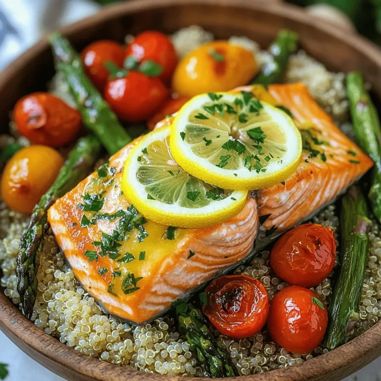 - 4 salmon fillets - 2 tablespoons olive oil - 2 lemons (1 for juice, 1 for slices) - 2 teaspoons dried oregano - 2 teaspoons dried thyme - 1 teaspoon garlic powder - 1 teaspoon paprika - Salt and pepper to taste - 1 cup quinoa, rinsed - 2 cups vegetable broth or water - 1 cup cherry tomatoes, halved - 1 cup asparagus, trimmed and cut into 2-inch pieces - Fresh parsley or cilantro, chopped (for garnish) You need a few key tools for this dish. Grab a sheet pan, parchment paper, and a small bowl for mixing. You will also want a sharp knife and a cutting board. A saucepan for cooking quinoa is essential too. This dish packs a punch with nutrients. Each serving provides healthy fats from the salmon and olive oil. The quinoa adds fiber and protein, making the meal filling. The veggies, asparagus, and tomatoes, offer vitamins and minerals. This bowl is good for your body and your taste buds! Start by mixing your marinade. In a small bowl, combine 2 tablespoons of olive oil with the juice of one lemon. Add 2 teaspoons of dried oregano, 2 teaspoons of dried thyme, 1 teaspoon of garlic powder, and 1 teaspoon of paprika. Season with salt and pepper to taste. This mix brings out the best flavors in the salmon. Preheat your oven to 400°F (200°C). Line a sheet pan with parchment paper for easy cleanup. Place 4 salmon fillets on one side of the pan. Brush half of your lemon herb marinade on top of each fillet. On the other side, arrange 1 cup of halved cherry tomatoes and 1 cup of trimmed asparagus cut into 2-inch pieces. Drizzle the remaining marinade over the veggies. Finish by placing thin lemon slices on the salmon. Now it’s time to bake! Place the sheet pan in your preheated oven. Bake for about 15-20 minutes. You’ll know it’s ready when the salmon flakes easily with a fork and the veggies are tender. Keep an eye on it to avoid overcooking. While the salmon and vegetables bake, cook your quinoa. In a saucepan, bring 2 cups of vegetable broth or water to a boil. Add 1 cup of rinsed quinoa. Reduce the heat, cover, and let it simmer for about 15 minutes. The quinoa will be fluffy, and all the liquid should be absorbed when done. This adds a nice base to your bowls. When picking salmon, look for bright, shiny skin. The flesh should be firm and springy. Fresh salmon has a clean, ocean-like smell. Avoid fish with a strong, fishy odor. Check for vibrant color; deep pink or red is best. If you can, buy salmon from a trusted source. This ensures quality and taste. Use a heavy-duty sheet pan for even cooking. Line it with parchment paper for easy cleanup. Arrange the salmon and veggies in a single layer. This helps them cook evenly. Don’t overcrowd the pan; give each piece room to breathe. This way, everything roasts, not steams. Always preheat your oven to the right temperature. This step is key for perfect results. To boost flavor, try adding fresh herbs like dill or basil. Squeeze extra lemon juice over the dish before serving. This adds a bright finish. You can also sprinkle a little feta cheese on top for a salty kick. For a smoky taste, add some smoked paprika. Don’t forget to adjust the seasoning to your liking. Taste as you go to find your perfect balance. {{image_2}} You can swap in other veggies for the cherry tomatoes and asparagus. Try bell peppers, zucchini, or broccoli. Each vegetable brings its own taste. This allows you to mix colors and textures. So, feel free to get creative with your choices. Just make sure to cut them into similar sizes for even cooking. Quinoa is great, but you can try other grains too. Brown rice or farro work well. Both add a nutty flavor. You could also use couscous for a quicker option. Each grain has its own texture and taste. Choose what you love or what you have on hand. If you don’t have oregano or thyme, don’t worry! You can use basil or dill instead. Both herbs add a fresh taste. You can also try fresh herbs for a bolder flavor. Just chop them finely and mix them in. You can easily customize the dish to match your taste. After you enjoy your Lemon Herb Salmon Bowls, store any leftovers quickly. Let the salmon and veggies cool down to room temperature. Place them in an airtight container. These bowls stay fresh in the fridge for up to three days. For best taste, eat them within this time. You can freeze the Lemon Herb Salmon Bowls too. However, I suggest freezing only the salmon and quinoa. Place them in a freezer-safe bag. Remove as much air as possible. They can last for up to three months in the freezer. Just remember, freezing may alter the texture of the veggies. When you are ready to eat, reheating is simple. If the salmon and quinoa are frozen, thaw them overnight in the fridge. To reheat, place everything in the oven at 350°F (175°C) for about 15 minutes. You can also use the microwave. Heat in short bursts, stirring in between. Enjoy your meal warm for the best flavor! You should cook salmon on a sheet pan for about 15 to 20 minutes. The salmon is ready when it flakes easily with a fork. Cooking times may vary based on thickness, so check for doneness. Yes, you can use fresh herbs! Fresh herbs add great flavor. Use three times more fresh herbs than dried. For example, use 6 teaspoons of fresh oregano instead of 2 teaspoons of dried. You can serve lemon herb salmon bowls with a side of leafy greens. They add crunch and freshness. A light vinaigrette pairs well with the meal. You can also add avocado slices for creaminess. Absolutely! This recipe is great for meal prep. You can store the salmon, quinoa, and veggies in separate containers. They stay fresh for up to four days in the fridge. Just reheat when you’re ready to enjoy! This post covered how to make lemon herb salmon bowls. We discussed ingredients, tools, nutritional facts, and step-by-step cooking. I shared tips on fresh salmon, cooking methods, and flavor ideas. You can also explore variations with veggies, grains, and herbs. Remember, cooking can be fun and easy. Use these steps to make a tasty dish. Your healthy meals can be quick with some planning. Enjoy your cooking and the delicious results!