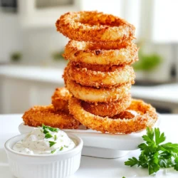 To make crispy air fryer onion rings, gather these key items: - 2 large onions, sliced into ¼ inch thick rings - 1 cup all-purpose flour - 2 large eggs - 1 cup breadcrumbs (panko for extra crunch) - 1 teaspoon garlic powder - 1 teaspoon paprika - Salt and pepper to taste - Cooking spray These ingredients create a great balance of flavor and texture. The onions add sweetness, while the spices bring warmth and zest. For the zesty garlic dip, you need: - ½ cup Greek yogurt - 1 tablespoon mayonnaise - 2 cloves garlic, minced - 1 teaspoon lemon juice - Salt to taste This dip pairs well with the crispy onion rings. Greek yogurt gives it a creamy base, while garlic provides a punch. Feel free to customize your onion rings and dip with these extras: - Add cayenne pepper for heat - Sprinkle fresh herbs like parsley or chives - Use different cheeses in the dip, like feta These optional ingredients can elevate your dish and make it unique. Experimenting with flavors can lead to exciting new tastes! First, preheat your air fryer to 375°F (190°C) for about 5 minutes. This step is key for crispy onion rings. A hot air fryer cooks them evenly and quickly. Next, peel and slice the onions into ¼-inch thick rings. Separate each ring carefully. Now, set up a three-bowl breading station. In the first bowl, mix flour with salt and pepper. In the second bowl, beat the two eggs. In the last bowl, combine breadcrumbs, garlic powder, paprika, and a pinch of salt. For each onion ring, dip it in the flour mix first. Then, coat it in the egg, letting any excess drip off. Finally, roll it in the breadcrumb mix. Make sure each ring is fully covered. This ensures maximum crunch when cooked. While the onion rings are ready to fry, prepare the garlic dip. In a bowl, mix together the Greek yogurt, mayonnaise, minced garlic, lemon juice, and a pinch of salt. Stir well until combined. Taste and adjust seasoning if needed. This dip adds flavor and creaminess to your crispy rings. Now, place the coated onion rings in a single layer in the air fryer basket. Lightly spray the tops with cooking spray. This will help them crisp up nicely. Cook the onion rings for 10-12 minutes. Flip them halfway through to ensure they get golden brown on both sides. Once they are crispy and done, let them cool slightly before serving. To get crunchy onion rings, follow these steps. Use fresh onions, as old ones may not crisp well. Slice your onions into ¼-inch thick rings. This size helps them cook evenly. Make sure each ring is coated fully in flour, egg, and breadcrumbs. A complete coating locks in crunch. Lightly spray cooking spray on top before air frying. This adds extra crunch. For a tasty garlic dip, combine Greek yogurt and mayonnaise. This mix gives a creamy texture. Add minced garlic and lemon juice for flavor. Adjust salt to your taste. Mix well until smooth. Let the dip sit in the fridge for a bit. This waiting time lets the flavors blend nicely. You’ll love the zesty kick. Serve the crispy onion rings on a large platter. Place the garlic dip in a small bowl for easy access. Garnish with fresh parsley or chives for color. This makes your dish look more inviting. You can also add a few lemon wedges on the side. They add freshness and flavor as well. Enjoy your meal with friends and family! {{image_2}} To make spicy onion rings, add heat to your coating. Mix in some cayenne pepper or chili powder with the breadcrumbs. Start with a small amount. You can always add more if you like it hotter. This extra spice gives your onion rings a nice kick. Serve them with the garlic dip to cool it down. For cheesy onion rings, mix some grated cheese into your breadcrumb mixture. Parmesan or cheddar works well. Coat your onion rings as usual. The cheese will melt and create a delicious layer. This adds flavor and a fun twist to the classic recipe. Your friends will love this cheesy version! If you want a lighter dip, swap Greek yogurt for low-fat yogurt. You can also replace mayonnaise with more yogurt or avocado. This keeps the creamy texture but cuts down on calories. Add fresh herbs like dill or chives for extra flavor. These changes make the dip healthier without losing taste. To keep your leftover onion rings fresh, place them in an airtight container. Make sure they are fully cooled before sealing. Store them in the fridge for up to three days. If you want to keep them longer, you can freeze them. Just place the cooled rings in a freezer-safe bag. They can last up to two months in the freezer. When you are ready to eat your leftovers, the air fryer is the best way to reheat them. Preheat your air fryer to 350°F (175°C). Place the onion rings in a single layer in the basket. Heat for about 5-7 minutes, flipping halfway through. This way, they will become crispy again. You can also use an oven. Just set it to 375°F (190°C) and bake for about 10 minutes. For the garlic dip, store it in an airtight container in the fridge. It will stay good for up to five days. Make sure to stir it well before serving again. If you notice it has become too thick, mix in a little water or lemon juice. This will help restore its creamy texture. You can make onion rings without breadcrumbs by using a batter. Mix flour, cornstarch, and spices. Dip the onion rings into the batter. Then, air fry them as usual. This method gives you a tasty, crispy texture. Yes, you can use different onions. Sweet onions like Vidalia add a nice flavor. Yellow onions are great for a classic taste. Red onions offer a bold look and taste. Each type gives a unique twist to your rings. If you want to skip Greek yogurt, try sour cream. Cream cheese works too but mix it with a bit of milk. This makes it smoother. You can also use regular plain yogurt for a lighter dip. To keep your onion rings crispy, ensure they are coated well. Use the three-step breading station: flour, egg, and breadcrumbs. Avoid overcrowding in the air fryer. This allows air to circulate, making them crispier. Yes, you can make onion rings ahead of time. Prepare and coat them, then freeze before cooking. When ready, cook them from frozen. Just add a few extra minutes to the cooking time for best results. We covered how to make tasty air fryer onion rings and a delicious garlic dip. With simple steps, you’ll have a snack anyone will love. Remember, crispy rings start with the right prep. Try the spicy or cheesy variations for fun twists. Storing and reheating tips help keep your snack fresh. Keep experimenting and find your favorite ways to enjoy onion rings! Happy cooking!