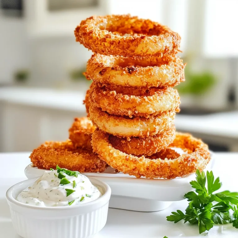 To make crispy air fryer onion rings, gather these key items: - 2 large onions, sliced into ¼ inch thick rings - 1 cup all-purpose flour - 2 large eggs - 1 cup breadcrumbs (panko for extra crunch) - 1 teaspoon garlic powder - 1 teaspoon paprika - Salt and pepper to taste - Cooking spray These ingredients create a great balance of flavor and texture. The onions add sweetness, while the spices bring warmth and zest. For the zesty garlic dip, you need: - ½ cup Greek yogurt - 1 tablespoon mayonnaise - 2 cloves garlic, minced - 1 teaspoon lemon juice - Salt to taste This dip pairs well with the crispy onion rings. Greek yogurt gives it a creamy base, while garlic provides a punch. Feel free to customize your onion rings and dip with these extras: - Add cayenne pepper for heat - Sprinkle fresh herbs like parsley or chives - Use different cheeses in the dip, like feta These optional ingredients can elevate your dish and make it unique. Experimenting with flavors can lead to exciting new tastes! First, preheat your air fryer to 375°F (190°C) for about 5 minutes. This step is key for crispy onion rings. A hot air fryer cooks them evenly and quickly. Next, peel and slice the onions into ¼-inch thick rings. Separate each ring carefully. Now, set up a three-bowl breading station. In the first bowl, mix flour with salt and pepper. In the second bowl, beat the two eggs. In the last bowl, combine breadcrumbs, garlic powder, paprika, and a pinch of salt. For each onion ring, dip it in the flour mix first. Then, coat it in the egg, letting any excess drip off. Finally, roll it in the breadcrumb mix. Make sure each ring is fully covered. This ensures maximum crunch when cooked. While the onion rings are ready to fry, prepare the garlic dip. In a bowl, mix together the Greek yogurt, mayonnaise, minced garlic, lemon juice, and a pinch of salt. Stir well until combined. Taste and adjust seasoning if needed. This dip adds flavor and creaminess to your crispy rings. Now, place the coated onion rings in a single layer in the air fryer basket. Lightly spray the tops with cooking spray. This will help them crisp up nicely. Cook the onion rings for 10-12 minutes. Flip them halfway through to ensure they get golden brown on both sides. Once they are crispy and done, let them cool slightly before serving. To get crunchy onion rings, follow these steps. Use fresh onions, as old ones may not crisp well. Slice your onions into ¼-inch thick rings. This size helps them cook evenly. Make sure each ring is coated fully in flour, egg, and breadcrumbs. A complete coating locks in crunch. Lightly spray cooking spray on top before air frying. This adds extra crunch. For a tasty garlic dip, combine Greek yogurt and mayonnaise. This mix gives a creamy texture. Add minced garlic and lemon juice for flavor. Adjust salt to your taste. Mix well until smooth. Let the dip sit in the fridge for a bit. This waiting time lets the flavors blend nicely. You’ll love the zesty kick. Serve the crispy onion rings on a large platter. Place the garlic dip in a small bowl for easy access. Garnish with fresh parsley or chives for color. This makes your dish look more inviting. You can also add a few lemon wedges on the side. They add freshness and flavor as well. Enjoy your meal with friends and family! {{image_2}} To make spicy onion rings, add heat to your coating. Mix in some cayenne pepper or chili powder with the breadcrumbs. Start with a small amount. You can always add more if you like it hotter. This extra spice gives your onion rings a nice kick. Serve them with the garlic dip to cool it down. For cheesy onion rings, mix some grated cheese into your breadcrumb mixture. Parmesan or cheddar works well. Coat your onion rings as usual. The cheese will melt and create a delicious layer. This adds flavor and a fun twist to the classic recipe. Your friends will love this cheesy version! If you want a lighter dip, swap Greek yogurt for low-fat yogurt. You can also replace mayonnaise with more yogurt or avocado. This keeps the creamy texture but cuts down on calories. Add fresh herbs like dill or chives for extra flavor. These changes make the dip healthier without losing taste. To keep your leftover onion rings fresh, place them in an airtight container. Make sure they are fully cooled before sealing. Store them in the fridge for up to three days. If you want to keep them longer, you can freeze them. Just place the cooled rings in a freezer-safe bag. They can last up to two months in the freezer. When you are ready to eat your leftovers, the air fryer is the best way to reheat them. Preheat your air fryer to 350°F (175°C). Place the onion rings in a single layer in the basket. Heat for about 5-7 minutes, flipping halfway through. This way, they will become crispy again. You can also use an oven. Just set it to 375°F (190°C) and bake for about 10 minutes. For the garlic dip, store it in an airtight container in the fridge. It will stay good for up to five days. Make sure to stir it well before serving again. If you notice it has become too thick, mix in a little water or lemon juice. This will help restore its creamy texture. You can make onion rings without breadcrumbs by using a batter. Mix flour, cornstarch, and spices. Dip the onion rings into the batter. Then, air fry them as usual. This method gives you a tasty, crispy texture. Yes, you can use different onions. Sweet onions like Vidalia add a nice flavor. Yellow onions are great for a classic taste. Red onions offer a bold look and taste. Each type gives a unique twist to your rings. If you want to skip Greek yogurt, try sour cream. Cream cheese works too but mix it with a bit of milk. This makes it smoother. You can also use regular plain yogurt for a lighter dip. To keep your onion rings crispy, ensure they are coated well. Use the three-step breading station: flour, egg, and breadcrumbs. Avoid overcrowding in the air fryer. This allows air to circulate, making them crispier. Yes, you can make onion rings ahead of time. Prepare and coat them, then freeze before cooking. When ready, cook them from frozen. Just add a few extra minutes to the cooking time for best results. We covered how to make tasty air fryer onion rings and a delicious garlic dip. With simple steps, you’ll have a snack anyone will love. Remember, crispy rings start with the right prep. Try the spicy or cheesy variations for fun twists. Storing and reheating tips help keep your snack fresh. Keep experimenting and find your favorite ways to enjoy onion rings! Happy cooking!