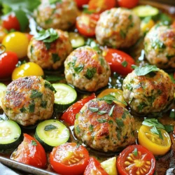 - 1 lb ground turkey - 1 cup breadcrumbs (panko or regular) - 1/2 cup grated parmesan cheese - 3 cloves garlic, minced - 1/4 cup fresh parsley, chopped - 1/4 cup fresh basil, chopped - 1 teaspoon dried oregano - 1 teaspoon onion powder - 1/2 teaspoon salt - 1/4 teaspoon black pepper - 1 large egg - 1 tablespoon olive oil - 2 cups cherry tomatoes, halved - 1 zucchini, sliced - 1 bell pepper, diced When making garlic herb turkey meatballs, you need a few key items. Start with your main protein: ground turkey. It’s lean and perfect for this dish. You'll also want breadcrumbs, which help bind the meatballs. Grated parmesan adds a lovely, rich flavor. Flavor is key in this recipe. Garlic gives your meatballs a punch. Fresh parsley and basil bring brightness. Dried oregano and onion powder add depth. Don't forget salt and pepper to taste. For the rest of the meal, you will need an egg. This helps hold everything together. Olive oil coats your veggies and adds a nice touch. Speaking of veggies, I love using cherry tomatoes, zucchini, and bell pepper. They roast beautifully and add color to your dish. With these ingredients, you are ready to create a meal that is both tasty and satisfying. Enjoy the journey of cooking these garlic herb turkey meatballs! First, we need to preheat the oven to 400°F (200°C). This step is key to getting the meatballs nice and golden. While the oven warms, line a large sheet pan with parchment paper. This helps with cleanup and keeps the meatballs from sticking. In a large mixing bowl, combine the ground turkey, breadcrumbs, grated parmesan, minced garlic, chopped parsley, chopped basil, egg, oregano, onion powder, salt, and pepper. Use a fork or your hands to mix gently. It’s very important not to overmix. If you mix too much, the meatballs will be tough instead of tender. Now, take small portions of the mixture and roll them into meatballs, about 1 inch in diameter. Make sure you space them out on the sheet pan. This allows them to cook evenly without sticking together. Next, we will prepare the veggies. In a separate bowl, toss the cherry tomatoes, zucchini, and bell pepper with olive oil, salt, and pepper. This adds flavor and helps them roast nicely. Spread the seasoned veggies evenly around the meatballs on the sheet pan. Now it’s time to bake! Place the sheet pan in the preheated oven and cook for 25-30 minutes. You want the meatballs to reach an internal temperature of 165°F. The vegetables should be tender and slightly caramelized. Check them halfway through to ensure even cooking. To keep your meatballs moist, use fresh ground turkey. Mix in breadcrumbs and cheese for added moisture. Avoid overmixing the meatball mix; just combine until it holds together. Overmixing can make your meatballs tough. Feel free to switch up the herbs! Try thyme, rosemary, or even cilantro. You can also add spices like cumin or paprika for a kick. If you need a dairy-free option, leave out the parmesan and use nutritional yeast instead. For gluten-free, substitute breadcrumbs with almond flour or ground oats. Serve your meatballs and veggies right from the pan. This gives a cozy, rustic feel. For a fancy touch, drizzle balsamic reduction over the top. You can also sprinkle fresh herbs like basil or parsley for color and flavor. This small step makes a big difference in how your dish looks! {{image_2}} You can switch the ground turkey for ground chicken or beef. Both options work well. Chicken gives a lighter taste, while beef adds more richness. For a vegetarian choice, use lentils or chickpeas. These are great as they still provide protein and flavor. You can mash them and mix in breadcrumbs and spices. This keeps the meatball texture while being meat-free. Using seasonal vegetables makes this dish fresh and fun. You can try asparagus in spring or squash in summer. These veggies add color and taste. If fresh veggies aren't available, frozen ones work too. Just make sure to thaw and drain them before adding to the pan. This keeps your meatballs from getting soggy and ensures even cooking. Adding sauce can take your meatballs to the next level. Marinara sauce is a classic choice. It brings a rich, tangy flavor that pairs well with the meatballs. Pesto is another tasty option. It adds a fresh, herby note that brightens the dish. You can drizzle either sauce on top before serving or place it on the side. This gives your guests the choice to dip or pour as they like. After your meal, let the meatballs cool. For storage, use airtight containers. Glass or plastic containers work well. Place the meatballs and veggies inside. Seal them tightly. Store in the fridge for up to three days. This keeps them fresh and tasty. To freeze meatballs, first, let them cool completely. Once cool, place them on a baking sheet. Make sure they are not touching each other. Freeze for about two hours. After that, transfer them to a freezer bag. Label the bag with the date. You can keep meatballs in the freezer for up to three months. For reheating, you can use a microwave or oven. If you choose the microwave, place the meatballs on a plate. Heat them for 1-2 minutes. Check to see if they are hot throughout. For the oven, preheat it to 350°F (175°C). Place the meatballs on a baking sheet. Bake for about 10-15 minutes. This helps keep their flavor and texture. Enjoy your tasty leftovers! Yes, you can make the meatballs ahead of time. Prepare the meatball mixture and shape them into balls. Place them on a sheet pan and cover with plastic wrap. You can store them in the fridge for up to 24 hours. For longer storage, freeze the raw meatballs on a sheet pan until firm. Then transfer them to a freezer bag. They can stay frozen for up to three months. When ready to cook, just bake them straight from the freezer. You may need to add a few minutes to the cooking time. If you need a substitute for breadcrumbs, there are many options. For a gluten-free choice, try almond flour or crushed gluten-free crackers. You can also use ground oats or cooked quinoa for a healthy twist. If you're on a low-carb diet, crushed pork rinds work well too. Each option adds a unique flavor, so choose what you like best. To check if the meatballs are done, use a meat thermometer. The internal temperature should reach 165°F (74°C). If you don’t have a thermometer, look for visual cues. The meatballs should be firm and no longer pink inside. The juices should run clear. If you cut one open, it should look moist but fully cooked. Yes, you can bake the meatballs without a sheet pan. Use an oven-safe skillet or a baking dish instead. Just make sure to arrange the meatballs so they have space. You can also bake them on a rack placed over a baking tray. This lets the heat circulate around the meatballs for even cooking. In this blog post, we explored how to make delicious meatballs. We covered key ingredients like ground turkey and breadcrumbs, plus flavor enhancers like herbs and garlic. The step-by-step guide made it easy to prepare and bake. I shared tips for perfecting your meatballs and offered fun variations. Don't forget about storage options for leftovers. With these insights, you can make tasty meatballs that everyone will enjoy. Try these ideas to impress at your next meal!