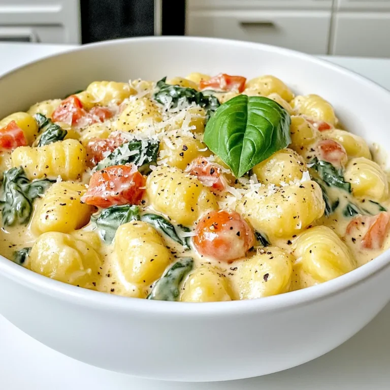 - 1 lb (450g) potato gnocchi - 1 can (14 oz) diced tomatoes, with juices - 2 cups fresh spinach, washed and chopped - 1 cup heavy cream - 1 tablespoon olive oil - 2 cloves garlic, minced - ½ teaspoon onion powder - ½ teaspoon dried basil - ½ teaspoon dried oregano - Salt and pepper to taste - ½ cup grated Parmesan cheese (plus extra for serving) - Fresh basil leaves for garnish Gathering the right ingredients is key for this creamy tomato spinach gnocchi. First, you need potato gnocchi. This soft pasta cooks quickly and soaks up flavor well. You will also need a can of diced tomatoes. Make sure to choose one with juices for a rich sauce. Fresh spinach adds color and nutrients. Heavy cream gives the dish its creamy texture. Next, you will need olive oil for sautéing. Garlic adds a warm flavor. Onion powder, dried basil, and oregano give a lovely herbal note. Don't forget salt and pepper to enhance all the flavors. Finally, Parmesan cheese adds a salty finish. You can sprinkle more on top for extra flavor. Fresh basil leaves make a nice garnish and add freshness when serving. These ingredients come together to create a delightful meal in one pot. Enjoy the process of cooking and savor the results! This recipe is easy and fun to make. You will create a creamy dish in one pot. The steps are simple, and the flavors mix well. You’ll love how fast it comes together. - Heating olive oil and sautéing garlic Start by heating 1 tablespoon of olive oil in a large pot. Use medium heat. Once hot, add 2 cloves of minced garlic. Sauté the garlic for about 1 minute. You want it fragrant, not brown. - Adding tomatoes and spices Next, stir in 1 can of diced tomatoes. Make sure to add the juices too. Add ½ teaspoon of onion powder, ½ teaspoon of dried basil, ½ teaspoon of dried oregano, salt, and pepper to taste. Let this mixture simmer for about 5 minutes. This helps the flavors blend well. - Incorporating heavy cream and gnocchi After that, pour in 1 cup of heavy cream. Mix it until it becomes creamy. Now, add 1 pound of potato gnocchi. Make sure all the gnocchi are submerged in the sauce. Cook for about 5-7 minutes. The gnocchi will float when they are done. - Finishing with spinach and Parmesan Finally, stir in 2 cups of chopped spinach and ½ cup of grated Parmesan cheese. Let the spinach wilt and the cheese melt for about 2-3 minutes. Taste the dish and adjust the seasoning if needed. Remove it from heat and let it sit for a few minutes. This will help it thicken slightly. To cook gnocchi just right, boil them until they float. This shows they are done. If you overcook them, they will turn mushy. For the sauce, balance flavors by tasting as you go. If it tastes too acidic, add a pinch of sugar. This helps to round out the flavors. If the sauce is too thick, add a splash of water or broth. Avoid common mistakes by keeping an eye on the garlic. It can burn quickly. If it does, the sauce will taste bitter. Also, don’t skip the seasoning. Salt and pepper can make or break the dish. Serve the gnocchi in deep bowls for a cozy look. Top with extra grated Parmesan for a creamy feel. A drizzle of olive oil adds shine and flavor. Garnish with fresh basil leaves for color and aroma. You can also sprinkle a bit of black pepper on top for an extra kick. These small touches make your dish look and taste gourmet. {{image_2}} You can change the dish to fit your taste. Want more greens? Use kale instead of spinach. Kale blends nicely with the creamy sauce. You can also try mushrooms for a hearty twist. They add a nice texture and flavor. If you want a dairy-free option, swap the heavy cream with coconut cream. This gives a rich, creamy taste while keeping it light. You can also use cashew cream for a nutty flavor. Both swaps keep the dish delicious and creamy. For a gluten-free version, look for gluten-free gnocchi. Many brands offer this option now. Just check the package to make sure it fits your needs. For vegan adaptations, skip the Parmesan cheese. You can use nutritional yeast for a cheesy flavor. It adds a nice depth without any animal products. This way, everyone can enjoy this dish! To store leftovers, first let the gnocchi cool. Use an airtight container to keep them fresh. Place a piece of parchment paper between layers if you stack them. This helps avoid sticking. Store in the fridge for up to three days. When reheating, use a skillet over medium heat. Add a splash of water or cream to keep it moist. Stir gently until heated through. You can also microwave it, but add a little liquid to prevent drying out. Cover with a lid or a paper towel to trap steam. To freeze the dish, first let it cool completely. Use a freezer-safe container or bag. Divide into single servings for easy meals later. Make sure to remove as much air as possible to avoid freezer burn. When you want to enjoy it again, thaw in the fridge overnight. Reheat in a skillet, adding a splash of cream or broth for creaminess. You can also microwave it, stirring every couple of minutes until hot. Enjoy your creamy tomato spinach gnocchi anytime! How to make the dish spicier? You can add red pepper flakes to the sauce. Start with a pinch. Taste and add more if needed. You can also use spicy sausage in place of garlic for a kick. Can I use fresh tomatoes instead of canned? Yes, you can use fresh tomatoes. Dice about 3-4 medium ripe tomatoes. Cook them down until they break apart. This adds bright flavor but may take longer. What is the best way to store unused gnocchi? Store unused gnocchi in a sealed container in the fridge. Use them within 2-3 days for best taste. You can also freeze uncooked gnocchi. Spread them on a tray, freeze, and then transfer to a bag. This blog post shared a tasty gnocchi recipe packed with flavor and easy steps. You learned about the key ingredients, like fresh spinach and rich cream, that create a creamy sauce. We covered a simple cooking method to prevent common mistakes and suggested fun variations for diets. Don’t forget storage tips for leftovers and answers to your common questions. Enjoy making this simple, yet delicious dish that will surely impress anyone you serve it to!