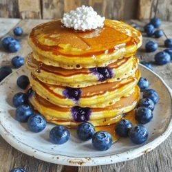 - 1 cup cottage cheese - 1 cup rolled oats - 2 ripe bananas - 2 large eggs Cottage cheese brings a creamy texture and protein boost. The rolled oats add fiber and make the pancakes hearty. Ripe bananas add natural sweetness and help bind the mix. Eggs provide structure and richness to the batter. - 1 teaspoon baking powder - 1/2 teaspoon vanilla extract - 1 tablespoon honey or maple syrup (optional) Baking powder helps the pancakes rise and stay fluffy. Vanilla extract adds a warm, sweet aroma. Honey or maple syrup can enhance sweetness, but it’s optional. - 1 cup fresh or frozen blueberries - Cooking spray or a tablespoon of coconut oil for frying Blueberries add a burst of flavor and nutrition. Using cooking spray or coconut oil prevents sticking and gives a nice golden color to the pancakes. To make the batter, start by adding the cottage cheese, rolled oats, ripe bananas, eggs, baking powder, vanilla extract, and a pinch of salt to a blender. Blend these ingredients until the mixture is smooth and creamy. This process should take about 30 seconds. If the batter feels too thick, you can add a splash of milk or water to loosen it. Next, gently fold in the blueberries. This step is important. Be careful not to burst them while mixing. This will keep your pancakes looking nice and colorful. Now, preheat a non-stick skillet or griddle over medium heat. Lightly coat the surface with cooking spray or a tablespoon of coconut oil. This will help the pancakes cook evenly and prevent sticking. Pour about 1/4 cup of the pancake batter onto the skillet for each pancake. Watch closely for bubbles to form on the surface. This usually takes about 2-3 minutes. When you see bubbles, it's time to flip the pancakes. Cook for another 2-3 minutes until they turn golden brown. Repeat this process until all the batter is used. If the skillet looks dry, add a bit more oil as needed. For a beautiful presentation, stack the pancakes on a plate. You can garnish them with extra blueberries and a dollop of cottage cheese on top. If you like, drizzle honey or maple syrup over the pancakes for added sweetness. This not only tastes good but also makes the dish more appealing. Enjoy your delicious, protein-packed breakfast! To make the best pancakes, blending is key. Start by adding the cottage cheese, rolled oats, ripe bananas, eggs, baking powder, vanilla extract, and salt into your blender. Blend until the mix is smooth and creamy. This process helps break down the oats and makes the batter light. Ingredient temperatures matter too. Use room temperature eggs and cottage cheese. Cold ingredients can lead to a thicker batter. A thicker batter won’t cook evenly and may not rise well. If you have leftover pancakes, store them in an airtight container. Place parchment paper between layers to prevent sticking. You can keep them in the fridge for up to three days. For longer storage, freeze pancakes in a single layer. Once frozen, transfer them to a freezer bag. They will keep well for about a month. To reheat, place pancakes in the microwave for about 30 seconds. You can also use a toaster or oven at 350°F for about 5 minutes. Both methods keep them fluffy and warm. Busy mornings? Make your pancakes ahead of time. You can prepare the batter the night before. Just cover the bowl and refrigerate it. In the morning, give it a quick stir before cooking. If you want, you can store the batter in a squeeze bottle. This makes pouring the batter easy and less messy. Just shake the bottle well before use. {{image_2}} You can easily adapt these pancakes to fit different diets. For gluten-free options, use gluten-free oats. Make sure to check the label to ensure they are certified gluten-free. For those who need dairy-free adaptations, swap cottage cheese with silken tofu or a dairy-free yogurt. Both options still keep the pancakes creamy and delicious. Adding some spices can change the taste of your pancakes. A sprinkle of cinnamon gives a warm touch. If you want to switch fruits, strawberries work great too. You can even mix in chopped apples or peaches for a fresh twist. Each fruit adds its own unique flavor, making breakfast exciting. Want to amp up the protein? You can add a scoop of your favorite protein powder to the batter. This makes the pancakes even more filling. If you prefer alternative protein sources, consider adding ground flaxseed or chia seeds. They not only boost protein but also add healthy fats and fiber. Each pancake has about 100 calories. You get around 7 grams of protein, 3 grams of fat, and 12 grams of carbs. This makes these pancakes a great choice for a healthy breakfast. They provide energy and keep you full longer. Cottage cheese is rich in protein and calcium. It helps build muscles and keeps bones strong. Oats add fiber, which aids digestion and keeps your heart healthy. Bananas bring natural sweetness and potassium, great for your heart and muscles. Together, these ingredients create a balanced meal. I suggest serving two to three pancakes per person. This gives you a filling meal without overdoing it. Compared to traditional pancakes, these have fewer calories and more protein. They fit well into a healthy diet while still tasting great. Yes, you can! These pancakes are great with other fruits. Here are some tasty options: - Chopped strawberries - Sliced bananas - Diced apples - Raspberries - Blackberries Feel free to mix and match. Each fruit adds its own flavor. If you don't have cottage cheese, no worries! Here are some good substitutes: - Ricotta cheese for a creamy texture - Greek yogurt for a tangy taste - Silken tofu for a non-dairy choice These options work well in the recipe. They keep the pancakes moist and tasty. Look for these signs to check if your pancakes are perfect: - Bubbles form on the surface - The edges appear set and dry - The pancake turns golden brown when flipped These clues help you know when to flip or remove your pancakes. Yes, you can make the batter in advance! Here are some tips: - Store it in the fridge for up to 24 hours. - Stir it well before cooking, as it may thicken. - Fresh batter gives the best texture, but prepped batter works too. This way, you can enjoy pancakes without much wait in the morning! This article covers how to make tasty and healthy pancakes. We explored key ingredients like cottage cheese, oats, and bananas. You learned the best ways to mix your batter and cook your pancakes. Tips for storage and meal prep make cooking easier. In the end, these pancakes offer a nutritious meal. You can enjoy them in many ways. Don’t be afraid to experiment with flavors and toppings. Now, you have the tools to create your perfect pancake!