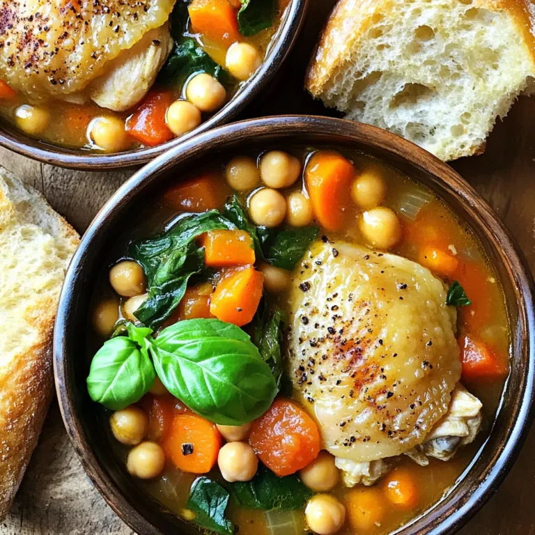 - Chicken: Use 2 pounds of boneless, skinless chicken thighs. They stay juicy in the stew. - Vegetables: You need 1 medium onion, 3 cloves of garlic, 1 cup of sliced carrots, and 2 cups of baby spinach. These add flavor and nutrition. - Spices and Seasonings: Use 1 teaspoon of dried basil, 1 teaspoon of dried oregano, and 1/2 teaspoon of red pepper flakes. Salt and pepper are also important for seasoning. - Canned items: Grab 1 can (14 oz) of diced tomatoes and 1 cup of canned chickpeas, drained and rinsed. These give the stew body and texture. - Broth: You will need 1 cup of low-sodium chicken broth. This adds depth to the stew. - Fresh basil: Fresh basil leaves make a great garnish. They add a burst of color and flavor to the dish. To start, we need to sauté the onions and garlic. First, heat olive oil in a skillet over medium heat. Add the diced onion and cook for about 3-4 minutes. The onion should turn soft and clear. Then, add the minced garlic. Cook it for another 1-2 minutes. You want it to smell nice but not burn. Next, we’re going to layer everything in the slow cooker. Place the boneless chicken thighs at the bottom. Make sure they lay flat. Take the sautéed onions and garlic and spread them over the chicken. This adds great flavor from the start. Now, pour in the canned diced tomatoes with their juice. Add the chicken broth next. Then, toss in the drained chickpeas and sliced carrots. Sprinkle in dried basil, oregano, red pepper flakes, salt, and pepper to taste. Stir gently, making sure the chicken is covered with the liquid. Now it’s time to set the slow cooker. Cover it and cook on low for 6-7 hours or on high for 3-4 hours. The chicken will become tender and easy to shred. About 30 minutes before serving, stir in the baby spinach. It will wilt nicely into the stew. This step adds color and nutrients to your dish. Remember to taste it and adjust the seasoning if needed. For an ideal presentation, serve the stew in rustic bowls. Crusty bread on the side is perfect for dipping. It adds a nice touch. You can also sprinkle extra fresh basil on top for color and flavor. Pairing options include a simple salad or roasted vegetables. Both balance the meal nicely. Enjoy your delicious Slow Cooker Tuscan Chicken Stew! For the best slow cooker results, follow these tips: - Layer smartly: Start with chicken at the bottom. This helps it cook evenly. - Sauté first: Sauté onions and garlic before adding them. It boosts flavor. - Don’t peek: Keep the lid closed during cooking. Each time you open it, you lose heat. Timing is key. For tender chicken, cook on low for 6-7 hours. If short on time, use high for 3-4 hours. Check the chicken; it should shred easily. To make your stew even tastier, try these spices: - Add herbs: Dried basil and oregano are great choices. They add warmth. - Spice it up: Red pepper flakes can bring heat. Adjust to your taste. Feel free to mix in fresh herbs, like parsley or thyme. They add a nice touch. Sometimes, things don't go as planned. Here are fixes for common issues: - Too thick?: If the stew is thick, add a splash of chicken broth. Stir well. - Too bland?: Taste and add more salt or spices as needed. This can brighten flavors. - Chicken not tender?: If it’s tough, let it cook longer. Slow cooking needs time. With these tips and tricks, you can create a rich and hearty Slow Cooker Tuscan Chicken Stew. Enjoy cooking! {{image_2}} Chicken alternatives You can use chicken breast instead of thighs. Breast meat is leaner and cooks faster. If you prefer, turkey thighs work well too. They add a rich flavor to the stew. Vegetable substitutions Feel free to swap in your favorite veggies. Zucchini, bell peppers, or green beans add color and taste. You can also use frozen spinach if fresh isn’t available. Just add it later in the cooking process. Instant Pot version For a quick meal, use the Instant Pot. Sauté the onions and garlic first, then add the rest of the ingredients. Cook on high pressure for 15 minutes. Let the steam release naturally for 10 minutes. Stir in spinach before serving. Stove-top variation If you prefer the stove, use a large pot. Brown the chicken on medium heat, then add the onions and garlic. Stir in the rest of the ingredients, cover, and simmer for about 30-40 minutes. Add spinach before serving. Gluten-free options This stew is naturally gluten-free. Just ensure your broth is gluten-free as well. All the veggies and spices are safe and delicious. Vegetarian adaptations For a vegetarian dish, replace the chicken with mushrooms or lentils. Use vegetable broth and add more beans or chickpeas for protein. This keeps the stew hearty and satisfying while being meat-free. To store leftover Slow Cooker Tuscan Chicken Stew, let it cool first. Place it in an airtight container. This keeps it fresh. Store it in the fridge for up to three days. When you reheat, use the stove or microwave. If using the stove, heat it in a pot over medium heat. Stir often until warm. In the microwave, place it in a microwave-safe bowl. Heat in short bursts, stirring in between. You can freeze this stew too! First, let it cool completely. Pour it into a freezer-safe container or bag. Leave some space at the top for expansion. Seal it well to avoid freezer burn. It will last up to three months in the freezer. To thaw, move it to the fridge overnight. If you need it quicker, you can use the microwave. Once thawed, reheat on the stove or in the microwave. In the fridge, the stew stays good for about three days. In the freezer, it lasts up to three months. Always check for any signs of spoilage. If it smells bad or looks off, throw it out. Enjoy your flavorful stew safely! Yes, you can use chicken breast in this stew. Chicken breast is leaner and cooks faster than thighs. It may dry out if overcooked. Thighs stay moist and tender due to their fat content. If you choose breast, watch the cooking time closely. This stew pairs well with several sides. Here are some tasty options: - Crusty bread for dipping - A fresh green salad - Steamed rice or quinoa - Garlic bread for extra flavor Each of these sides adds to the meal's charm and is easy to prepare. Yes, you can skip the chickpeas. They add protein and texture but are not essential. Here are some alternative protein sources: - White beans for a similar texture - Lentils for a hearty bite - Extra chicken for a meatier stew Feel free to mix and match based on what you like! In this post, we explored how to make Slow Cooker Tuscan Chicken Stew. We covered key ingredients, including chicken, veggies, and spices. I shared tips for storing leftovers and options for variations. You can swap chicken or try gluten-free choices. Cooking is about creating flavors that suit you. Use your own ingredients and enjoy this dish. With these steps and tips, your stew will be a hit. Happy cooking, and don’t forget to share your results!