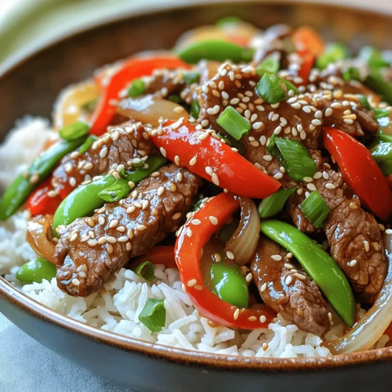 To make a tasty Spicy Sesame Beef Stir Fry, you need fresh, quality ingredients. Here’s what you will need: - Beef Sirloin - Vegetables: Red Bell Pepper, Snap Peas, Onion - Aromatics: Garlic, Ginger - Marinade Ingredients: Soy Sauce, Sriracha Sauce, Honey - Cooking Essentials: Sesame Oil, Toasted Sesame Seeds - Garnish and Serving: Green Onions, Jasmine Rice Using these ingredients will ensure your stir fry is flavorful and satisfying. Fresh vegetables add crunch, while the beef provides protein. The combination of soy sauce, sriracha, and honey gives it a sweet and spicy kick. Sesame oil brings a rich, nutty flavor that ties everything together. Don't forget the jasmine rice; it makes for a perfect base to soak up all those delicious juices! First, slice the beef sirloin into thin strips. In a bowl, mix the beef with 1 tablespoon of soy sauce, sriracha sauce, and honey. This mix creates a sweet and spicy flavor. Let it marinate for about 15 minutes. This time allows the beef to soak up the flavors. While the beef marinates, wash your vegetables. Slice the red bell pepper into thin strips. Snap peas can stay whole, but you can trim the ends. For the onion, slice it thinly. Mince the garlic and grate the ginger. Keep these ingredients separate for easy cooking. Heat 2 tablespoons of sesame oil in a large wok over medium-high heat. Wait until the oil shimmers, then add the marinated beef. Stir-fry the beef for 3-4 minutes until it browns. Once cooked, take the beef out and set it aside. In the same pan, add the minced garlic and grated ginger. Sauté for about 30 seconds until fragrant. Now, toss in the sliced onion, bell peppers, and snap peas. Stir-fry these for 3-4 minutes until they become tender yet still crisp. Return the cooked beef to the pan. Pour in the remaining soy sauce and toss everything together for one more minute. This helps to heat the beef and mix the flavors well. Finally, stir in the toasted sesame seeds. They add a nice crunch to the dish. Serve the spicy sesame beef stir fry over cooked jasmine rice. Top it with chopped green onions for added flavor. Enjoy your quick and tasty meal! To change the heat in your stir fry, use sriracha sauce wisely. You can add more for extra spice. If you want it milder, reduce the sriracha or skip it. You can also add a touch of sugar to balance the heat. Another option is to serve the dish with a side of yogurt. This can cool down the spice and add creaminess. For the best stir-frying, use a wok or a large skillet. These help heat evenly and cook food fast. Make sure your pan is hot before adding the oil. This helps the beef sear well. Keep everything moving in the pan to avoid burning. Use a spatula to toss the meat and veggies. This gives you a perfect stir fry. To boost flavor, try adding a splash of rice vinegar. This adds a nice tang. You can also mix in some chopped cilantro for freshness. Serve your stir fry with cooked jasmine rice, which soaks up all the tasty sauce. For crunch, sprinkle some extra toasted sesame seeds on top. Pairing with a simple cucumber salad can add a refreshing touch, too. {{image_2}} If you want to switch up the beef sirloin, you have great options. Chicken works well in this dish. Just slice it thinly, and it will cook fast. Tofu is also a fantastic choice. Use firm tofu for the best texture. Slice it into cubes and fry until golden. You can even try shrimp for a seafood twist. Each protein brings its own flavor to the stir fry. Feel free to get creative with vegetables. Broccoli is a great choice. It adds crunch and color. Carrots can also brighten up the dish. Slice them into thin rounds or matchsticks. If you like more greens, try bok choy or green beans. You can use whatever you have on hand. Just keep the cooking time in mind to keep them crisp. You can customize the sauce for new flavors. If you want more heat, add extra sriracha. For a sweeter taste, use more honey. You can also mix in some hoisin sauce for a richer flavor. If you like a tangy kick, try a splash of rice vinegar. Each tweak can change the whole dish, so have fun with it! To keep your spicy sesame beef stir fry fresh, store it in an airtight container. Let it cool down first before sealing it. This will help avoid sogginess. The stir fry can last for 3 to 4 days in the fridge. When you want to eat it again, simply reheat it in a pan or microwave. You can also freeze the stir fry for longer storage. Place cooled portions in freezer-safe bags or containers. Squeeze out as much air as possible to prevent freezer burn. It can stay good for up to 3 months in the freezer. To reheat, thaw it overnight in the fridge. Then, warm it in a pan over low heat until hot. When stored properly, the stir fry should taste great for 3 to 4 days in the fridge. If frozen, use it within 3 months for the best flavor. Always check for changes in smell or texture before eating leftovers. You can pair this dish with several sides for a complete meal. Here are some tasty options: - Steamed jasmine rice - Fried rice with vegetables - Noodles tossed in sesame oil - A fresh cucumber salad - Roasted broccoli or bok choy These sides add flavor and balance to the meal. They also help soak up the delicious sauce. Yes, you can prep parts of this dish in advance. Here’s how: - Marinate the beef up to a day ahead. Store it in the fridge. - Chop the vegetables and keep them in an airtight container for a day. - Cook the entire stir fry and store it in the fridge for up to three days. This makes it easy to have a quick meal ready when you need it! To reheat your stir fry, use these steps for best results: - Heat a pan over medium heat. - Add a little sesame oil to keep it tasty. - Add the stir fry and stir gently for about 3-4 minutes. This method keeps the beef tender and the veggies crisp. Avoid using a microwave if you can; it can make everything soggy. This blog post covered everything you need to make a Spicy Sesame Beef Stir Fry. We discussed the key ingredients, step-by-step cooking, and tips for flavor and storage. Remember, you can adjust the spice level and swap proteins or veggies to fit your taste. Meal prep makes it easy to enjoy this dish anytime. Enjoy your cooking, and make this stir fry your own!