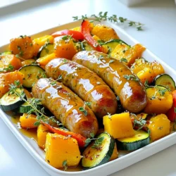 - 4 chicken sausages (preferably flavored with herbs) - 1 medium butternut squash, peeled and cubed - 1 zucchini, sliced - 1 red bell pepper, sliced - 2 tablespoons olive oil - 1/4 cup pure maple syrup - 1 teaspoon Dijon mustard - 1 teaspoon garlic powder - 1 teaspoon smoked paprika - Salt and pepper to taste - Fresh thyme sprigs for garnish (optional) Gather these ingredients to create a delicious meal. Chicken sausages add protein and flavor. Choose sausages with herbs for extra taste. Butternut squash brings a sweet, nutty flavor and pairs well with the glaze. Zucchini and red bell pepper add color and crunch, making your dish more inviting. For the pantry staples, olive oil helps roast the veggies and sausages evenly. Pure maple syrup gives the dish its sweet glaze. Dijon mustard adds a hint of sharpness, balancing the sweetness. Garlic powder and smoked paprika offer depth and warmth to your meal. Seasoning with salt and pepper enhances all the flavors. Fresh thyme sprigs add a lovely touch to your dish. This combination of ingredients makes the perfect Maple Glazed Chicken Sausage with Squash Sheet Pan. Enjoy every bite! Set your oven to 400°F (200°C). This heat helps the sausages and veggies cook well. While the oven heats, grab a large baking sheet. Line it with parchment paper for easy cleanup. In a large bowl, add the cubed butternut squash, sliced zucchini, and red bell pepper. Drizzle 2 tablespoons of olive oil over the veggies. Sprinkle with salt, pepper, garlic powder, and smoked paprika. Toss everything well. Make sure each piece is coated evenly. This step adds great flavor. Take the chicken sausages and place them on a cutting board. Use a sharp knife to make a few shallow slits on one side of each sausage. This helps them cook evenly and allows the glaze to seep in. In a small bowl, combine 1/4 cup of pure maple syrup and 1 teaspoon of Dijon mustard. Whisk them together until smooth. The glaze should be thick but pourable. This sweetness balances the savory flavors of the dish. Spread the seasoned vegetables evenly on the large sheet pan. Nestle the chicken sausages among the veggies. Drizzle the maple glaze generously over both the sausages and the vegetables. Make sure every piece gets some glaze for the best flavor. Place the sheet pan in the preheated oven. Roast for 25-30 minutes. The sausages should be browned and cooked through, reaching an internal temperature of 165°F. Stir the vegetables halfway through cooking for even roasting. After roasting, take the pan out of the oven and let it cool for a few minutes. On a plate, serve the chicken sausages surrounded by the roasted squash and colorful vegetables. Drizzle any remaining glaze from the pan over the top. If you like, add fresh thyme sprigs for a fragrant touch. - Ensuring even cooking: Make shallow slits in each sausage. This helps heat reach inside. It also allows the glaze to soak in well. - Avoiding dryness: Cook sausages until they reach 165°F. This keeps them juicy. Use a meat thermometer to check the temperature. - Suggested herbs and spices: Fresh thyme adds a nice touch. You can also use rosemary or sage for extra flavor. - Additional glaze ideas: Try mixing maple syrup with balsamic vinegar for a tangy twist. Honey can also work well in place of maple syrup. - What to do if veggies are undercooked: If veggies aren’t tender, return them to the oven. Cook for another 5-10 minutes. Stir them to ensure even cooking. - Adjusting cooking times: Thicker sausages may need more time. Check them regularly to avoid overcooking. Adjust the time based on your oven’s performance. {{image_2}} You can switch out chicken sausage for turkey sausage. Turkey sausage has a lighter taste but still gives great flavor. If you want a plant-based option, use vegan sausage. Many brands offer tasty vegan sausages that work well in this dish. These changes help if you have dietary restrictions. Always check labels for gluten or allergens. This way, you can enjoy your meal without worry. Feel free to swap the butternut squash for other squash types. Acorn or spaghetti squash also work great. They add different textures and flavors. You can also add seasonal veggies. Think about Brussels sprouts in fall or asparagus in spring. Mixing in different veggies keeps the dish fresh and fun. If you like to mix it up, try honey or agave syrup instead of maple syrup. Both options add sweetness but change the flavor a bit. You can also play with the mustard. Use spicy brown mustard for a kick, or honey mustard for a sweeter touch. These simple swaps can give your dish a whole new flavor. To store your Maple Glazed Chicken Sausage with Squash, use airtight containers. Glass or plastic containers work great. Make sure the dish cools down before sealing it. In the fridge, it lasts about 3 to 4 days. Always label your containers with dates for easy tracking. For reheating, the oven is best. Preheat it to 350°F (175°C) and place the dish inside. Heat for about 15-20 minutes until warm. This keeps the sausage from getting too soggy. You can also use the microwave, but cover the dish with a paper towel to avoid splatters. If you want to freeze this meal, let it cool first. Divide it into portions and use freezer-safe bags or containers. It will stay good for about 2 to 3 months. To thaw, place it in the fridge overnight. Reheat as mentioned earlier for the best taste and texture. You can make this dish lighter by using less maple syrup. Try cutting the amount in half. You can also swap chicken sausages for turkey or veggie sausages. Use olive oil sparingly, or replace it with a low-calorie spray. Adding more vegetables can boost fiber and nutrients without adding many calories. Yes, you can use frozen vegetables! They are convenient and save prep time. However, frozen veggies may need a bit more time to cook. Check the texture as they may be softer than fresh ones. Stir them halfway through cooking to ensure even roasting. This dish pairs well with simple sides. A light green salad adds freshness. Mashed potatoes or quinoa can add heartiness. You could also serve it with crusty bread to soak up the glaze. Yes, this recipe is gluten-free. Just make sure to check the labels of your sausages and Dijon mustard. Some brands may add gluten, so it’s best to be cautious. To check if the sausages are done, use a meat thermometer. The internal temperature should reach 165°F. This ensures they are safe to eat and juicy. If you don’t have a thermometer, look for a nice brown color and clear juices. In this blog post, we explored a delicious sheet pan meal featuring chicken sausages, butternut squash, zucchini, and red bell pepper. I outlined easy steps for preparation, cooking, and serving, along with tips for flavor and storage. You can change the recipe by using different proteins or seasonal veggies. Remember, cooking is fun! Enjoy experimenting with flavors and textures. This dish is simple, tasty, and great for meal prep. I hope you try it and make it your own!