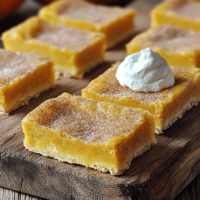 - 1 cup pumpkin puree - 1/2 cup unsalted butter, softened - 1 cup brown sugar, packed - 1/2 cup granulated sugar - 2 large eggs - 1 teaspoon vanilla extract - 2 cups all-purpose flour - 1 teaspoon baking soda - 1/2 teaspoon baking powder - 1 teaspoon ground cinnamon - 1/2 teaspoon ground nutmeg - 1/4 teaspoon ground ginger - 1/4 teaspoon salt - 3 tablespoons granulated sugar (for topping) - 1 teaspoon ground cinnamon (for topping) These ingredients come together to create a rich and warm flavor. The pumpkin puree gives moisture and a lovely orange hue. The butter adds richness, while the sugars provide sweetness and depth. The spices are key, making these bars taste like fall. You can swap ingredients if you need to. Here are some ideas: - Use coconut oil instead of butter for a dairy-free option. - Replace brown sugar with coconut sugar for a lighter taste. - Use almond flour for a gluten-free option, but adjust the amount. - If you lack pumpkin puree, try mashed banana or applesauce. These swaps can change the taste, but they work well! Using fresh and high-quality ingredients matters. Choose organic pumpkin puree for better flavor. Use real vanilla extract instead of imitation for a richer taste. Fresh ground spices can elevate your bars. Always go for the best quality butter. This will enhance the final product. You'll notice the difference! First, you need to get your baking pan ready. Preheat your oven to 350°F (175°C). Grab a 9x13 inch baking pan and grease it well. You can also line it with parchment paper for easy removal of the bars. This step helps the bars come out nice and clean. Next, it’s time to mix the wet ingredients. In a large bowl, cream together 1/2 cup of softened unsalted butter, 1 cup of packed brown sugar, and 1/2 cup of granulated sugar. Mix until it’s light and fluffy. Then, add in 2 large eggs one at a time. Stir in 1 cup of pumpkin puree and 1 teaspoon of vanilla extract. Make sure everything is well combined. Now, let’s combine the dry ingredients. In another bowl, whisk together 2 cups of all-purpose flour, 1 teaspoon of baking soda, and 1/2 teaspoon of baking powder. Add 1 teaspoon of ground cinnamon, 1/2 teaspoon of ground nutmeg, 1/4 teaspoon of ground ginger, and 1/4 teaspoon of salt. Mixing these dry ingredients well is key for even flavor. Gradually add the dry mix to the wet mix. Stir just until combined; be careful not to overmix. Spread the batter evenly into your prepared baking pan, smoothing out the top. In a small bowl, mix 3 tablespoons of granulated sugar with 1 teaspoon of cinnamon for the topping. Sprinkle this mixture over the batter. Bake in the preheated oven for 25-30 minutes. You’ll know it’s done when a toothpick comes out clean. Once your bars are baked, remove them from the oven. Let them cool in the pan for about 10 minutes. If you used parchment paper, carefully lift the bars out. Allow them to cool completely on a wire rack. When they are cool, cut them into squares. Enjoy your tasty Pumpkin Snickerdoodle Bars! To get the best texture for your bars, focus on the mixing. You want a smooth batter, but not too thick. The pumpkin puree adds moisture, so don't skip it. Use room-temperature butter and eggs for a nice blend. This helps everything mix together well. Overmixing can make your bars tough. When you add the dry mix to the wet mix, stir gently. Mix just until you see no flour patches. Remember, a few lumps are okay! This keeps the bars soft and chewy. Presentation makes a big difference. Arrange your bars on a wooden board for a rustic look. Dust with extra cinnamon for flair. For a treat, add whipped cream or a scoop of vanilla ice cream on top. This makes a great dessert for any occasion! {{image_2}} To make gluten-free pumpkin snickerdoodle bars, swap out the all-purpose flour. Use a gluten-free flour blend instead. These blends often contain a mix of rice flour, tapioca starch, and potato starch. This change keeps the texture light and fluffy. Ensure your baking powder and baking soda are also gluten-free. Want to try a vegan version? Replace the eggs with flax eggs. To make one flax egg, mix one tablespoon of ground flaxseed with three tablespoons of water. Let it sit for five minutes until it thickens. For the butter, use vegan butter or coconut oil. These swaps keep the bars soft and moist, just like the original. You can add fun flavors to your pumpkin snickerdoodle bars. Try mixing in chocolate chips or nuts for crunch. Chopped pecans or walnuts add a nice texture. For a spice boost, add extra cinnamon or a pinch of cloves. These small changes can turn a simple treat into something special. To keep your pumpkin snickerdoodle bars fresh, store them in an airtight container. This helps to keep moisture in and air out. Place a piece of parchment paper between layers to prevent sticking. You can also wrap the bars in plastic wrap before placing them in the container. Store them at room temperature for up to three days. If you want to keep them longer, consider freezing. Freezing your pumpkin snickerdoodle bars is easy. First, let them cool completely. Then, cut the bars into squares. Wrap each square in plastic wrap. Place the wrapped bars in a freezer-safe container or a zip-top bag. Make sure to label the bag with the date. These bars can last in the freezer for up to three months. When you're ready to eat, just thaw them at room temperature or warm them slightly in the microwave. When stored properly, pumpkin snickerdoodle bars last about three days at room temperature. If you refrigerate them, they can last up to a week. For the best taste and texture, enjoy them within the first few days. If frozen, remember to consume them within three months for the best flavor. Always check for any signs of spoilage before eating. Yes, you can. To replace eggs, use flaxseed meal or applesauce. For one egg, mix 1 tablespoon of flaxseed meal with 2.5 tablespoons of water. Let it sit for five minutes. Alternatively, use 1/4 cup of applesauce for each egg. Both options add moisture and keep the bars soft. If you lack pumpkin puree, use sweet potato puree or butternut squash puree. Both have a similar texture and flavor. You can also blend cooked pumpkin or squash until smooth. Remember to use the same amount as the recipe calls for to keep the bars moist and tasty. Check the bars by inserting a toothpick into the center. If it comes out clean or with a few moist crumbs, they are done. The edges will look set, and the top will have a slight golden color. Don’t overbake, as this can make them dry. You learned about the key ingredients, steps, and tips for making Pumpkin Snickerdoodle Bars. These bars bring warmth and flavor to any occasion. Use quality ingredients for the best taste. Consider gluten-free or vegan options to fit your needs. Store them well to keep them fresh. With these tips, you'll bake delicious bars every time. Enjoy sharing this warm treat with family and friends!