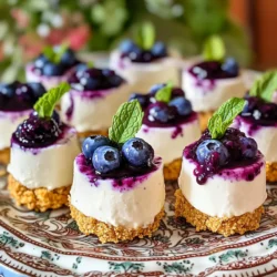 - 1 cup graham cracker crumbs - 1/4 cup unsalted butter, melted - 8 oz cream cheese, softened - 1/2 cup powdered sugar - 1 teaspoon vanilla extract - 1 cup fresh blueberries, plus extra for garnish - 1 tablespoon lemon juice - 1 cup whipped cream (store-bought or homemade) Gathering the right ingredients is key to making no-bake blueberry cheesecake bites. I love using fresh blueberries for their sweet and tangy flavor. They add brightness to the creamy filling. The graham cracker crumbs give a nice crunch, while the melted butter helps bind the crust together. Cream cheese is the heart of the filling. It creates a rich, smooth texture. Powdered sugar sweetens the mix without grittiness. A touch of vanilla extract enhances the flavor, and lemon juice adds a zing that balances the sweetness. Whipped cream makes the filling light and fluffy, giving each bite a delightful feel. - Mini muffin tin - Mixing bowls - Electric mixer or whisk - Measuring cups and spoons Having the right tools makes cooking easier and more fun. A mini muffin tin is perfect for shaping these bites. Mixing bowls help keep things organized as you prepare the crust and filling. An electric mixer or whisk is essential for blending the cream cheese and sugar until creamy and smooth. Measuring cups and spoons ensure you use the right amounts. This is crucial for getting the flavors just right. With these ingredients and tools, you are set to create a treat that everyone will love. - In a medium bowl, combine 1 cup of graham cracker crumbs and 1/4 cup of melted butter. - Mix until the crumbs look like wet sand. - Line a mini muffin tin with paper liners or spray it lightly with cooking spray. - Press about 1 tablespoon of the mixture into each muffin liner. Make sure to press down firmly to compact the crust. Set the tin aside. - In another bowl, beat 8 oz of softened cream cheese, 1/2 cup of powdered sugar, and 1 teaspoon of vanilla extract until smooth. - Next, gently fold in 1 cup of fresh blueberries and 1 tablespoon of lemon juice, keeping a few blueberries for garnish. - Finally, fold in 1 cup of whipped cream until it is fluffy and well mixed. - Spoon or pipe the cream cheese mixture evenly over the crusts in the muffin tin. - Place the tin in the refrigerator for at least 2 hours or until the bites are firm. - Once set, remove the bites from the tin and top with the reserved blueberries. Serve chilled and enjoy! To prevent cracks on the surface of your cheesecake bites, keep a few things in mind. First, mix your filling gently. Overmixing can add air, leading to cracks. Second, make sure your cream cheese is fully softened. Cold cream cheese doesn't blend well and can cause uneven texture. Lastly, chill your bites slowly. Rapid temperature changes can also lead to cracking. For optimal chilling time, I recommend refrigerating the cheesecake bites for at least two hours. This time allows the filling to set perfectly. If you can wait longer, even better! Chilling them overnight gives a firmer texture and richer flavor. Garnishing and serving your cheesecake bites can elevate their appeal. A simple way to garnish is to place a fresh blueberry on top of each bite. You can also add a sprig of mint for color and freshness. Another idea is to drizzle blueberry sauce around the platter for a touch of elegance. To enjoy the best taste, serve these bites cold. They are delightful straight from the fridge. If they sit out too long, they may lose their creamy texture. Keep them chilled until you are ready to serve for the best experience. {{image_2}} You can change the flavor of your cheesecake bites easily. Try using different fruits like strawberries or raspberries. These fruits add unique tastes and colors. You can also top your bites with chocolate or caramel. Just drizzle it on top before serving. This adds extra sweetness and a fun look. If you need a gluten-free option, switch to alternative crusts. Use crushed nuts or gluten-free cookies to make the base. This keeps the bites tasty while meeting dietary needs. For a vegan version, replace the cream cheese with plant-based cream cheese. You can still enjoy the creamy texture and flavor without dairy. To keep your cheesecake bites fresh, store them in the refrigerator. Place them in an airtight container. This helps maintain their taste and texture. If you made a big batch, you can freeze some for later. Use a freezer-safe container or wrap them tightly in plastic wrap. This keeps them from getting freezer burn. These cheesecake bites taste best within five days when stored in the fridge. If frozen, they can last up to three months. Just remember to thaw them in the fridge before enjoying. Can I use different types of cheese? Yes, you can! Cream cheese works best for this recipe. However, you can try mascarpone for a creamier taste. Just keep in mind that the texture and flavor may change. How to make it less sweet? To reduce sweetness, cut back on the powdered sugar. Start with 1/4 cup and taste as you mix. You can also add a bit of lemon juice for a fresh, tangy flavor. What meals pair well with these bites? These cheesecake bites are great as a dessert after a light meal. They go well with grilled chicken or a fresh salad. They also make a fun addition to a picnic spread. Can I make these ahead of time? Absolutely! These bites are perfect for meal prep. You can make them a day or two in advance. Just keep them in the fridge until you are ready to serve. Cheesecake bites won’t set: what to do? If they don't set, they may need more chilling time. Place them back in the fridge for another hour or two. If they still don’t firm up, check that you used enough whipped cream. Tips for fixing runny filling If your filling is too runny, add a bit more cream cheese. Mix it well. You can also try adding more whipped cream to lighten it up without making it runny. These delicious cheesecake bites are easy to make and full of flavor. Start with a graham cracker crust and blend in a creamy filling with blueberries. Follow the steps to chill and present your treats perfectly. You can even try different fruits or dietary options for variety. Always store them properly for the best taste. Enjoy making these bites for your next gathering or treat. They are fun, tasty, and sure to impress anyone who tries them. Don't hesitate to experiment and have fun in the kitchen!