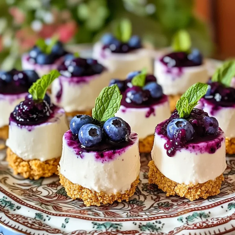 - 1 cup graham cracker crumbs - 1/4 cup unsalted butter, melted - 8 oz cream cheese, softened - 1/2 cup powdered sugar - 1 teaspoon vanilla extract - 1 cup fresh blueberries, plus extra for garnish - 1 tablespoon lemon juice - 1 cup whipped cream (store-bought or homemade) Gathering the right ingredients is key to making no-bake blueberry cheesecake bites. I love using fresh blueberries for their sweet and tangy flavor. They add brightness to the creamy filling. The graham cracker crumbs give a nice crunch, while the melted butter helps bind the crust together. Cream cheese is the heart of the filling. It creates a rich, smooth texture. Powdered sugar sweetens the mix without grittiness. A touch of vanilla extract enhances the flavor, and lemon juice adds a zing that balances the sweetness. Whipped cream makes the filling light and fluffy, giving each bite a delightful feel. - Mini muffin tin - Mixing bowls - Electric mixer or whisk - Measuring cups and spoons Having the right tools makes cooking easier and more fun. A mini muffin tin is perfect for shaping these bites. Mixing bowls help keep things organized as you prepare the crust and filling. An electric mixer or whisk is essential for blending the cream cheese and sugar until creamy and smooth. Measuring cups and spoons ensure you use the right amounts. This is crucial for getting the flavors just right. With these ingredients and tools, you are set to create a treat that everyone will love. - In a medium bowl, combine 1 cup of graham cracker crumbs and 1/4 cup of melted butter. - Mix until the crumbs look like wet sand. - Line a mini muffin tin with paper liners or spray it lightly with cooking spray. - Press about 1 tablespoon of the mixture into each muffin liner. Make sure to press down firmly to compact the crust. Set the tin aside. - In another bowl, beat 8 oz of softened cream cheese, 1/2 cup of powdered sugar, and 1 teaspoon of vanilla extract until smooth. - Next, gently fold in 1 cup of fresh blueberries and 1 tablespoon of lemon juice, keeping a few blueberries for garnish. - Finally, fold in 1 cup of whipped cream until it is fluffy and well mixed. - Spoon or pipe the cream cheese mixture evenly over the crusts in the muffin tin. - Place the tin in the refrigerator for at least 2 hours or until the bites are firm. - Once set, remove the bites from the tin and top with the reserved blueberries. Serve chilled and enjoy! To prevent cracks on the surface of your cheesecake bites, keep a few things in mind. First, mix your filling gently. Overmixing can add air, leading to cracks. Second, make sure your cream cheese is fully softened. Cold cream cheese doesn't blend well and can cause uneven texture. Lastly, chill your bites slowly. Rapid temperature changes can also lead to cracking. For optimal chilling time, I recommend refrigerating the cheesecake bites for at least two hours. This time allows the filling to set perfectly. If you can wait longer, even better! Chilling them overnight gives a firmer texture and richer flavor. Garnishing and serving your cheesecake bites can elevate their appeal. A simple way to garnish is to place a fresh blueberry on top of each bite. You can also add a sprig of mint for color and freshness. Another idea is to drizzle blueberry sauce around the platter for a touch of elegance. To enjoy the best taste, serve these bites cold. They are delightful straight from the fridge. If they sit out too long, they may lose their creamy texture. Keep them chilled until you are ready to serve for the best experience. {{image_2}} You can change the flavor of your cheesecake bites easily. Try using different fruits like strawberries or raspberries. These fruits add unique tastes and colors. You can also top your bites with chocolate or caramel. Just drizzle it on top before serving. This adds extra sweetness and a fun look. If you need a gluten-free option, switch to alternative crusts. Use crushed nuts or gluten-free cookies to make the base. This keeps the bites tasty while meeting dietary needs. For a vegan version, replace the cream cheese with plant-based cream cheese. You can still enjoy the creamy texture and flavor without dairy. To keep your cheesecake bites fresh, store them in the refrigerator. Place them in an airtight container. This helps maintain their taste and texture. If you made a big batch, you can freeze some for later. Use a freezer-safe container or wrap them tightly in plastic wrap. This keeps them from getting freezer burn. These cheesecake bites taste best within five days when stored in the fridge. If frozen, they can last up to three months. Just remember to thaw them in the fridge before enjoying. Can I use different types of cheese? Yes, you can! Cream cheese works best for this recipe. However, you can try mascarpone for a creamier taste. Just keep in mind that the texture and flavor may change. How to make it less sweet? To reduce sweetness, cut back on the powdered sugar. Start with 1/4 cup and taste as you mix. You can also add a bit of lemon juice for a fresh, tangy flavor. What meals pair well with these bites? These cheesecake bites are great as a dessert after a light meal. They go well with grilled chicken or a fresh salad. They also make a fun addition to a picnic spread. Can I make these ahead of time? Absolutely! These bites are perfect for meal prep. You can make them a day or two in advance. Just keep them in the fridge until you are ready to serve. Cheesecake bites won’t set: what to do? If they don't set, they may need more chilling time. Place them back in the fridge for another hour or two. If they still don’t firm up, check that you used enough whipped cream. Tips for fixing runny filling If your filling is too runny, add a bit more cream cheese. Mix it well. You can also try adding more whipped cream to lighten it up without making it runny. These delicious cheesecake bites are easy to make and full of flavor. Start with a graham cracker crust and blend in a creamy filling with blueberries. Follow the steps to chill and present your treats perfectly. You can even try different fruits or dietary options for variety. Always store them properly for the best taste. Enjoy making these bites for your next gathering or treat. They are fun, tasty, and sure to impress anyone who tries them. Don't hesitate to experiment and have fun in the kitchen!