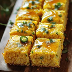 This recipe uses simple, easy-to-find ingredients. Here are the key ones: - Cornmeal: This gives the cornbread a lovely texture. - All-purpose flour: It adds structure and softness. - Sugar: Just a bit of sugar brings out the sweetness. - Baking powder: This helps the bread rise nicely. - Salt: A pinch of salt enhances flavor. - Buttermilk: It makes the bread moist and tangy. - Eggs: They bind the mixture and add richness. - Butter: Melted butter adds flavor and moisture. - Honey: This sweetens and adds a unique taste. - Jalapeños: They bring heat and flavor. - Corn kernels: Fresh or canned, they add sweetness and texture. - Cheddar cheese (optional): It gives a creamy, cheesy touch. Choosing quality ingredients makes a big difference. I recommend using organic cornmeal and fresh jalapeños. Fresh corn kernels add a burst of sweetness. If you can, use local honey; it tastes better and supports local beekeepers. For the cheese, go for sharp cheddar for a stronger flavor that balances the sweetness. You can make simple swaps if needed: - Cornmeal: Use fine polenta if you can't find cornmeal. - All-purpose flour: Whole wheat flour works for a nutty flavor. - Sugar: Substitute honey or maple syrup for a different sweetness. - Buttermilk: Mix regular milk with a splash of vinegar as a quick fix. - Jalapeños: For less heat, use bell peppers instead. - Corn kernels: Frozen corn can replace fresh corn. - Cheddar cheese: Try pepper jack cheese for added spice. 1. Start by heating your oven to 400°F (200°C). Grease an 8-inch square baking dish or a cast-iron skillet. This helps the cornbread not to stick. 2. In a large bowl, mix 1 cup cornmeal, 1 cup all-purpose flour, 1/4 cup sugar, 1 tablespoon baking powder, and 1/2 teaspoon salt. Stir these together until blended. 3. In another bowl, whisk together 1 cup buttermilk, 2 large eggs, 1/4 cup melted butter, and 1/4 cup honey. Mix until smooth. 4. Pour the wet mix into the dry mix. Stir gently until just mixed. Don't overmix, as this can change the texture. 5. Fold in 1-2 finely chopped jalapeños and 1/2 cup corn kernels. If you like cheese, add 1/2 cup shredded cheddar. This adds a nice flavor. 6. Pour the batter into your greased dish. Spread it out evenly with a spatula. 7. Bake for 20-25 minutes. Check if it’s done by inserting a toothpick in the center. If it comes out clean, it's ready. 8. Let the cornbread cool for a few minutes before slicing. This makes it easier to cut. - Use fresh corn if you can. It adds great flavor and moisture. - Don't skip the buttermilk; it gives the cornbread a tender crumb. - Check the baking time. Ovens can vary, so keep an eye on it. - For extra fluffiness, separate the eggs. Beat the egg whites until soft peaks form, then fold them in gently. - Let the cornbread sit for a few minutes after baking. This helps it set and makes slicing easier. To get the best flavor in your jalapeño honey cornbread, balance the sweet and spicy. Use fresh jalapeños for a crisp taste. The honey adds a rich sweetness that pairs well with the heat. I recommend mixing the honey into the wet ingredients for even distribution. If you want a bit more warmth, add more jalapeños, but make sure to seed them. This removes some of the heat, making it just right for everyone. One common mistake is overmixing the batter. Mix until just combined; lumps are okay. This keeps the cornbread light and fluffy. Another mistake is not greasing the pan well. A good coat of butter or oil helps the cornbread come out easily. Finally, keep an eye on the baking time. Every oven is different, so check for a golden top and a clean toothpick. Toppings can take your cornbread to the next level. Try adding shredded cheddar cheese to the batter for a savory twist. You can also top it with butter and a drizzle of honey right before serving. For an added crunch, sprinkle some toasted corn on top. Fresh herbs like cilantro or chives can brighten the dish and add color. Get creative with your mix-ins; corn or diced bell peppers add great texture and flavor! {{image_2}} You can change the heat of your cornbread by using more or fewer jalapeños. If you like a mild flavor, use just one jalapeño. For more heat, add two or even three. Remember to seed them to keep the spice down. The seeds hold most of the heat. You can also try using pickled jalapeños for a different taste. This adds a tangy kick that can elevate your cornbread. Feel free to experiment with seasonal ingredients. In fall, try adding pumpkin puree to the batter. This gives a moist texture and a lovely flavor. In summer, fresh corn kernels can shine. You can even add herbs like rosemary or thyme for a fresh twist. They add aroma and depth to the dish. If you need gluten-free cornbread, swap the all-purpose flour for a gluten-free blend. Most blends work well. For a dairy-free version, use almond milk or oat milk instead of buttermilk. You can also use coconut oil or a dairy-free butter for richness. These simple swaps keep the cornbread tasty and satisfying. To keep your jalapeño honey cornbread fresh, cool it completely first. Wrap it tightly in plastic wrap. You can also place it in an airtight container. Store it at room temperature for up to two days. If you want it to last longer, refrigerate it for up to a week. When you're ready to enjoy your cornbread again, preheat your oven to 350°F (175°C). Place the cornbread on a baking sheet and cover it with foil. Heat for about 10-15 minutes. This keeps it moist and warm. You can also microwave individual pieces for about 20-30 seconds. Just be careful not to dry it out. If you want to freeze it, slice the cornbread first. Wrap each piece in plastic wrap, then place them in a freezer bag. Make sure to remove as much air as possible. It can last up to three months in the freezer. To thaw, just leave it in the fridge overnight before reheating. Yes, you can use regular milk. Buttermilk adds a nice tang. If you want a similar taste, add a tablespoon of vinegar or lemon juice to regular milk. Let it sit for five minutes. This creates a buttermilk substitute that works well in this recipe. To add more heat, use more jalapeños. You can add one or two more and keep the seeds for extra spice. If you love heat, try adding diced serrano peppers. You can also use a pinch of cayenne pepper in the batter. Serve it warm for the best taste. Cut it into squares and drizzle extra honey on top. You can also garnish with thin slices of jalapeño or fresh herbs like cilantro. This makes the cornbread look great and adds more flavor. It's perfect with chili or soup! In this post, we explored key ingredients for jalapeño honey cornbread. I shared step-by-step instructions, tips for great flavor, and ways to avoid common mistakes. We discussed variations like sweet or spicy options, plus storage tips for leftovers. You have all the tools now to make this dish your own. Get creative and enjoy! Your kitchen adventures will lead to delicious results every time.