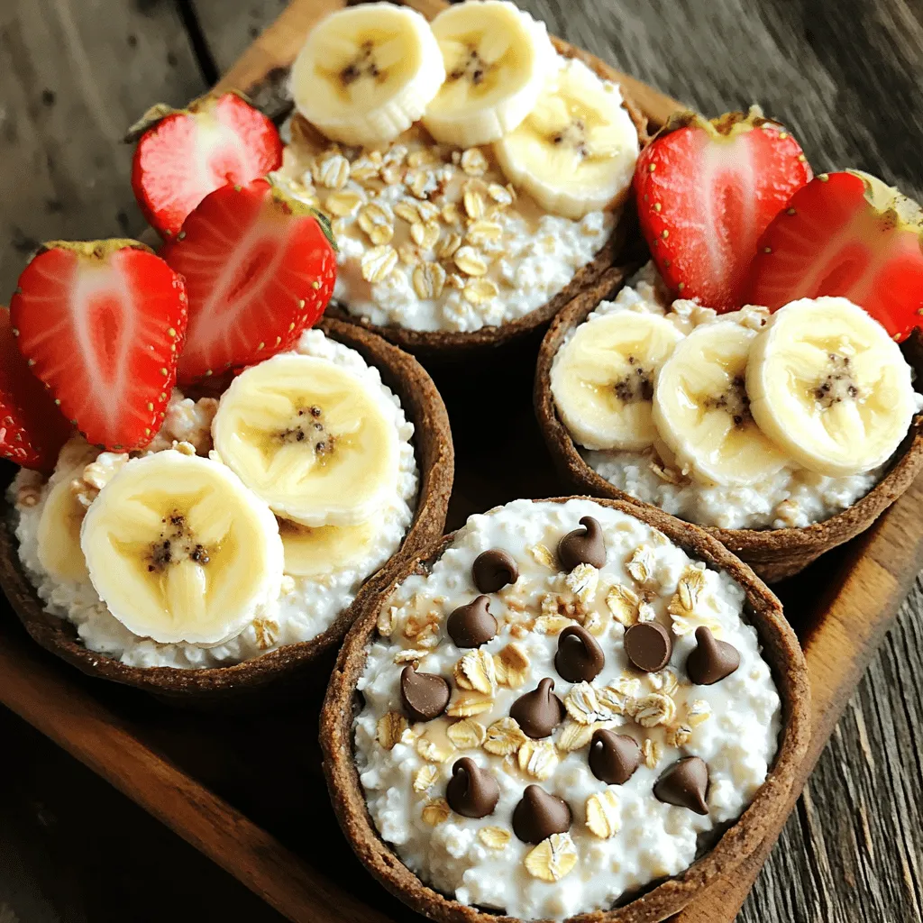 - 1 cup cottage cheese - ¼ cup almond butter - 2 tablespoons honey or maple syrup - 1 teaspoon vanilla extract The base of the Cookie Dough Cottage Cheese Cups is simple yet full of flavor. Cottage cheese gives it creaminess and protein. Almond butter adds richness and a nutty taste. You can choose honey or maple syrup for sweetness, depending on your preference. Vanilla extract brings a lovely aroma and taste. - ½ cup rolled oats - 1/3 cup mini chocolate chips - 2 tablespoons ground flaxseed (optional) - Fresh fruit for topping (e.g., sliced bananas or strawberries) The mix-ins are where the fun begins! Rolled oats add texture and heartiness. Mini chocolate chips bring that classic cookie dough flavor. If you want, ground flaxseed boosts nutrition. Fresh fruit on top adds color and freshness, making your cups even more delightful. - Medium bowl - Mixing spoon - Serving cups or bowls You don't need fancy tools for this recipe. A medium bowl helps you mix everything well. A mixing spoon lets you combine the ingredients easily. Finally, serving cups or bowls will hold your tasty treats, ready to enjoy! First, take a medium bowl. Add 1 cup of cottage cheese. Then, mix in ¼ cup of almond butter. This adds creaminess and flavor. Next, pour in 2 tablespoons of honey or maple syrup for sweetness. Add 1 teaspoon of vanilla extract for aroma. Stir well until the mix is smooth and creamy. This is your base. Now, it’s time for the dry ingredients. Incorporate ½ cup of rolled oats. These give great texture. If you want, add 2 tablespoons of ground flaxseed for extra fiber. Then, toss in 1/3 cup of mini chocolate chips. These will melt in your mouth. Stir until all ingredients blend well together. Grab some small cups or bowls. Spoon the mixture into each cup. Top each one with fresh fruit, like sliced bananas or strawberries. This adds color and taste. For the best flavor, chill in the fridge for up to 30 minutes. Enjoy these delightful treats anytime! To get that creamy base, mix the cottage cheese and almond butter well. Stir until it is smooth and there are no lumps. A few lumps are okay, but they should be small. For dry ingredients, add oats and flaxseed slowly. This helps keep the mix smooth. Stir gently to avoid clumping. You can switch nut butters to change the taste. Cashew butter or peanut butter work great. Each nut butter adds a new flavor twist. For extra zest, try adding spices like cinnamon or nutmeg. Just a pinch can enhance the flavor without overpowering it. Make these cups ahead of time. You can mix them up to two days in advance. Just store them in the fridge. For meal prep, consider making a big batch. This way, you have tasty snacks ready all week. {{image_2}} You can make this recipe fit any diet. - Dairy-free options: Use vegan cream cheese or coconut yogurt instead of cottage cheese. This gives a similar creamy texture without dairy. - Nut-free alternatives: Try sunflower seed butter instead of almond butter. This keeps the flavor rich and nut-free for those with allergies. You can switch up the flavors with toppings and spices. - Adding different fruit toppings: Fresh fruits like sliced bananas or strawberries brighten the dish. You can also try blueberries or raspberries for a tangy kick. - Incorporating spices like cinnamon: A sprinkle of cinnamon adds warmth and depth. You can also experiment with nutmeg for a unique twist. Get creative and give your cups a twist. - Using flavored protein powders: Try chocolate or vanilla protein powder. This adds flavor and boosts protein without much effort. - Swapping out chocolate chips with dried fruit: Use raisins or chopped dates instead. This makes the cups sweeter and adds chewy texture. These variations let you customize your Cookie Dough Cottage Cheese Cups. Enjoy making them your own! Store your Cookie Dough Cottage Cheese Cups in an airtight container. This keeps them fresh. They stay tasty for up to three days in the fridge. If you want them chilled, let them sit for 30 minutes before serving. This enhances the flavors and makes them even more enjoyable. To freeze your cookie dough cups, scoop them into a freezer-safe container. Make sure to leave some space at the top for expansion. They can last up to two months in the freezer. When you are ready to enjoy them, thaw them overnight in the fridge. For quick thawing, place them on the counter for about an hour. To refresh leftovers, simply give them a good stir. This brings back their creamy texture. You can also add fresh fruit on top for a new twist. If you're feeling creative, use the mixture as a topping for pancakes or oatmeal. This adds a fun flavor to your breakfast! Can I make this recipe vegan? Yes, you can make this recipe vegan. Use plant-based yogurt instead of cottage cheese. Swap almond butter for a nut-free option if needed. Use maple syrup as a sweetener. What can I substitute for cottage cheese? You can use Greek yogurt or silken tofu. Both options will keep the creamy texture. They also add a nice taste to the mix. How do I make this recipe nut-free? To make this nut-free, choose sunflower seed butter instead of almond butter. Check that all toppings and mix-ins are nut-free too. This way, everyone can enjoy the treat. What is the serving size for this recipe? This recipe serves four. Each cup is a perfect snack or dessert. You can easily scale the recipe for more servings. Overview of nutritional benefits of ingredients - Cottage cheese: High in protein and calcium. - Almond butter: Contains healthy fats and vitamins. - Rolled oats: Good source of fiber and energy. - Chocolate chips: Add fun and a little sweetness. - Fresh fruit: Provides vitamins and makes it colorful. Can these be baked instead? You can bake the mix for a cookie-like treat. Just shape it into balls and bake at 350°F for about 10 minutes. Check for a golden color. Alternative ways to enjoy the mix (smoothies, parfaits) You can blend the mix into a smoothie for a quick drink. Layer it with fruit and granola for a parfait. These options add variety to your treats. This blog post shared easy steps for making delicious cookie dough cups. We went through the main ingredients, mix-ins, and kitchen tools needed. I provided tips to perfect the texture and offered tasty variations. You can adapt this recipe for different diets and store leftovers easily. Now, it's your turn to try it. Enjoy customizing your treats and exploring different flavors! Keep it fun and tasty; experiments are the best part of cooking.