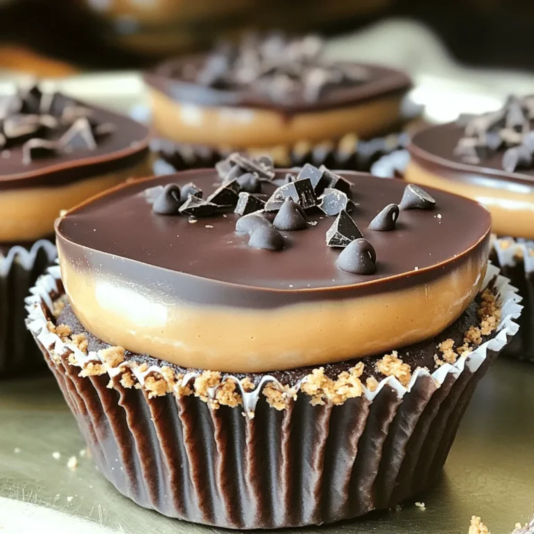 To make these Chocolate Peanut Butter Pie Cups, you need a few simple ingredients. Each one plays a key role in creating that rich and creamy dessert you will love. - 1 cup chocolate cookie crumbs - 4 tablespoons unsalted butter, melted - 1 cup creamy peanut butter - 8 oz cream cheese, softened - 1/2 cup powdered sugar - 1 teaspoon vanilla extract - 1 cup whipped topping (thawed) - Chocolate shavings or mini chocolate chips for garnish These ingredients come together to form a delightful treat. The chocolate cookie crumbs provide a crunchy base. The peanut butter and cream cheese mix creates a rich, creamy filling. Each bite is a perfect blend of sweet and salty. Using unsalted butter allows you to control the saltiness of the dish. The whipped topping adds lightness, making the dessert feel airy. Finally, the chocolate garnishes give a nice touch, both in taste and presentation. With just these ingredients, you can create a dessert that impresses everyone. Now, let’s get ready to make these delicious pie cups! First, gather your ingredients for the crust. You need chocolate cookie crumbs and melted butter. In a bowl, mix the cookie crumbs and melted butter. Stir until the crumbs look like wet sand. This mix is your crust base. Next, take cupcake liners and place them in a muffin tin. Use about 2 tablespoons of the crumb mix for each liner. Press it down firmly to form a solid crust. Make sure it is tight. This step is key for a sturdy base. Now, let’s move on to the filling. In a clean bowl, beat together the creamy peanut butter and softened cream cheese. Add powdered sugar and vanilla extract. Mix until the mixture is smooth and creamy. This creates a rich filling. Once it is smooth, gently fold in the thawed whipped topping. Be careful not to overmix; you want it light and airy. This will give your pie cups a fluffy texture. For assembly, take the crusts you made earlier. Spoon the peanut butter mix into each crust. Fill them to just below the top. This helps keep the filling from overflowing. After filling, it is time to refrigerate. Place the muffin tin in the fridge for at least 2 hours. This will help the pie cups set properly. Once they are firm, take them out and carefully remove the cupcake liners. Now your chocolate peanut butter pie cups are ready for a tasty garnish. Add chocolate shavings or mini chocolate chips on top before serving. Enjoy every bite! - Ensuring the crust is well-packed To make a great crust, mix your chocolate cookie crumbs with melted butter well. This mix should feel like wet sand. When you press it into the cupcake liners, use your fingers or a small cup. Press down hard. A firm crust keeps the cups from falling apart. - Achieving a smooth filling texture For a smooth filling, beat the peanut butter, cream cheese, powdered sugar, and vanilla extract together. Mix until it’s creamy and free of lumps. When you fold in the whipped topping, do it gently. This keeps the filling light and fluffy. - Best ways to serve and present the dessert Once your chocolate peanut butter pie cups are set, take them out of the muffin tin. Peel off the liners carefully. Place them on a nice plate. Adding chocolate shavings or mini chocolate chips on top makes them look fancy. - Pairing options with beverages These pie cups pair well with milk or coffee. A glass of cold milk makes the rich flavors pop. If you prefer coffee, try a light roast. It balances the sweetness nicely and enhances the taste. {{image_2}} You can easily switch up the flavors in these pie cups. One fun idea is to add chocolate or caramel swirls. Just drizzle some melted chocolate or caramel on top of the peanut butter filling. Then, use a toothpick to create pretty swirls. This adds a nice touch and extra flavor. If you want a crunchier texture, use crunchy peanut butter instead of creamy. The bits of peanuts will add a delightful crunch. This small change can really change the taste and feel of the dessert. For those following a vegan diet, you can make simple swaps. Use vegan cream cheese and whipped topping. These options help keep the creamy texture while staying plant-based. You can also replace the powdered sugar with a powdered sugar alternative to keep it vegan. If you need a gluten-free version, choose gluten-free cookie crumbs. Many brands offer tasty gluten-free chocolate cookies. This way, everyone can enjoy these pie cups without worry. To keep your chocolate peanut butter pie cups fresh, use airtight containers. I recommend using glass or plastic containers that seal well. Place the pie cups in a single layer to avoid crushing them. You can store them in the fridge for up to 5 days. If you want to save some treats for later, freezing is a great choice. First, wrap each pie cup in plastic wrap. Then place the wrapped cups in a freezer-safe bag or container. They can stay in the freezer for up to 2 months. When you’re ready to enjoy them, take the cups out and let them thaw in the fridge overnight. This keeps the texture smooth. Serve them cold for the best taste. Can I use different types of cookies for the crust? Yes, you can use any cookie you like. Try vanilla wafers or graham crackers. Just crush them to make crumbs. The taste will change, but it will still be great! How long can these pie cups be stored in the fridge? These pie cups can last up to five days in the fridge. Store them in an airtight container. This keeps them fresh and tasty for longer. Can I make this recipe in advance for a party? Absolutely! You can make these pie cups a day ahead. Just let them chill in the fridge overnight. This saves you time and stress on the day of the party. What's the best way to prevent the crust from becoming soggy? To keep the crust crunchy, make sure to pack it tightly. Use melted butter to help it hold together. Don’t let the filling sit too long before serving. This keeps the crust perfect! These no-bake peanut butter pie cups are easy to make and delicious. You learned about the simple ingredients, the step-by-step process, and key tips for perfect results. I shared variations to suit different tastes and dietary needs. You can even store leftovers and freeze them for later. Enjoy making these delightful treats! They are perfect for any gathering or just for you. Don't hesitate to get creative with flavors and toppings. Your dessert experience will be fun and tasty. Happy baking!