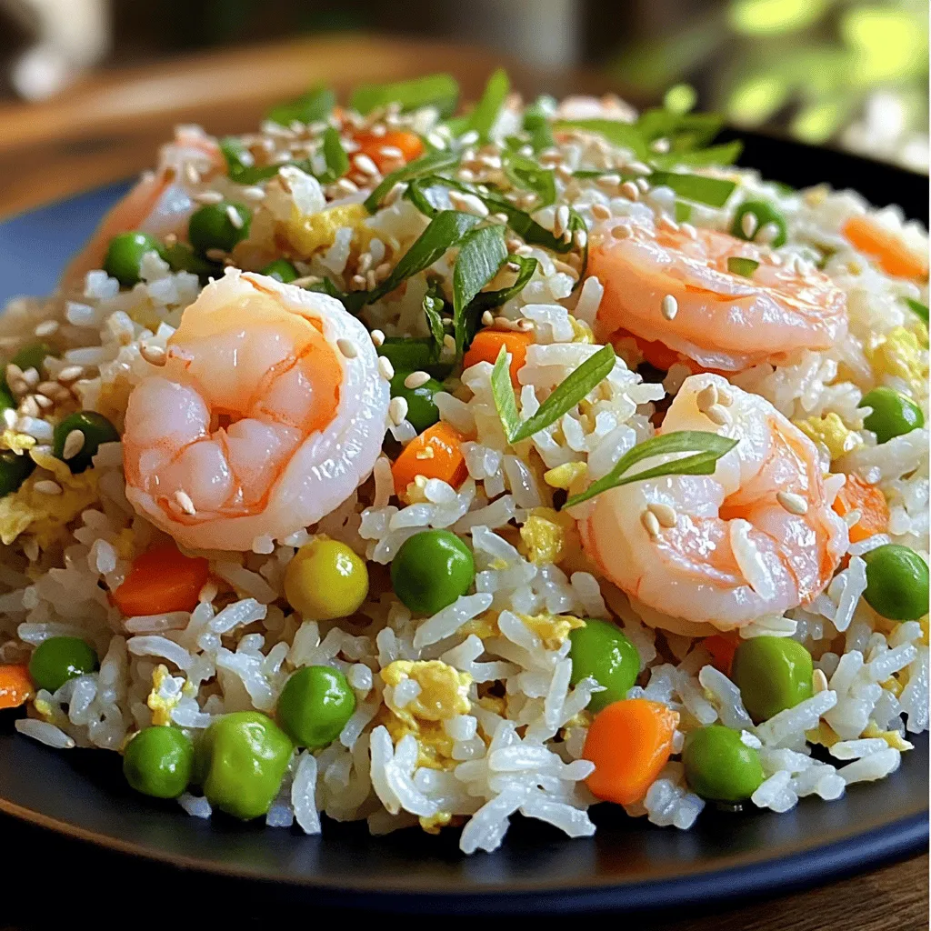 - 1 cup cooked jasmine rice (preferably cold) - 200g shrimp, peeled and deveined - 3 tablespoons unsalted butter - 4 cloves garlic, minced - 1/2 cup peas and carrots (frozen or fresh) - 2 green onions, sliced - 2 tablespoons soy sauce - 1 teaspoon sesame oil - Salt and black pepper to taste - Optional: 1 egg, lightly beaten When I make Minute Garlic Butter Shrimp Fried Rice, I choose quality ingredients. First, I use jasmine rice because of its lovely aroma and texture. Cold rice is best. It stays firm and does not clump. Next, I pick fresh shrimp. It should be peeled and deveined. Fresh shrimp gives a sweet taste. If using frozen, remember to thaw it before cooking. Butter is key in this dish. I use unsalted butter, which lets me control the salt. The rich flavor of butter enhances all other tastes. Garlic is a must. I mince four cloves to release its strong aroma. It adds depth and flavor to the dish. For veggies, I blend peas and carrots. They add color and nutrients. You can use fresh or frozen. Either works well. Green onions are my favorite garnish. They add a fresh crunch and bright color. Finally, I season with soy sauce and sesame oil. These ingredients give the rice a savory kick. I also add salt and pepper to taste. If I want more protein, I beat an egg and mix it in. It makes the dish even heartier. These ingredients come together to create a quick, tasty meal. Their flavors blend well, making each bite delicious. - Ensure rice is cold and clump-free - Thaw shrimp if using frozen To start, cold rice is key. It helps the grains stay separate. If your rice is warm, it may stick together. You can use leftover rice from the fridge. Just break up any clumps to make it easier to cook. If you have frozen shrimp, take them out early. Let them thaw in cold water for about 15 minutes. This way, they will cook evenly and stay juicy. - Heat butter and sauté garlic - Cook shrimp and season - Add vegetables and incorporate rice - Season and add scrambled egg (if desired) - Finish with green onions and taste Now, let’s get cooking! First, melt 2 tablespoons of butter in a large skillet over medium-high heat. When the butter is hot and bubbling, add minced garlic. Sauté it for about 30 seconds. You want it fragrant but not brown. Next, add the shrimp to the skillet. Cook them for about 2-3 minutes. Watch for them to turn pink; that means they are done. Season with a pinch of salt and pepper. This simple step makes all the difference. Then, toss in your peas and carrots. Stir for another 2 minutes until they heat through. Now, push the shrimp and veggies to one side of the skillet. Add the remaining butter and your cold rice. Break up any clumps as you stir-fry everything together. Pour in 2 tablespoons of soy sauce and 1 teaspoon of sesame oil. Mix well to coat the rice evenly. If you'd like to add an egg for extra protein, push the mixture to one side. Pour the beaten egg into the empty space and scramble it until cooked. Then, mix it into the rice. Finally, stir in sliced green onions. Cook for 1 more minute. Taste your fried rice and adjust the seasoning if needed. This is your moment to make it perfect! Using cold rice is key for great texture. When rice is cold, it stays firm. This helps avoid mushy fried rice. You want each grain to shine. If your rice is warm, let it cool in the fridge first. Cooking shrimp takes just 2-3 minutes. They turn pink when done. For the vegetables, add them after the shrimp. Cook them for about 2 minutes. This keeps them crisp and colorful. To boost flavor, consider adding more garlic. You might also try ginger for a fresh taste. A splash of lime juice can add zing. For a kick, add chili flakes or sriracha. Adjust spice levels by using less garlic or soy sauce. If you prefer milder flavors, skip the chili. You can also use tamari for a gluten-free option. {{image_2}} You can change up the protein in this dish. If you want, use chicken or tofu instead of shrimp. Both options add a nice taste and make this meal your own. - Chicken: Use diced chicken breast. Cook it until it's golden brown. - Tofu: Use firm tofu, cut into cubes. Sauté until crispy on the outside. Switching vegetables can also give new flavors. Try bell peppers, broccoli, or snap peas. Each veggie adds its own character. - Bell Peppers: Sweet and colorful. Cut them into strips and add them with the garlic. - Broccoli: Nutritious and crunchy. Steam it slightly before adding to the rice. - Snap Peas: Crisp and sweet. Toss in at the same time as the peas and carrots. Serving this fried rice is fun and easy. It pairs well with many sides. A light soup or a fresh salad works great. - Soup: A simple miso soup can warm up your meal. - Salad: A cucumber salad adds crunch and freshness. For presentation, serve the fried rice in a big bowl. Top it with extra green onions and sesame seeds. This makes the dish look bright and tasty. - Garnish: Use fresh herbs like cilantro to add color. - Serving Style: Serve family-style so everyone can help themselves. To store leftover fried rice safely, let it cool first. Use an airtight container to keep it fresh. Place the fried rice in the fridge if you plan to eat it within three days. For reheating, use a microwave or a skillet. If using a microwave, heat it in short bursts. Stir in between to ensure even heating. In a skillet, add a splash of water to keep it moist. Stir and cook on low heat until hot. If you want to freeze fried rice, it works well! Pack it in a freezer-safe container or bag. Try to remove as much air as possible to avoid freezer burn. Fried rice can stay good in the freezer for up to three months. When you’re ready to eat, thaw it overnight in the fridge. Reheat in the microwave or skillet as mentioned before. This way, you have a quick meal ready whenever you need it! To keep fried rice from being mushy, use cold, cooked rice. Freshly cooked rice can clump. It holds too much moisture. Spread it out on a plate to cool. This helps dry it out before cooking. Stir-frying at high heat also helps dry it out. Yes, you can add other vegetables. Bell peppers, broccoli, and corn work well. Just chop them small so they cook fast. Add them when you add peas and carrots. This adds color and nutrition. Jasmine rice is best for fried rice. It has a nice, fluffy texture. You can also use long-grain rice. Avoid sticky rice, as it clumps together too much. Cold, leftover rice gives the best results. Yes, you can make this recipe vegetarian. Swap shrimp for tofu or tempeh. Use vegetable broth instead of butter. Add more veggies to enhance flavor. This keeps it hearty and tasty. Garlic Butter Shrimp Fried Rice lasts about three days in the fridge. Store it in an airtight container. Reheat it in a skillet or microwave. Make sure it’s hot all the way through before eating. In this blog post, I shared a simple recipe for garlic butter shrimp fried rice. You learned about the best ingredients, step-by-step cooking tips, and ways to store leftovers. Remember, using cold rice is key. You can also swap shrimp for chicken or tofu. Feel free to mix in your favorite vegetables or spices. Enjoy your cooking! It's all about making great food that you love.