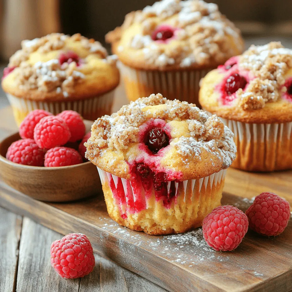 Raspberry streusel muffins are soft, sweet treats filled with juicy raspberries. These muffins have a crumbly topping that adds a nice crunch. They are perfect for breakfast or a snack. The mix of sweet and tart makes them a favorite for many. They look great, too, with bright red berries peeking through the golden crust. Bakery-made muffins save you time and effort. They often taste fresher and more delicious than store-bought options. You can find unique flavors, like raspberry streusel, that stand out. Plus, bakeries use high-quality ingredients. This makes their muffins more satisfying. Buying from a local bakery also supports your community and local farmers. Raspberries are tiny powerhouses of nutrition. They are low in calories but high in fiber. Eating raspberries can help with digestion and keeps you feeling full. They are rich in vitamins, like C and K. These vitamins boost your immune system and help heal wounds. Raspberries also have antioxidants that fight free radicals in your body. Enjoying these muffins is a tasty way to add healthy fruit to your diet. Flour, Sugar, and Baking Agents Flour gives muffins structure. I use all-purpose flour for a soft texture. Granulated sugar adds sweetness, while baking powder and baking soda help muffins rise. The salt balances flavors and enhances the sweetness. Together, these form the base of our muffins. Importance of Fresh Raspberries Fresh raspberries are the star here. They add a burst of tartness that pairs well with the sweet batter. Fresh berries also provide moisture. Frozen raspberries may work, but they can make the muffins soggy. I always recommend using fresh for the best taste. Role of Wet Ingredients in Moisture The wet ingredients are key to keeping muffins moist. I combine melted butter, buttermilk, and eggs for richness. Buttermilk adds a slight tang and keeps the muffins tender. The vanilla extract gives a warm flavor that complements the raspberries perfectly. You can add more flavors to your muffins. Consider mixing in lemon zest for a citrus kick. You might also try adding nuts for crunch or even a sprinkle of chocolate chips for sweetness. Feel free to get creative! If you need gluten-free options, use a gluten-free flour blend in place of all-purpose flour. For a dairy-free version, swap buttermilk with almond milk and use coconut oil instead of butter. These changes keep the muffins tasty while meeting dietary needs. - Preheating the Oven: Start by preheating your oven to 375°F (190°C). This step is key to getting that perfect rise on your muffins. - Setting Up Muffin Tin: Line a 12-cup muffin tin with paper liners. You can also grease each cup with non-stick spray. This helps prevent sticking and makes for easy removal. - Combining Dry and Wet Ingredients: In a large bowl, whisk together 2 cups of flour, 1 cup of sugar, 2 1/2 teaspoons of baking powder, 1/2 teaspoon of baking soda, and 1/2 teaspoon of salt. In a separate bowl, mix 1/2 cup of melted butter, 1 cup of buttermilk, 2 large eggs, and 1 teaspoon of vanilla. Mix until smooth. - Folding in Raspberries Carefully: Pour the wet mixture into the dry ingredients. Gently stir until just combined. Be careful not to overmix! Now, fold in 1 1/2 cups of fresh raspberries gently. Avoid mashing them. - Mixing Tips for a Crumbly Texture: In a clean bowl, mix 1/2 cup of flour, 1/4 cup of brown sugar, and 1/4 teaspoon of ground cinnamon. Add 1/4 cup of cold, cubed butter. Use a fork or your fingers to mix until crumbly. This will give you that lovely texture. - When to Add the Topping: Once you fill the muffin cups with batter, sprinkle the streusel topping generously over each muffin. This adds a tasty crunch. - Determining Baking Time: Bake the muffins in your preheated oven for 18-20 minutes. Keep an eye on them as they bake. - Signs Muffins are Ready: The muffins are done when they turn golden brown. A toothpick inserted in the center should come out clean. If it’s wet, give them a few more minutes. This step-by-step guide will help you create delightful raspberry streusel muffins that are fresh and delicious. Enjoy the process and the tasty results! {{image_2}} Overmixing Batter Mixing the batter too much can make your muffins tough. When you combine the wet and dry ingredients, stir gently. You want to see some lumps. This keeps the muffins light and fluffy. Incorrect Oven Temperature Make sure your oven is at the right temperature. An oven that is too hot can burn the muffins, while one that is too cool can lead to soggy centers. Use an oven thermometer to check the heat. This helps you bake the perfect muffins every time. Adding Zest or Spices You can make your muffins pop with flavor! Consider adding lemon or orange zest. A pinch of cinnamon can also add warmth. These small changes make a big difference. Keeping Muffins Moist To keep your muffins moist, use buttermilk, like in this recipe. It adds richness and helps them stay soft. Also, avoid opening the oven door too often. Each time you do, heat escapes, and this can dry your muffins out. Serving and Display Ideas Serve your muffins on a wooden board for a rustic look. Dust them lightly with powdered sugar for a sweet touch. Add a small bowl of fresh raspberries to the side. This adds color and invites guests to dig in! Pairing with Beverages These muffins pair well with many drinks. A hot cup of coffee or tea complements the sweet and tart flavors. For a refreshing choice, try them with iced tea or lemonade. These options will make your snack time special. You can swap out raspberries for other fruits. Blueberries make a sweet and juicy muffin. Strawberries add a lovely tartness. You can also use peaches for a summer twist. Each fruit brings a unique flavor, keeping your muffins fresh and exciting. If you're looking for gluten-free options, use almond or coconut flour instead of all-purpose flour. These flours work well and keep the muffins moist. For a low-sugar alternative, try using natural sweeteners like honey or maple syrup. You can reduce the sugar in the batter and still enjoy great taste. Add-ins can take your muffins to the next level. Consider adding nuts for crunch and flavor. Walnuts or pecans are great choices. Chocolate chips can turn your muffins into a sweet treat. Another fun idea is to swirl yogurt or cream cheese into the batter. This adds creaminess and a burst of flavor. Exploring these variations keeps your baking fun and suitable for everyone! You should store leftover muffins in an airtight container. This keeps them fresh for up to three days. If you want to keep them longer, place them in the fridge for about a week. Just make sure they are fully cooled before storing. Yes, you can freeze these muffins! Wrap each muffin in plastic wrap. Then, place them in a freezer-safe bag. They can last up to three months in the freezer. To enjoy, just thaw them at room temperature or warm them in the oven. Your muffins are done when they turn golden brown. Insert a toothpick into the center. If it comes out clean, they are ready. Baking time is usually between 18 to 20 minutes. Keep an eye on them towards the end. Serve your muffins warm for the best taste. You can dust them with powdered sugar for a fancy touch. Pair them with a small bowl of fresh raspberries or a dollop of whipped cream. They also go great with coffee or tea for a delightful treat! Raspberry streusel muffins are a tasty treat you can easily make at home. We explored their ingredients, step-by-step baking process, and helpful tips for perfect results. You learned how to avoid mistakes and even customize your muffins. Remember, using fresh raspberries and preheating your oven are key steps. With these insights, you can bake delicious muffins anytime. Enjoy experimenting with flavors and sharing your creations!