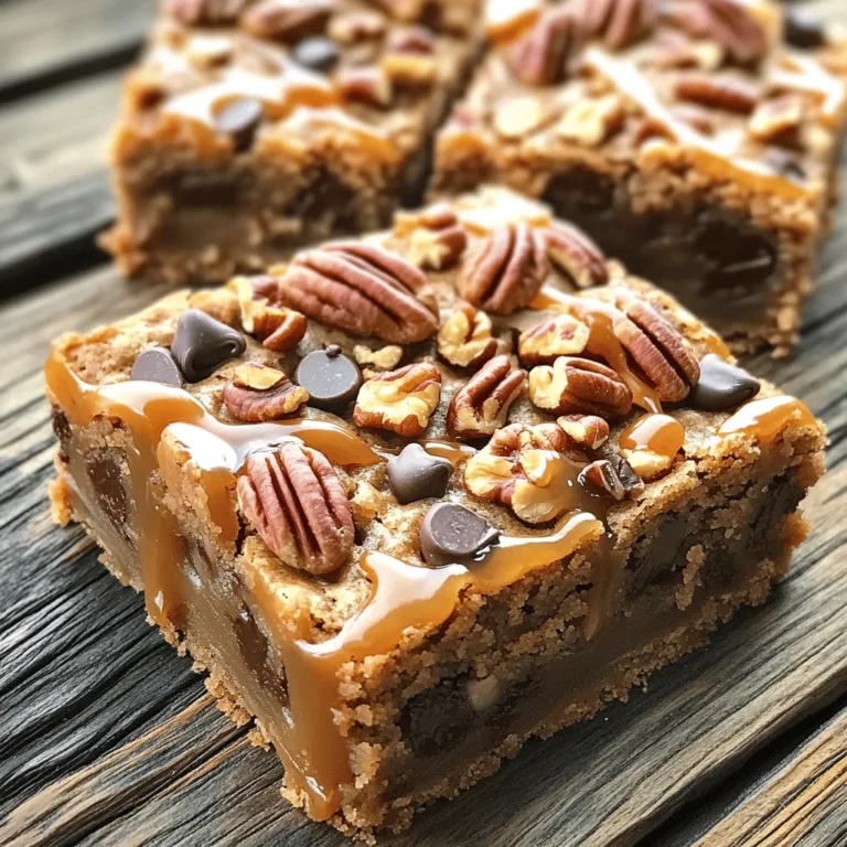 To make caramel pecan chocolate chip blondies, gather these ingredients: - 1 cup unsalted butter, melted - 1 cup brown sugar, packed - 1/2 cup granulated sugar - 2 large eggs - 2 teaspoons vanilla extract - 2 cups all-purpose flour - 1/2 teaspoon baking powder - 1/4 teaspoon baking soda - 1/2 teaspoon salt - 1 cup chocolate chips - 1 cup pecans, chopped - 1/2 cup caramel sauce These ingredients create a rich blend of flavors. The butter gives a moist base. Brown sugar adds warmth, while granulated sugar balances sweetness. Eggs help bind the mix, and vanilla boosts flavor. The dry ingredients include flour, baking powder, baking soda, and salt. They give structure and help the blondies rise. Chocolate chips add gooey bites, and pecans give crunch. The caramel sauce adds a sweet swirl and a touch of decadence. Having these ingredients ready makes the process smooth. You will love the sweet and nutty taste of these blondies! Start by preheating your oven to 350°F (175°C). This step is key for even baking. Next, take a 9x13 inch baking dish and line it with parchment paper. Leave some paper hanging over the edges. This makes it easy to lift out the blondies later. In a big bowl, whisk together the melted butter, brown sugar, and granulated sugar. Keep mixing until it's smooth and creamy. This blend gives the blondies their rich flavor. Next, add the eggs, one at a time, whisking well after each addition. Then, mix in the vanilla extract. This adds a lovely aroma. In another bowl, mix the all-purpose flour, baking powder, baking soda, and salt. Gradually fold this dry mix into the wet ingredients until just combined. Don’t overmix! Now, gently fold in the chocolate chips and chopped pecans. This ensures every bite has a delightful crunch and sweet flavor. Pour half of the blondie batter into the prepared baking dish. Spread it evenly across the bottom. Drizzle half of the caramel sauce over this layer. Next, pour the rest of the batter on top. Smooth it out, then take a knife and swirl in the remaining caramel sauce. This creates a beautiful marbled effect. Place the dish in the oven and bake for 25-30 minutes. To check if they’re done, insert a toothpick in the center. It should come out with a few moist crumbs. Be careful not to overbake! Overbaking can lead to dry blondies. After baking, let the blondies cool completely in the dish. Use the parchment paper to lift them out. Place on a cutting board and cut into squares. Serve these delicious treats warm or at room temperature. Enjoy! To stop your blondies from overbaking, set a timer for 25 minutes. Check for doneness with a toothpick. Insert it into the center. If it comes out with a few moist crumbs, they are ready. If it comes out clean, they are overbaked. Remember, they will keep cooking while cooling. Swirling caramel in your blondies adds a rich flavor. Pour half the batter into your dish first. Drizzle half the caramel sauce on top. Use a knife to gently swirl it in. Don't mix it too much! You want a pretty marbled look. Add the rest of the batter and repeat with the remaining caramel. Serve your blondies warm for the best taste. Drizzle extra caramel sauce on top for a treat. Add a sprinkle of chopped pecans for crunch. Pair with a scoop of vanilla ice cream for a creamy contrast. This combo makes for a perfect dessert. Use a 9x13 inch baking dish for even cooking. Parchment paper helps with easy removal. A mixing bowl and whisk work well for the batter. Keep a measuring cup handy for accuracy. A toothpick is great for checking doneness. {{image_2}} You can swap pecans for other nuts like walnuts or almonds. Try using cashews for a unique twist. If you want a different chocolate flavor, use dark or white chocolate chips. Each nut and chocolate will change the taste and texture just a bit. Experiment until you find your favorite blend. To make these blondies gluten-free, replace all-purpose flour with a gluten-free flour blend. Many blends work well in equal amounts. Be sure the baking powder and baking soda you use are also gluten-free. This way, everyone can enjoy these treats without worry. Enhancing flavor is easy! A pinch of sea salt can balance the sweetness. You can also add a bit of espresso powder for a coffee kick. Try mixing in spices like cinnamon or nutmeg for a warm flavor. Vanilla extract is great, but almond extract adds a nice touch too. If you prefer less sweetness, cut back on the brown sugar. You can use less caramel sauce for a lighter treat. Alternatively, add a bit more sugar if you like it sweeter. It’s all about your taste. Adjust these levels to get your perfect blondie! To keep your caramel pecan chocolate chip blondies fresh, store them in an airtight container. This helps prevent them from drying out. If you want them to stay soft, place a slice of bread in the container. The moisture from the bread keeps the blondies nice and chewy. When stored properly, blondies last about 4 to 6 days at room temperature. You can also place them in the fridge to extend their freshness. In the fridge, they can last up to a week. Just remember to let them come to room temperature before enjoying. If you want to save blondies for later, freezing is a great option. First, cut them into squares. Then, wrap each square tightly in plastic wrap. Place the wrapped squares in a freezer-safe bag or container. They can last up to three months in the freezer. To enjoy, simply thaw them in the fridge overnight or at room temperature for a few hours. Yes, you can use margarine in this recipe. It will change the flavor slightly. Margarine will still give you a nice texture in your blondies. If you don’t have pecans, use walnuts or almonds instead. You can also skip the nuts for a nut-free treat. The blondies will still taste great with chocolate chips alone. Yes, you can make the blondies ahead. Bake them and let them cool. Store in an airtight container for up to three days. Yes, use a dairy-free butter substitute. For the caramel, choose a dairy-free type or make your own. This way, you can enjoy the blondies without dairy. To add more chocolate flavor, use dark chocolate chips instead of semi-sweet. You can also add cocoa powder to the dry mix. This will deepen the chocolate taste. Reheat blondies in the oven for a few minutes at 350°F. Wrap them in foil to keep them moist. You can also pop them in the microwave for a few seconds. Enjoy them warm! This blog post shared a simple, tasty blondie recipe. We covered all the important steps, from gathering your ingredients to enjoying the final treat. Remember to mix your wet and dry ingredients well and watch for baking time to avoid overbaking. You can also get creative with variations and storage tips. Blondies are easy to make and great for sharing or keeping. Enjoy making them your way with different flavors and mix-ins!