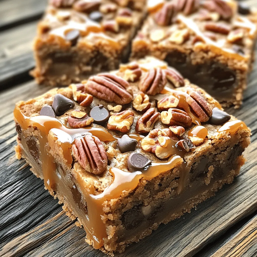 To make caramel pecan chocolate chip blondies, gather these ingredients: - 1 cup unsalted butter, melted - 1 cup brown sugar, packed - 1/2 cup granulated sugar - 2 large eggs - 2 teaspoons vanilla extract - 2 cups all-purpose flour - 1/2 teaspoon baking powder - 1/4 teaspoon baking soda - 1/2 teaspoon salt - 1 cup chocolate chips - 1 cup pecans, chopped - 1/2 cup caramel sauce These ingredients create a rich blend of flavors. The butter gives a moist base. Brown sugar adds warmth, while granulated sugar balances sweetness. Eggs help bind the mix, and vanilla boosts flavor. The dry ingredients include flour, baking powder, baking soda, and salt. They give structure and help the blondies rise. Chocolate chips add gooey bites, and pecans give crunch. The caramel sauce adds a sweet swirl and a touch of decadence. Having these ingredients ready makes the process smooth. You will love the sweet and nutty taste of these blondies! Start by preheating your oven to 350°F (175°C). This step is key for even baking. Next, take a 9x13 inch baking dish and line it with parchment paper. Leave some paper hanging over the edges. This makes it easy to lift out the blondies later. In a big bowl, whisk together the melted butter, brown sugar, and granulated sugar. Keep mixing until it's smooth and creamy. This blend gives the blondies their rich flavor. Next, add the eggs, one at a time, whisking well after each addition. Then, mix in the vanilla extract. This adds a lovely aroma. In another bowl, mix the all-purpose flour, baking powder, baking soda, and salt. Gradually fold this dry mix into the wet ingredients until just combined. Don’t overmix! Now, gently fold in the chocolate chips and chopped pecans. This ensures every bite has a delightful crunch and sweet flavor. Pour half of the blondie batter into the prepared baking dish. Spread it evenly across the bottom. Drizzle half of the caramel sauce over this layer. Next, pour the rest of the batter on top. Smooth it out, then take a knife and swirl in the remaining caramel sauce. This creates a beautiful marbled effect. Place the dish in the oven and bake for 25-30 minutes. To check if they’re done, insert a toothpick in the center. It should come out with a few moist crumbs. Be careful not to overbake! Overbaking can lead to dry blondies. After baking, let the blondies cool completely in the dish. Use the parchment paper to lift them out. Place on a cutting board and cut into squares. Serve these delicious treats warm or at room temperature. Enjoy! To stop your blondies from overbaking, set a timer for 25 minutes. Check for doneness with a toothpick. Insert it into the center. If it comes out with a few moist crumbs, they are ready. If it comes out clean, they are overbaked. Remember, they will keep cooking while cooling. Swirling caramel in your blondies adds a rich flavor. Pour half the batter into your dish first. Drizzle half the caramel sauce on top. Use a knife to gently swirl it in. Don't mix it too much! You want a pretty marbled look. Add the rest of the batter and repeat with the remaining caramel. Serve your blondies warm for the best taste. Drizzle extra caramel sauce on top for a treat. Add a sprinkle of chopped pecans for crunch. Pair with a scoop of vanilla ice cream for a creamy contrast. This combo makes for a perfect dessert. Use a 9x13 inch baking dish for even cooking. Parchment paper helps with easy removal. A mixing bowl and whisk work well for the batter. Keep a measuring cup handy for accuracy. A toothpick is great for checking doneness. {{image_2}} You can swap pecans for other nuts like walnuts or almonds. Try using cashews for a unique twist. If you want a different chocolate flavor, use dark or white chocolate chips. Each nut and chocolate will change the taste and texture just a bit. Experiment until you find your favorite blend. To make these blondies gluten-free, replace all-purpose flour with a gluten-free flour blend. Many blends work well in equal amounts. Be sure the baking powder and baking soda you use are also gluten-free. This way, everyone can enjoy these treats without worry. Enhancing flavor is easy! A pinch of sea salt can balance the sweetness. You can also add a bit of espresso powder for a coffee kick. Try mixing in spices like cinnamon or nutmeg for a warm flavor. Vanilla extract is great, but almond extract adds a nice touch too. If you prefer less sweetness, cut back on the brown sugar. You can use less caramel sauce for a lighter treat. Alternatively, add a bit more sugar if you like it sweeter. It’s all about your taste. Adjust these levels to get your perfect blondie! To keep your caramel pecan chocolate chip blondies fresh, store them in an airtight container. This helps prevent them from drying out. If you want them to stay soft, place a slice of bread in the container. The moisture from the bread keeps the blondies nice and chewy. When stored properly, blondies last about 4 to 6 days at room temperature. You can also place them in the fridge to extend their freshness. In the fridge, they can last up to a week. Just remember to let them come to room temperature before enjoying. If you want to save blondies for later, freezing is a great option. First, cut them into squares. Then, wrap each square tightly in plastic wrap. Place the wrapped squares in a freezer-safe bag or container. They can last up to three months in the freezer. To enjoy, simply thaw them in the fridge overnight or at room temperature for a few hours. Yes, you can use margarine in this recipe. It will change the flavor slightly. Margarine will still give you a nice texture in your blondies. If you don’t have pecans, use walnuts or almonds instead. You can also skip the nuts for a nut-free treat. The blondies will still taste great with chocolate chips alone. Yes, you can make the blondies ahead. Bake them and let them cool. Store in an airtight container for up to three days. Yes, use a dairy-free butter substitute. For the caramel, choose a dairy-free type or make your own. This way, you can enjoy the blondies without dairy. To add more chocolate flavor, use dark chocolate chips instead of semi-sweet. You can also add cocoa powder to the dry mix. This will deepen the chocolate taste. Reheat blondies in the oven for a few minutes at 350°F. Wrap them in foil to keep them moist. You can also pop them in the microwave for a few seconds. Enjoy them warm! This blog post shared a simple, tasty blondie recipe. We covered all the important steps, from gathering your ingredients to enjoying the final treat. Remember to mix your wet and dry ingredients well and watch for baking time to avoid overbaking. You can also get creative with variations and storage tips. Blondies are easy to make and great for sharing or keeping. Enjoy making them your way with different flavors and mix-ins!