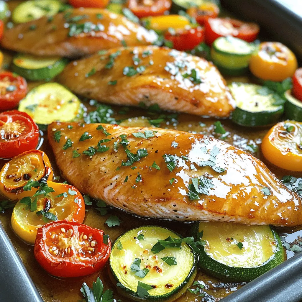 - 4 trout fillets - 1/4 cup pure maple syrup - 2 tablespoons Dijon mustard - 2 tablespoons soy sauce (low sodium) - 1 zucchini, sliced - 1 bell pepper (any color), sliced - 1 cup cherry tomatoes, halved - 1 tablespoon olive oil - 1 teaspoon garlic powder - 1 teaspoon ginger powder - Salt and pepper to taste - Fresh parsley for garnish (optional) Gather these ingredients before you start cooking. Fresh trout is key for great taste. Choose firm fillets for the best texture. The maple syrup gives a sweet touch, while the Dijon mustard adds a tangy flavor. Low-sodium soy sauce keeps it savory without being too salty. For the veggies, I love the crunch of zucchini and bell pepper. Cherry tomatoes add a burst of sweetness. You can mix and match other veggies if you like. Just make sure they cook well with the trout. For seasoning, olive oil helps everything cook evenly. Garlic and ginger powders boost the flavor. Don’t forget to use salt and pepper. They enhance the dish. Fresh parsley adds color and freshness when you serve it. Enjoy the cooking process and have fun with these ingredients! - Preheat your oven to 400°F (200°C). - In a small bowl, whisk together 1/4 cup maple syrup, 2 tablespoons Dijon mustard, 2 tablespoons soy sauce, 1 teaspoon garlic powder, and 1 teaspoon ginger powder. Mix until smooth. - Pat 4 trout fillets dry with a paper towel. - Season both sides with salt and pepper. - Place the trout skin-side down on a large sheet pan lined with parchment paper. - In a separate bowl, toss 1 sliced zucchini, 1 sliced bell pepper, and 1 cup halved cherry tomatoes with 1 tablespoon olive oil, salt, and pepper. - Spread the veggies evenly around the trout on the sheet pan. - Drizzle half of the maple glaze over the trout fillets. Ensure it covers them well. - Place the sheet pan in the preheated oven. Bake for 15-20 minutes. The trout should flake easily with a fork, and the veggies should be tender. - In the last 5 minutes of cooking, brush the remaining glaze over the trout and veggies. This adds a sticky finish. - Remove from the oven and garnish with fresh parsley if you like. Serve hot for a delightful meal! To make your glaze smooth, whisk the maple syrup, Dijon mustard, soy sauce, garlic powder, and ginger powder together well. Use a small bowl and a fork for quick mixing. If you like it sweeter, add more maple syrup. For more tang, add a bit more mustard. Taste as you go to find your perfect balance. Bake your trout and veggies for 15 to 20 minutes at 400°F (200°C). The trout is done when it flakes easily with a fork. The veggies should be tender but not mushy. Keep an eye on them towards the end of baking. If they look too soft, take them out early. For the best results, use a large, sturdy sheet pan. A half-sheet pan works well for this dish. Line it with parchment paper to make cleanup easy. The paper will help the fish and veggies cook evenly without sticking. If you don’t have parchment, you can lightly oil the pan instead. {{image_2}} You can swap veggies for a new taste. Try asparagus or carrots for a fresh twist. Seasonal swaps work great too! In spring, use fresh peas or baby spinach. In the fall, consider butternut squash or Brussels sprouts. Each choice adds its own flavor and texture. Let’s spice things up! You can add herbs like thyme or rosemary to your glaze. A pinch of red pepper flakes can give it a kick. Want a citrus twist? Add lemon juice or orange zest to the glaze. You can also mix in honey for a sweeter glaze. Each change makes your dish unique. Trout is tasty, but other proteins shine too. Salmon works well with the same glaze. Chicken breast is another great option. If you use thicker cuts, cook them longer. Salmon usually takes about 20 minutes. Chicken might need 25 to 30 minutes. Adjust the time based on the thickness of the fillets. Enjoy experimenting! Store any leftovers in an airtight container. Glass or plastic containers work well. Make sure to cool the dish to room temperature. Then, seal and place it in the fridge. This keeps the trout and veggies fresh for up to three days. To reheat, use the oven or microwave. For the oven, set it to 350°F (175°C). Place the dish in a baking pan, cover it with foil, and heat for about 10-15 minutes. This keeps the moisture in. If using a microwave, cover with a damp paper towel. Heat in short bursts to avoid drying out the fish. You can freeze this dish for later use. Wrap it tightly in plastic wrap and then in foil. This helps to avoid freezer burn. It can stay frozen for about three months. When ready to eat, move it to the fridge for a day to thaw. This keeps the flavor and texture intact. Yes, you can use frozen trout. First, thaw the trout in the fridge overnight. If you’re in a hurry, place it in a sealed bag and submerge it in cold water for about 30 minutes. After thawing, follow the recipe as usual. You may need to bake it a bit longer, about 5 minutes more, to ensure it’s fully cooked. Many sides work great with sheet pan maple glazed trout. Consider these options: - Steamed rice or quinoa for a filling base. - A fresh green salad for a crisp contrast. - Roasted potatoes for a hearty touch. - Garlic bread for a fun addition. Yes, this recipe can be gluten-free. Use gluten-free soy sauce instead of regular soy sauce. Always check labels to ensure all ingredients are safe. The rest of the ingredients are naturally gluten-free. Check the trout for doneness by looking for a few signs: - The flesh should be opaque and flake easily with a fork. - The internal temperature should reach 145°F (63°C). - If the edges start to curl, that’s a good sign it’s cooked through. You can prep this recipe ahead. Season the trout and chop the vegetables. Store them in the fridge for up to 24 hours. When you’re ready to cook, just add the glaze and bake. This makes meal prep easy and quick! This blog post shared a tasty recipe for baked trout with veggies. You learned about key ingredients, including trout, maple syrup, and fresh vegetables. I also walked you through simple steps for preparing and baking the dish to perfection. Lastly, we explored variations, storage tips, and answers to common questions. With these tips, you can make a delicious meal that suits your taste. Enjoy your cooking and impress your family and friends with this dish!