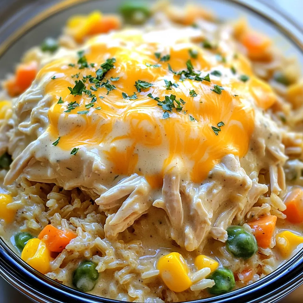 Chicken and Rice Components - 4 boneless, skinless chicken breasts - 1 cup uncooked brown rice - 1 cup frozen mixed vegetables (peas, carrots, corn) - 1 medium onion, diced Creamy Base Ingredients - 1 can (10.5 oz) cream of mushroom soup - 1 can (10.5 oz) cream of chicken soup - 2 cups low-sodium chicken broth Seasonings and Optional Toppings - 3 cloves garlic, minced - 1 teaspoon dried thyme - 1 teaspoon paprika - Salt and pepper to taste - 1 cup shredded cheddar cheese (optional, for topping) - Fresh parsley, chopped (for garnish) Each ingredient plays a key role. The chicken gives protein and flavor, while the rice adds texture. The cream soups create a rich, smooth base. Mixed veggies bring color and nutrition. The spices enhance the dish with warmth. Feel free to use cheese for a creamy topping, and parsley for a fresh touch. Preparing the Ingredients Start by getting your ingredients ready. You will need: - 4 boneless, skinless chicken breasts - 1 cup uncooked brown rice - 1 can (10.5 oz) cream of mushroom soup - 1 can (10.5 oz) cream of chicken soup - 2 cups low-sodium chicken broth - 1 cup frozen mixed vegetables (peas, carrots, corn) - 1 medium onion, diced - 3 cloves garlic, minced - 1 teaspoon dried thyme - 1 teaspoon paprika - Salt and pepper to taste - 1 cup shredded cheddar cheese (optional, for topping) - Fresh parsley, chopped (for garnish) Once you have everything, chop the onion and mince the garlic. Layering in the Slow Cooker Place the chicken breasts at the bottom of the slow cooker. This helps the chicken cook evenly. In a bowl, mix the cream of mushroom soup, cream of chicken soup, and chicken broth. Pour this mixture over the chicken. Add the uncooked brown rice, diced onion, garlic, and frozen veggies. Sprinkle in the thyme, paprika, salt, and pepper. Stir gently to mix everything. Cooking Time and Temperature Settings Cover the slow cooker and set it to low for 6-7 hours or high for 4-5 hours. The chicken should be cooked through, and the rice will be tender. Use a quick read thermometer if you are unsure. Chicken should reach 165°F for safety. Shredding the Chicken and Adding Cheese When cooking is done, take two forks and shred the chicken right in the slow cooker. This makes it easier to mix with the rice and veggies. Stir well to combine everything. If you like cheese, sprinkle it on top. Cover the slow cooker for about 10 minutes. This lets the cheese melt nicely. Garnishing for Serving Before serving, chop some fresh parsley. Sprinkle it over the creamy chicken and rice. This adds a nice touch and makes your dish look great. Enjoy your meal! Ensuring Perfectly Cooked Chicken and Rice To get tender chicken and fluffy rice, follow these steps: - Use boneless, skinless chicken breasts for even cooking. - Place the chicken at the bottom of the slow cooker. - Add the uncooked rice right above the chicken. - Stir the rice and other ingredients well, so they mix evenly. - Keep the lid on during cooking to seal in moisture. - Check the chicken with a meat thermometer; it should reach 165°F. Recommended Slow Cooker Settings I recommend using the low setting for this dish. It allows flavors to meld well. Cook on low for 6-7 hours or high for 4-5 hours. If you're in a rush, the high setting works fine. Just remember that the low setting yields richer flavors. Accompaniments and Side Dishes This creamy chicken and rice dish pairs well with simple sides, like: - Steamed broccoli or green beans for a fresh crunch. - A light garden salad for a refreshing contrast. - Garlic bread for extra flavor and a filling option. - Sliced avocado adds creaminess and healthy fats. Alternatives for Cream Soups and Vegetables If you want to switch things up or need alternatives, try these: - Use homemade cream of chicken or mushroom soup for a fresher taste. - Swap frozen mixed vegetables with fresh ones for better texture. - If you dislike certain veggies, use peas, bell peppers, or even spinach. - For a lighter option, use low-fat cream soups or broth. {{image_2}} You can change the dish's taste with herbs and spices. Try adding fresh herbs like basil or dill for a fresh kick. You might also enjoy using rosemary for a warm flavor. A dash of cayenne pepper can bring heat, while a touch of lemon zest adds brightness. Each of these changes makes your meal special and fun. If you need gluten-free options, there are easy swaps. Use gluten-free cream soups instead of regular ones. Choose gluten-free broth, too. You can also use brown rice or quinoa, which are naturally gluten-free. These swaps keep your dish tasty without gluten. Feel free to switch up the meat or rice type. You could use turkey instead of chicken for a leaner choice. For a vegetarian version, swap chicken for chickpeas or lentils. You can also try different rice types like jasmine or basmati for varied textures and flavors. Each swap gives a new twist and keeps the dish exciting. To store your slow cooker creamy chicken and rice, let it cool first. Place the leftovers in an airtight container. You can keep it in the fridge for up to three days. When you reheat, make sure to check that the food is hot all the way through. You can freeze this dish for later meals. First, let it cool completely. Then, transfer it to a freezer-safe container. Make sure to leave space at the top, as the rice may expand. It will stay good for up to three months in the freezer. To reheat your creamy chicken and rice, use the stove or microwave. If using the stove, place it in a pot over low heat. Stir it often to heat it evenly. If using the microwave, heat in short bursts, stirring in between. Add a splash of broth or water if it seems dry. This helps keep the dish creamy and tasty. How long can I store Slow Cooker Creamy Chicken and Rice? You can store this dish in the fridge for up to four days. Make sure to place it in an airtight container. If you want to keep it longer, you can freeze it. In the freezer, it lasts for about three months. Just remember to thaw it in the fridge before reheating. Can I make this recipe in advance? Yes, you can prepare this dish ahead of time. You can layer all the ingredients in the slow cooker and keep it in the fridge overnight. Just take it out in the morning and start cooking. This makes it easy for busy days. If you prefer, you can also cook it and store the leftovers for later. What should I do if the rice is not cooked through? If the rice is not fully cooked, don’t worry! You can add a bit more chicken broth and cook it for an extra 30 minutes. Make sure to check if the chicken is done too. Stirring helps the rice cook evenly. If the rice is still hard, it may need more liquid. This blog post covers all you need to make creamy chicken and rice in a slow cooker. We discussed the key ingredients, preparation steps, and cooking tips to ensure perfect results. You learned about variations and ingredient swaps for different tastes and diets. I also shared storage tips to help you save leftovers for later. Overall, this dish is simple, tasty, and adaptable. You can impress your family with this easy meal that suits any occasion. Enjoy making it and experimenting with your own twists!