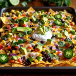 - 1 bag of tortilla chips - 1 cup black beans, drained and rinsed - 1 cup corn kernels (fresh or frozen) - 1 medium bell pepper (any color), diced - 1 small red onion, finely chopped - 1 jalapeño, sliced (seeds removed if less heat is desired) - 1 ½ cups shredded cheese (cheddar, Monterey Jack or a mix) - ½ teaspoon cumin - ¼ teaspoon smoked paprika - 1 avocado, diced - ½ cup sour cream or Greek yogurt - ¼ cup fresh cilantro, chopped - Jalapeño slices and lime wedges for garnish - Salt and pepper to taste To create the best Loaded Veggie Nacho Sheet Pan, you need fresh, vibrant ingredients. Start with a bag of tortilla chips. They form the base that holds all the flavors. Next, grab a cup of black beans. Make sure to drain and rinse them well. This keeps them clean and ready to mix. Corn adds sweetness and crunch. You can use fresh corn or frozen. Either works great! A medium bell pepper, diced into small pieces, gives color and texture. I like using red, but any color is fine. A small red onion, finely chopped, brings a mild bite. The jalapeño adds heat, so slice it up. Remove the seeds if you want it milder. Cheese is key for nachos. Use about 1 ½ cups of shredded cheese. Cheddar or Monterey Jack are great choices. For spices, add cumin and smoked paprika. These add depth to your dish. Don't forget salt and pepper to taste! For toppings, you’ll need a diced avocado for creaminess. Sour cream or Greek yogurt adds tang, too. Fresh cilantro gives a burst of flavor. Lastly, garnish with jalapeño slices and lime wedges. These ingredients make your nachos fun and tasty! 1. Preheat the oven: Start by setting your oven to 400°F (200°C). Preheating helps ensure even cooking. 2. Layering the tortilla chips: Grab a large sheet pan. Spread one bag of tortilla chips evenly across the bottom. Cover the pan well without any gaps. 1. Combining beans, corn, and spices: In a medium bowl, mix 1 cup of black beans, 1 cup of corn, 1 diced bell pepper, 1 chopped red onion, and sliced jalapeño. Add ½ teaspoon of cumin, ¼ teaspoon of smoked paprika, salt, and pepper. Stir it all together until combined. 2. Spoon veggie mixture over chips: Take your mixed veggies and spoon them over the chips. Spread the mixture evenly so every chip gets some goodness. 1. Baking time and temperature: Place the sheet pan in the preheated oven. Bake for about 10-12 minutes. You want the cheese to melt and bubble. 2. Adding fresh toppings after baking: Once baked, take the nachos out. Top them with diced avocado, ½ cup of sour cream or Greek yogurt, and ¼ cup of fresh cilantro. Feel free to add jalapeño slices and lime wedges for extra flavor. Serve hot and enjoy! To get perfectly melted cheese, use a mix of cheeses. I like cheddar and Monterey Jack. These melt well and taste great. Spread the cheese evenly over the veggies. This helps it melt smoothly. For even heating, make sure you preheat your oven to 400°F (200°C). Bake the nachos for about 10-12 minutes. Watch for the cheese to bubble. If you see it, your nachos are ready! You can swap out veggies for whatever you have. Try zucchini, mushrooms, or spinach. They add nice flavors and textures. For beans, kidney beans or pinto beans work well too. If you want a vegan option, use plant-based cheese. Many brands make tasty vegan cheese now. Just make sure it melts well. You can also skip the cheese and add more avocado or cashew cream for a creamy touch. {{image_2}} You can make loaded veggie nachos fun with seasonal veggies. In spring, use fresh asparagus and peas. For summer, add ripe tomatoes and zucchini. Fall brings great options like roasted pumpkin and squash. In winter, think about hearty greens like kale or Brussels sprouts. You can also add holiday flair. For Halloween, use orange cheese and black beans for a spooky look. For Christmas, try red and green peppers with a sprinkle of festive herbs. These ideas make your nachos tasty and visually fun. You can twist the flavors of your nachos. For a Mexican vibe, stick to black beans, corn, and jalapeños. Top it with avocado and fresh lime juice. For a Mediterranean touch, use chickpeas, feta cheese, and olives. Drizzle with a bit of olive oil and lemon juice for zest. Choose between spicy and mild. If you love heat, add more jalapeños or some spicy salsa. For a milder dish, skip the seeds and use sweet peppers. Adjusting the spice level makes your nachos perfect for everyone at the table. To keep your Loaded Veggie Nacho Sheet Pan fresh, store leftovers in the refrigerator. Use an airtight container to prevent moisture. This method helps maintain flavor and texture. Make sure to cool the nachos to room temperature before sealing them up. If you add toppings like sour cream or avocado, store them separately to avoid sogginess. For reheating, you can use an oven or microwave. If using an oven, preheat it to 350°F (175°C). Place the nachos on a baking sheet and heat for about 10 minutes. This method keeps the chips crispy. If using a microwave, heat in short bursts. Check every 30 seconds to avoid overheating and making the chips chewy. The shelf life of your Loaded Veggie Nacho Sheet Pan is about 3 to 4 days in the fridge. After this, the quality may decline. Always check for signs of spoilage before eating. Look for changes in smell, color, or texture. If the nachos smell off or the cheese has a strange hue, it’s best to toss them out. Enjoying your nachos fresh is always best! Yes, you can prep the ingredients. Keep the tortilla chips separate from the veggies. This helps the chips stay crunchy. You can mix the beans, corn, and veggies a few hours before baking. Just cover them and store in the fridge. When you're ready, spread the chips on a pan and add the veggie mix. Bake until the cheese melts. You have a few options. Greek yogurt works great as a substitute. It adds creaminess and protein. Avocado also makes a nice creamy topping. You can mash it up and spread it on top. For a dairy-free option, use a vegan sour cream. This gives you the same tangy taste. Yes, this recipe can be gluten-free. Just make sure to use gluten-free tortilla chips. Many brands offer this option. Check the label to be sure. The other ingredients like beans, corn, and cheese are naturally gluten-free. Enjoy this tasty dish without worry! In this post, I covered how to make loaded veggie nachos, including key ingredients and easy steps. You learned to layer tortilla chips with black beans, corn, and fresh veggies before baking. I shared tips for the best cheese melt and ingredient swaps, plus fun variations. Lastly, I explained how to store leftovers safely. Get creative with your nachos! Explore new flavors and toppings for a fun twist. Enjoy your tasty snack!