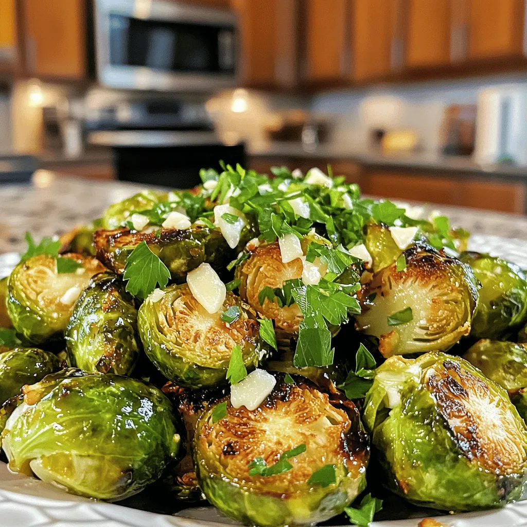 - 1 lb Brussels sprouts, trimmed and halved - 2 tablespoons olive oil - 3 cloves garlic, minced - 1 teaspoon salt - 1/2 teaspoon black pepper - 1/2 teaspoon red pepper flakes (optional for heat) - 1/4 cup grated Parmesan cheese - 2 tablespoons balsamic vinegar (for drizzling) - Fresh parsley, chopped (for garnish) I love using fresh Brussels sprouts in this dish. They are small, round, and packed with flavor. Start by trimming each sprout, removing the tough ends, and halving them. This helps them cook evenly and gives you more crispy edges. Next, I add olive oil to coat the sprouts. Olive oil adds richness and helps them crisp up in the air fryer. I also put in minced garlic, which gives a great aroma and taste. You can adjust the amount if you love garlic. For seasoning, I use salt and black pepper to enhance the flavor. If you like a bit of heat, add red pepper flakes. This makes the dish exciting! The finishing touch is the grated Parmesan cheese. It melts perfectly over the hot Brussels sprouts. Drizzle some balsamic vinegar for a tangy contrast. Finally, sprinkle fresh parsley on top to add color and freshness. - Preheat your air fryer to 375°F (190°C). - Prepare the Brussels sprouts by trimming and halving them. To start, preheating the air fryer is key. This ensures your Brussels sprouts cook evenly. Trimming the sprouts makes them ready for cooking. Halving them helps them get nice and crispy. - Toss Brussels sprouts with olive oil, garlic, and seasonings. - Place in air fryer basket and cook. In a large bowl, combine the halved Brussels sprouts with olive oil, minced garlic, salt, black pepper, and red pepper flakes if you like heat. Toss everything well so each sprout gets coated. Then, place them in a single layer in the air fryer basket. If your air fryer is small, you may need to cook in batches. Cook for 12-15 minutes. Shake the basket halfway through for even cooking. You want them golden brown and crispy. - Drizzle with balsamic vinegar and add Parmesan. - Garnish before serving. Once cooked, take the Brussels sprouts out and put them in a bowl. Drizzle balsamic vinegar over them while they are still hot. Then, sprinkle grated Parmesan cheese on top. The heat will help the cheese melt a bit. Toss them gently to mix in the cheese. Finally, garnish with fresh parsley before serving. This adds a nice touch of color and flavor. Enjoy your tasty dish! To cook your Brussels sprouts evenly in the air fryer, follow these steps: - Preheat the air fryer to 375°F (190°C). This helps them cook faster. - Cut the sprouts evenly in half. This ensures they cook at the same rate. - Do not overcrowd the basket. Cook in batches if needed. This allows for better air circulation. - Shake the basket halfway through cooking. This helps them brown nicely. To get perfect crispiness, try these tips: - Use enough oil. Two tablespoons of olive oil works well. - Cooking time matters. Aim for 12-15 minutes for that golden brown finish. - Check for doneness. They should feel crisp and tender inside. You can add more flavor to your Brussels sprouts with these ideas: - Add lemon zest for a bright, fresh taste. - Try adding balsamic glaze instead of vinegar for sweetness. - For a spicy kick, mix in more red pepper flakes or even chili powder. - Topping options can include crumbled feta or crispy bacon bits. To make your dish extra cheesy, consider these tips: - Mix in different cheeses. Cheddar or feta can add a unique twist. - Use more Parmesan. A bit more on top can make it richer. - Try a cheese blend for more depth of flavor. {{image_2}} You can change the cheese for a new taste. Feta adds a tangy flavor. Cheddar gives a richer taste. Both work well with Brussels sprouts. You can also add other veggies. Try carrots for sweetness or sweet potatoes for creaminess. These choices make the dish unique and fun. If you want a vegan dish, swap cheese with nutritional yeast or cashew cheese. Both options give a cheesy flavor without dairy. For gluten-free needs, this recipe is already safe. Just double-check any sauces or additional toppings to ensure they fit your diet. To keep your Brussels sprouts fresh, store them in an airtight container. This helps prevent moisture loss and keeps them crisp. Place the container in the fridge. Your leftovers can last for about 3 to 5 days in the fridge. If they start to smell or look off, it’s best to toss them. When it’s time to enjoy your leftovers, reheating properly is key. You can use the air fryer again to keep them crispy. Set your air fryer to 350°F (175°C) and heat for about 5 minutes. This will bring back that nice crunch. If you want to refresh the flavor, drizzle a little balsamic vinegar before reheating. You can also sprinkle some extra Parmesan cheese on top for added taste. Enjoy your delicious Brussels sprouts! Can I use frozen Brussels sprouts for this recipe? Yes, you can use frozen Brussels sprouts. Just thaw them first. Pat them dry to avoid excess moisture. This helps them crisp up nicely in the air fryer. What air fryer model is best for cooking Brussels sprouts? Any air fryer works well for Brussels sprouts. I recommend a model with adjustable temperature settings. A basket-style air fryer allows for even cooking and crisping. How do I know when the Brussels sprouts are done? Brussels sprouts are done when they are golden brown and crispy. You can check them at the 12-minute mark. Shake the basket halfway through to ensure even cooking. How many calories are in Air Fryer Garlic Parmesan Brussels Sprouts? Each serving has about 150 calories. This can vary based on the amount of oil and cheese you use. Are Brussels sprouts healthy? Yes, Brussels sprouts are very healthy. They are high in fiber, vitamins, and minerals. They also contain antioxidants, which are great for your health. What to serve with Air Fryer Garlic Parmesan Brussels Sprouts? These sprouts pair well with grilled chicken or fish. They also go great with quinoa or brown rice. You can serve them as a side dish at dinner or a light lunch. Can I make this recipe ahead of time? You can prepare the Brussels sprouts ahead of time. Just store them in the fridge after seasoning. When ready to eat, air fry them fresh for the best taste. Air Fryer Garlic Parmesan Brussels Sprouts are simple yet packed with flavor. We covered essential ingredients, step-by-step cooking, and tips for perfection. Whether you want to make variations or store leftovers, there's a method for everyone. These tasty sprouts can fit many diets and appeal to all. Enjoy these healthy bites at any meal. Cooking can be fun and delicious with the right steps! Try this recipe, and I bet you will love it.