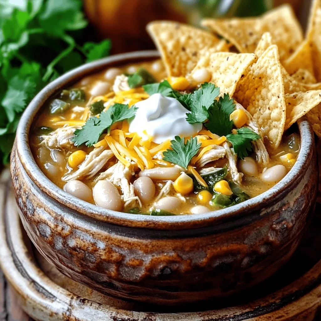 For this creamy white bean chicken chili, you will need: - 2 pounds boneless, skinless chicken breasts - 3 cans (15 oz each) white beans (like cannellini or great northern), rinsed and drained - 1 medium onion, diced - 3 cloves garlic, minced - 2 cups chicken broth (low sodium) - 1 can (4 oz) diced green chilies - 1 cup corn kernels (fresh, frozen, or canned) To add flavor, gather these seasonings: - 1 teaspoon ground cumin - 1 teaspoon chili powder - 1/2 teaspoon smoked paprika - 1/2 teaspoon salt (or to taste) - 1/4 teaspoon black pepper - 1 tablespoon olive oil - Juice of 1 lime For a tasty finish, consider these toppings: - Fresh cilantro, chopped (for garnish) - Sour cream (for serving, optional) - Shredded cheese (like Monterey Jack or cheddar, for serving, optional) This combination makes for a hearty and satisfying meal that warms you right up! Start by seasoning the chicken breasts with salt and black pepper. Heat olive oil in a skillet over medium heat. Sear the chicken for about 2-3 minutes on each side. This adds a nice flavor and color. Set the chicken aside once it's lightly browned. In your slow cooker, add the diced onion, minced garlic, and rinsed white beans. Then, add the diced green chilies and corn. Sprinkle in the ground cumin, chili powder, smoked paprika, and salt. Pour in the chicken broth. Mix everything well to combine. Place the seared chicken breasts on top of the mixture in your slow cooker. Cover it and cook on low for 6-8 hours or on high for 3-4 hours. The chicken should be cooked through and easy to shred. Once the cooking time is up, carefully remove the chicken from the slow cooker. Use two forks to shred the chicken into bite-sized pieces. Return the shredded chicken to the pot and mix it in. Stir in the fresh lime juice for brightness. Taste the chili and adjust the salt and pepper as needed. If the chili is too thick, add a splash of chicken broth to reach your desired consistency. Serve the chili hot, garnished with freshly chopped cilantro. Add a dollop of sour cream and some shredded cheese if you like! To make your white bean chicken chili shine, focus on layers of flavor. Start by searing the chicken. This step adds a lovely depth. Use fresh herbs, like cilantro, for a bright finish. Lime juice lifts the flavors and balances the richness of the beans. Adding a splash of hot sauce can give it a nice kick. Experiment with spices, too. Smoked paprika adds a smoky twist, while cumin brings warmth. To ensure the best results, always use low-sodium chicken broth. This helps you control the saltiness. Remember to rinse and drain the white beans well. This removes excess sodium and helps the chili stay creamy. Set your slow cooker on low for a long cook time. This allows the flavors to meld together perfectly. For easy shredding, let the chicken rest for a few minutes after cooking. This keeps it juicy and tender. When serving, ladle the chili into rustic bowls. Top with a swirl of sour cream for creaminess. A sprinkle of shredded cheese adds richness, too. Fresh cilantro not only looks lovely but boosts flavor. Add crunchy tortilla chips on the side for a fun texture. For a heartier meal, serve it with cornbread or over rice. Enjoy the delightful combination of flavors and textures! {{image_2}} You can make a tasty vegetarian version of this chili. Replace the chicken with 2 cups of diced tofu or tempeh. Use vegetable broth instead of chicken broth. Keep the beans and spices the same for great flavor. This option is rich in protein and fiber. If you love heat, add diced jalapeños or a teaspoon of cayenne pepper. You can also use hot chili powder instead of regular chili powder. This will give your chili a nice kick. Adjust the spice to fit your taste. You can swap ingredients based on what you have. If you don't have white beans, use black beans or pinto beans. You can also switch corn for diced bell peppers for a different crunch. Fresh herbs like parsley can replace cilantro if you prefer. Just make sure to keep the spices for that classic chili taste. Store any leftover white bean chicken chili in an airtight container. Let it cool first. Place it in the fridge if you plan to use it within three days. For longer storage, consider freezing it. To reheat, you can use the stove or microwave. On the stove, heat it over medium heat until hot. Stir often to prevent sticking. In the microwave, place it in a bowl and cover it. Heat for 1-2 minutes, stirring halfway through. You can freeze white bean chicken chili. Pour it into freezer-safe containers. Leave some space at the top for expansion. It can last up to three months in the freezer. When ready to eat, thaw it overnight in the fridge before reheating. Yes, you can use frozen chicken. Just add it to the slow cooker without thawing. The cooking time may be a bit longer, about 7 to 9 hours on low. Ensure the chicken reaches 165°F (75°C) for safety. To spice it up, add diced jalapeños or extra chili powder. You can also use spicy green chilies. If you like heat, try adding hot sauce to your bowl just before serving. This chili pairs well with cornbread or tortilla chips. You can also serve it with a fresh salad or rice. For a fun twist, offer a topping bar with sour cream, cheese, and avocado. It lasts about 4 to 5 days in the fridge. Store it in an airtight container. Make sure it cools completely before sealing. Yes, you can! Simply cook the chicken in a pot over medium heat. Add the other ingredients and simmer on low for about 30 to 40 minutes until the chicken is cooked and tender. Shred the chicken before serving. White bean chicken chili is simple and fun to make. We covered the main ingredients, seasonings, and optional toppings. You learned how to prep the chicken and cook everything in a slow cooker. Tips helped you enhance the flavor and serving ideas added flair. I also shared variations, storage tips, and answered FAQs. Try this recipe to enjoy a hearty meal. The warm flavors will surely delight your taste buds!
