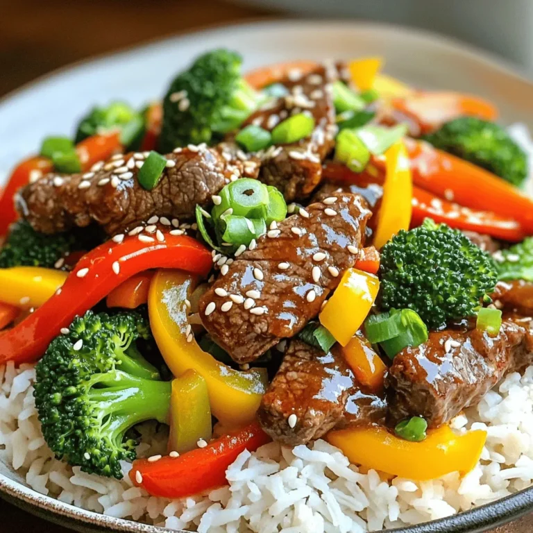 - 1 lb (450g) beef sirloin, thinly sliced - 2 tablespoons vegetable oil - 1 red bell pepper, sliced - 1 yellow bell pepper, sliced - 1 cup broccoli florets - 2 carrots, thinly sliced - 4 green onions, chopped - 3 cloves garlic, minced - 1 tablespoon fresh ginger, grated - 1/4 cup sweet chili sauce - 2 tablespoons soy sauce - 1 tablespoon cornstarch mixed with 2 tablespoons water (slurry) - Salt and black pepper to taste I love using beef sirloin for this dish. It’s tender and cooks quickly. Fresh vegetables add great color and crunch. I often use bell peppers, broccoli, and carrots. You can also mix in your favorites. Garlic and ginger bring a warm flavor that lifts the dish. Sweet chili sauce adds a nice sweetness and kick. Soy sauce enhances the flavors and adds depth. The cornstarch slurry helps thicken the sauce for a glossy finish. - Sesame seeds - Fresh herbs Adding sesame seeds gives a nice crunch and a nutty flavor. Fresh herbs, like cilantro or parsley, brighten the dish. You can sprinkle them on right before serving. These garnishes make the meal look vibrant and appealing. To start, mix half of the sweet chili sauce with one tablespoon of soy sauce. This mix adds flavor to the beef. Place the thin slices of beef into a bowl. Pour the sauce over the beef. Make sure it is well coated. Let it marinate for about 15 minutes. This short time is enough for great taste. While the beef marinates, you can prepare your veggies. Next, heat one tablespoon of vegetable oil in a large pan or wok. Use medium-high heat for best results. Once the oil is hot, add the marinated beef. Stir it constantly. This will help it cook evenly. You want it to brown nicely, which takes about 5 to 7 minutes. Once cooked, remove the beef from the pan and set it aside. In the same pan, add the remaining tablespoon of oil. Toss in the minced garlic and grated ginger. Stir-fry for about 30 seconds until you smell the aroma. Add the sliced red and yellow bell peppers, broccoli, and carrots next. Stir-fry these veggies for around 5 minutes. You want them vibrant and a bit tender, but not mushy. Now, return the cooked beef to the pan. Pour in the rest of the sweet chili sauce. Also, add the cornstarch slurry you mixed with water. This helps to thicken the sauce. Mix everything well to combine the flavors. Let it all cook for about 2 minutes. Season with salt and black pepper. Finally, stir in the chopped green onions. After this, remove it from the heat and let it sit for a minute before serving. - Choosing the right beef cut: I suggest using beef sirloin for this dish. It is tender and cooks quickly. Look for pieces that are bright red and well-marbled. This means more flavor in your stir-fry. - Avoiding overcooking vegetables: Keep your veggies vibrant and crisp. Stir-fry them just until they are bright in color. This usually takes about five minutes. Stir them often to ensure even cooking. - Suggestions for additional spices: To add more depth, try adding crushed red pepper or a pinch of five-spice powder. These will add warmth and complexity. - Customizing sweetness and heat: If you like it sweeter, add more sweet chili sauce. For extra heat, include sliced fresh chili peppers. Adjust to your taste. - Best side dishes to pair: Serve your stir-fry over jasmine rice or quinoa. Both options soak up the sauce well. You can also serve it with a side of steamed dumplings. - Presentation techniques: For a stunning look, sprinkle sesame seeds over the top. You can also add chopped green onions and fresh cilantro. This will make your dish pop with color. {{image_2}} You can swap beef for chicken or tofu. Chicken works well with the same cooking times. For tofu, use firm tofu and press it to remove extra water. Cut it into cubes. Cook it for about 4-5 minutes until golden. Adjust your cooking time based on the protein you choose. Feel free to change up the veggies based on what you have. Broccoli, bell peppers, and carrots are great, but you can add snap peas or zucchini. Use seasonal vegetables for freshness and flavor. Each choice brings different nutrients and colors to your dish. This makes it both tasty and healthy. You can make your own sweet chili sauce. Combine sugar, vinegar, and chili flakes for a quick version. You can also try low-sodium soy sauce if you want less salt. This is a great option for those watching their sodium intake. Experiment with different sauces to find your favorite flavor! After cooking, let your Sweet Chili Beef Stir Fry cool down. Once cool, place it in an airtight container. This keeps the flavors fresh and safe. You can store the leftovers in the fridge for up to three days. Make sure you eat it within this time. The dish tastes best when fresh. To freeze your stir fry, let it cool completely. Then, transfer it to a freezer-safe bag or container. Remove as much air as possible to avoid freezer burn. You can freeze it for up to three months. When you're ready to eat, take it out of the freezer and thaw it overnight in the fridge. For reheating, warm it in a pan over medium heat. Add a splash of water or broth to help the dish steam. This way, it stays moist and tasty. Stir it often to heat evenly. Enjoy the flavors again just like before! To add heat, use more sweet chili sauce. Add a touch of red pepper flakes, too. Fresh jalapeños or sliced chili peppers work great. You can also try sriracha or chili garlic sauce for extra spice. Adjust to your taste and enjoy the kick! Yes, frozen vegetables are a good choice. They save time and still taste great. Just add them straight from the freezer to the pan. You may need to stir-fry them a bit longer to ensure they cook through. Serve this dish over a bed of jasmine rice or quinoa. It’s also tasty with noodles. You can add a side of steamed edamame or a fresh salad for a complete meal. These sides balance the flavors and add more color to your plate. Leftovers last about 3 to 4 days in the fridge. Store them in an airtight container for best results. Make sure to cool the stir fry before sealing it. Reheat it in a pan or microwave when you’re ready to enjoy again. In this blog post, we explored how to make a tasty sweet chili beef stir fry. We covered key ingredients like beef sirloin and fresh vegetables. We also shared step-by-step cooking methods for the perfect stir fry. With tips for flavor and presentation, you can impress anyone with your dish. Remember, you can customize this meal with different proteins or veggies. Enjoy your cooking adventure!