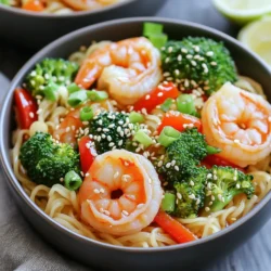 To make Minute Teriyaki Shrimp Noodle Bowls, you need simple ingredients. I love how each one adds flavor and nutrition. Here’s what you will need: - 8 oz rice noodles - 1 lb large shrimp, peeled and deveined - 1 cup broccoli florets - 1 cup snap peas, trimmed - 1 red bell pepper, thinly sliced - 2 green onions, chopped - 3 tablespoons teriyaki sauce - 1 tablespoon sesame oil - 1 tablespoon fresh ginger, grated - 1 garlic clove, minced - 1 tablespoon sesame seeds for garnish - Salt and pepper to taste Rice noodles are quick to cook and soak up the sauce well. The shrimp adds protein, making this dish filling. Broccoli and snap peas give crunch and color. Red bell pepper brings sweetness, while green onions add a fresh bite. Teriyaki sauce ties everything together with its sweet and savory flavor. Sesame oil, ginger, and garlic boost the taste. Finally, sesame seeds make a lovely garnish. Each ingredient plays a role in this tasty meal. To start, cook the rice noodles. Follow the package instructions closely. This usually takes about 4-6 minutes. Once they are soft, drain the noodles in a colander. Set them aside for later. The noodles will soak up all the great flavors in the dish. Next, heat the sesame oil in a large skillet. Use medium-high heat for the best results. Add minced garlic and grated ginger. Sauté them for about 30 seconds. This step makes your kitchen smell amazing! Now, add the shrimp to the skillet. Cook them for 2-3 minutes. You will know they are ready when they turn pink and opaque. Don’t forget to season with salt and pepper. Then toss in the broccoli, snap peas, and red bell pepper. Stir everything well. Cook for another 3-4 minutes. This keeps the veggies tender and crisp. Pour the teriyaki sauce over the shrimp and veggies. Stir gently to coat everything evenly. Let it cook for another minute. This helps the flavors blend together. Finally, add the cooked rice noodles to the skillet. Gently mix everything until the noodles are hot and covered in sauce. Remove from heat. Garnish with chopped green onions and sesame seeds before serving. Enjoy your meal! When choosing shrimp, look for large, firm, and shiny pieces. Fresh shrimp should smell like the sea, not fishy. Check the color; it should be a nice pink or gray. If buying frozen, ensure they are well-packaged and free from ice crystals. Always peel and devein your shrimp before cooking for the best texture and taste. To cook rice noodles, follow the package instructions closely. Boil water and add the noodles, stirring gently. Cook until they are tender but still firm. This usually takes about 3 to 5 minutes. Once done, drain the noodles and rinse them under cold water. This stops the cooking and keeps them from sticking together. You want your noodles to be soft but not mushy. You can change the taste of your teriyaki shrimp noodle bowls easily. Try adding more ginger or garlic for a stronger flavor. For a spicy kick, toss in some red pepper flakes or a dash of sriracha. If you like sweetness, add a touch of honey to the teriyaki sauce. You can also swap the vegetables. Use carrots, bell peppers, or snap peas based on your taste. Be creative and make it your own! {{image_2}} You can switch the shrimp for other proteins. Chicken works well in this dish. Thinly slice chicken breast and cook it the same way as shrimp. Tofu is a great plant-based option. Just cube firm tofu and sauté until golden. You can also try beef or pork for a different taste. Each protein adds its own flavor and texture. Feel free to mix up the veggies. Carrots add color and crunch. You can slice them thin and toss them in with the other vegetables. Zucchini is another great choice. Chop it into half-moons and add it to the mix. Spinach or bok choy can add a nice green touch. Just cook these for a short time to keep them crisp. If you're not a fan of teriyaki sauce, try soy sauce instead. It gives a salty kick that pairs well with shrimp. You can also use sweet chili sauce for a spicy twist. For a creamy texture, mix in peanut sauce. Each sauce choice changes the flavor and makes the dish unique. Experiment and find your favorite! After enjoying your Minute Teriyaki Shrimp Noodle Bowls, you may have some leftovers. To store them, let the dish cool down first. Then, place it in an airtight container. This method helps keep the shrimp and noodles fresh. Store the container in the fridge. Your leftovers will stay good for up to three days. When you're ready to eat the leftovers, reheating is simple. You can use a microwave or a skillet. If you choose the microwave, put the noodles in a bowl. Cover them with a damp paper towel to keep moisture in. Heat them for 1-2 minutes. If using a skillet, add a splash of water and heat over medium heat. Stir often until warm. This keeps the noodles from drying out. If you want to store your dish for a longer time, freezing is an option. First, let the dish cool completely. Then, portion it into freezer-safe containers. Leave some space in each container to allow for expansion. Seal them tightly and label with the date. You can freeze the noodle bowls for up to three months. When you're ready to eat, thaw them overnight in the fridge. Reheat as mentioned earlier for a quick meal. It takes about 20 minutes to prepare Minute Teriyaki Shrimp Noodle Bowls. You need 10 minutes to prep your ingredients and another 10 minutes to cook. This quick meal fits perfectly into a busy day. You can enjoy a tasty dinner without spending too much time in the kitchen. Yes, you can use frozen shrimp for this recipe. Just remember to thaw them first. Place frozen shrimp in cold water for about 15 minutes to speed up the process. Using frozen shrimp makes this dish even easier and faster. It’s a great way to keep shrimp on hand for quick meals. You can serve a simple side salad with greens and a light dressing. Steamed edamame also pairs well with the shrimp noodles. For a warm option, consider serving miso soup. These sides add variety and balance to your meal. They are quick to prepare, keeping your cooking time short. You learned how to make Minute Teriyaki Shrimp Noodle Bowls. We covered the right ingredients, from rice noodles to shrimp and fresh veggies. I shared steps to cook your dish perfectly and some handy tips to choose the best shrimp. We explored variations for added flavor and how to store your leftovers. Enjoying this dish can be easy and fun. Now you can create a tasty meal anytime!