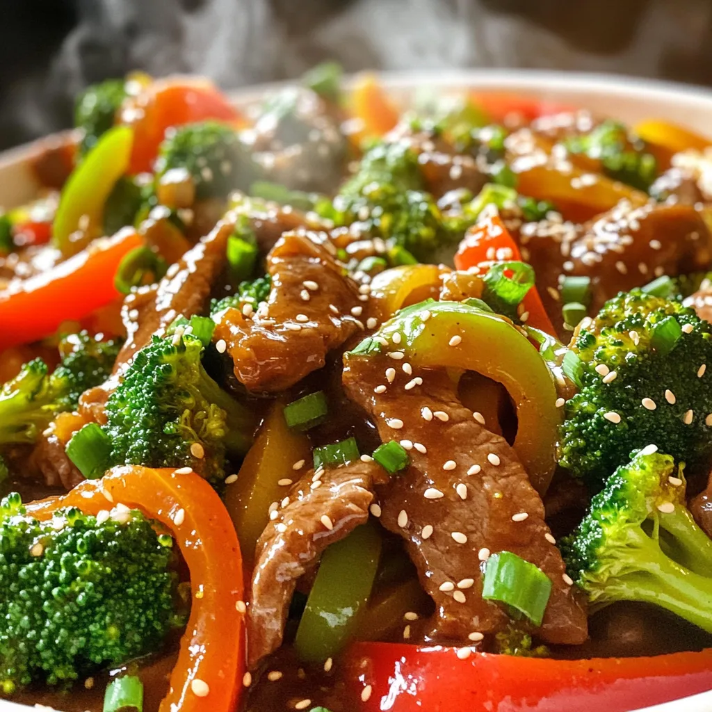 - 1 lb (450g) flank steak, thinly sliced - 3 cloves garlic, minced - 2 tablespoons fresh ginger, minced - 1 red bell pepper, sliced - 1 green bell pepper, sliced - 1 cup broccoli florets - 1 tablespoon soy sauce - 1 tablespoon oyster sauce - 1 tablespoon chili garlic sauce (adjust to taste) - 2 tablespoons vegetable oil - Salt and pepper to taste When you gather your ingredients, remember that flank steak is the star. This cut is tender and cooks quickly, making it perfect for stir-frying. Minced garlic and ginger add a punch of flavor. The bell peppers and broccoli bring color and crunch. For sauces, soy sauce and oyster sauce add depth, while chili garlic sauce gives that spicy kick. - Green onions, chopped - Sesame seeds Garnishes make your dish pop. Chopped green onions add freshness, while sesame seeds give a nice crunch. These simple touches elevate your meal, making it not just tasty but also beautiful. You will love how easy it is to create a dish that looks gourmet! - Marinating the flank steak: Start by taking 1 pound of thinly sliced flank steak. Place it in a bowl. Add 1 tablespoon of soy sauce, 1 tablespoon of oyster sauce, and a pinch of salt. Mix it well. Let it sit for about 5 minutes. This helps the beef soak up flavor. - Preparing vegetables: While the beef marinates, get your veggies ready. Slice 1 red bell pepper and 1 green bell pepper. Cut 1 cup of broccoli into small florets. Mince 3 cloves of garlic and 2 tablespoons of fresh ginger. Keep these close; you will use them soon. - Heating the oil: Grab a large skillet or wok. Pour in 2 tablespoons of vegetable oil. Heat it over high heat until it shimmers. This means it’s ready for cooking. - Stir-frying the beef: Add the marinated beef to the hot oil. Stir-fry for about 3 to 4 minutes. Cook until the beef is browned and nearly done. Once cooked, remove the beef from the skillet and set it aside. - Sautéing the vegetables: In the same skillet, add the minced garlic and ginger. Stir quickly for about 30 seconds. This will release their strong aromas. Then, add the sliced bell peppers and broccoli. Stir-fry for another 2 to 3 minutes. You want them to stay tender-crisp. - Combining ingredients and finishing: Return the cooked beef to the skillet. Pour in the chili garlic sauce to your taste. Stir everything together for another 2 minutes. This will heat it all through and mix the flavors well. Serve hot and enjoy your meal! - Cooking time tips: Cook the beef for just 3-4 minutes. High heat helps sear it fast. This keeps the meat juicy and tender. Avoid overcooking; it can become tough. - Slice thickness recommendations: Cut the flank steak very thin, about 1/4 inch. This helps it cook evenly and quickly. Thin slices absorb flavors better too. - Adjusting spice levels: If you like heat, add more chili garlic sauce. Start with one tablespoon and taste. You can always add more, but you can't take it out! - Recommended sauces combinations: Combine soy sauce and oyster sauce for depth. These pair well with the garlic and chili flavors. You can also try adding a splash of rice vinegar for brightness. {{image_2}} You can switch out the vegetables in this stir-fry for more flavor. Try using snap peas, carrots, or mushrooms. These veggies add nice crunch and color. You can also use seasonal vegetables. In spring, add asparagus. In fall, use squash or sweet potatoes. The goal is to keep it fresh and tasty. If you want to change the protein, chicken works well. Thinly slice boneless chicken breasts and follow the same steps. For a vegetarian option, use tofu. Press and cube the tofu, then add it at the same time as the beef. This way, it absorbs the sauce and flavors. Both options give you variety while keeping the meal quick and easy. After you enjoy your Garlic Chili Beef Stir-Fry, store your leftovers safely. - Refrigeration instructions: Place the stir-fry in an airtight container. Keep it in the fridge for up to 3 days. Make sure it cools before sealing the container. - Freezing tips: If you want to save it longer, freeze the stir-fry. Use freezer-safe bags or containers. It can last up to 2 months in the freezer. When you're ready to eat, just thaw it overnight in the fridge. To enjoy your stir-fry again, you need to reheat it well. - Best methods to retain flavor and texture: The best way to reheat is in a skillet. Heat it over medium heat, adding a splash of water or soy sauce. Stir it often. This keeps it juicy and tasty. You can also use a microwave. Put it in a bowl, cover it loosely, and heat for a minute or two, stirring halfway. Enjoy your meal! You can pair Garlic Chili Beef Stir-Fry with several side dishes. Here are some great options: - Steamed jasmine rice - Fried rice with peas and carrots - Quinoa for a healthy twist - Noodles tossed in sesame oil - A simple green salad with dressing These sides will balance the bold flavors of the stir-fry. You can also serve it with pickled vegetables for a crunchy, tangy touch. To adjust the spice level, you have several choices: - For a milder dish, reduce the chili garlic sauce to one teaspoon. - Add a splash of coconut milk or more soy sauce to cool the heat. - If you love spice, increase the chili garlic sauce. You can also add sliced fresh chilies. Taste as you go to find the right heat for you. This way, everyone can enjoy the meal. Yes, you can prep some parts in advance: - Slice the beef and veggies a day before. Store them in airtight containers in the fridge. - Marinate the beef for up to 24 hours for deeper flavor. - Cook the stir-fry fresh when you are ready to eat. This keeps it crisp and tasty. You can also double the recipe for meal prep. Just store leftovers in the fridge for up to three days. Reheat on the stove for best results. This blog post covered a simple and tasty garlic chili beef stir-fry. We discussed key ingredients, cooking steps, and tips for perfect meals. You can switch up veggies or proteins based on your taste. Storing leftovers? It’s easy with proper refrigeration or freezing. Flavor adjustments are simple, making this meal your own. With the right prep, you can create a dish that’s both delicious and fun to make. Enjoy experimenting in the kitchen!
