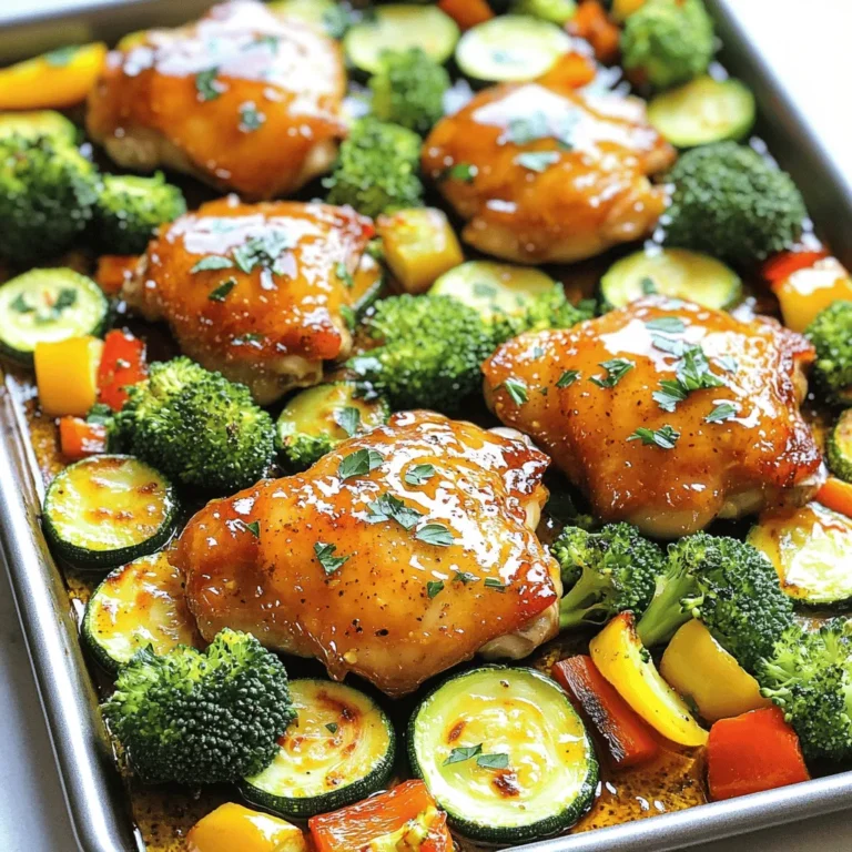 - 1 lb boneless, skinless chicken thighs - 2 tablespoons honey - 3 cloves garlic, minced - 2 tablespoons soy sauce (or tamari for gluten-free) - 1 tablespoon olive oil - 1 teaspoon dried thyme - 1 teaspoon smoked paprika - Salt and pepper to taste - 1 zucchini, sliced - 1 bell pepper (red or yellow), diced - 1 cup broccoli florets - Olive oil for drizzling - Fresh parsley, chopped for garnish I love using chicken thighs for this dish. They stay juicy and tender after cooking. The marinade is simple but packed with flavor. Honey adds a nice sweetness. Garlic brings a bold taste, and soy sauce adds depth. Olive oil helps everything stick together while adding richness. For the veggies, I choose zucchini, bell pepper, and broccoli. They keep their crunch and soak up the marinade well. You can add any veggies you like. Just make sure they are cut evenly for even cooking. Don’t forget to garnish with fresh parsley! It adds a pop of color and freshness. This dish not only tastes great, but it also looks beautiful on your table. - Preheat your oven to 400°F (200°C). - Line a large baking sheet with parchment paper. - In a mixing bowl, whisk together honey, minced garlic, soy sauce, olive oil, thyme, smoked paprika, salt, and pepper. - Add the chicken thighs to the bowl. Make sure they are well-coated with the marinade. Allow the chicken to marinate for 15 minutes. This step is key for great flavor. - While the chicken is marinating, place sliced zucchini, diced bell pepper, and broccoli florets on the baking sheet. - Drizzle the vegetables with olive oil. Season with salt and pepper. Toss them to coat evenly. This ensures every bite is tasty. - After marinating, remove the chicken from the bowl. Arrange it on the baking sheet with the veggies. - Pour any remaining marinade over the chicken and veggies. - Bake in the preheated oven for 25-30 minutes. Check until the chicken reaches an internal temperature of 165°F and the vegetables are tender. To boost the taste of your dish, feel free to adjust the marinade ingredients. You can add more honey for sweetness or extra garlic for a bold kick. If you want a deeper taste, let the chicken marinate longer than 15 minutes. Even an hour can make a big difference in flavor. Always check the chicken's internal temperature to ensure it is safe to eat. Chicken should reach at least 165°F. This guarantees that the meat is cooked perfectly. Make sure to spread the vegetables evenly on the baking sheet. This helps them cook properly and get a nice roast. Serving directly from the sheet pan creates a fun, rustic vibe. For a fancy touch, plate each serving and sprinkle with sesame seeds. Adding fresh parsley not only looks great but also adds a burst of flavor. {{image_2}} You can change up the veggies in this dish. Seasonal vegetables work great. Think about using carrots or asparagus. These choices add color and flavor. You can also add spinach or kale. They boost nutrients and taste. Leafy greens blend well and add a fresh touch. If you want to switch proteins, try chicken breasts or shrimp. Both options cook well and absorb the honey garlic flavor. For a vegan option, use tofu or tempeh. These alternatives soak up the marinade nicely. They offer a hearty, plant-based meal. Feel free to experiment with different sauces. Teriyaki sauce adds a sweet and savory twist. You can also try using spicy honey for extra heat. This change brings a new layer of flavor and excitement. Adjust the sauce to match your taste buds! To store leftovers, place them in an airtight container. This keeps the chicken and veggies fresh. You can keep the dish in the fridge for up to three days. To maintain flavor and texture, reheat only what you plan to eat. This way, the rest stays fresh longer. For proper freezing, let the dish cool completely. Then, transfer it to a freezer-safe container. You can freeze Honey Garlic Chicken Veggie Sheet Pan for up to three months. When ready to enjoy, thaw it overnight in the fridge. Reheat in the oven or microwave until heated through. This helps keep the chicken juicy and the veggies tender. You can marinate chicken for at least 15 minutes. For more flavor, try marinating for 1 to 2 hours. This gives the honey and garlic time to soak in. If you have more time, you can even marinate it overnight in the fridge. Just make sure to cover it well. Yes, you can use frozen chicken thighs. However, it is best to thaw them first. This ensures even marinating and cooking. You can thaw them in the fridge overnight or use the defrost setting on your microwave. Once thawed, follow the marinating steps as usual. This dish pairs well with rice or quinoa. You can also serve it with a fresh green salad. If you want more veggies, roasted sweet potatoes or a side of corn works great too. Feel free to add your favorite side dishes! Yes, this dish is perfect for meal prep! You can make it ahead of time and store it in the fridge. Just divide it into meal containers. It keeps well for 3 to 4 days. You can reheat it in the oven or microwave when you're ready to eat. Absolutely! To make it gluten-free, use tamari instead of soy sauce. This simple swap keeps all the flavors intact. Just check all other ingredients to ensure they are gluten-free. Enjoy this tasty meal without worry! This blog post covered how to make a tasty Honey Garlic Chicken Veggie Sheet Pan meal. We discussed key ingredients, easy steps to cook, and helpful tips for great flavor. Remember, you can switch any veggies or proteins to suit your taste. Store leftovers wisely, and it’s perfect for meal prep! By trying this dish, you can enjoy a flavorful and healthy meal with little effort.