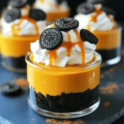 - 1 package of Oreo cookies (about 14 cookies), crushed - 3 tablespoons unsalted butter, melted - 8 oz cream cheese, softened - 1 cup pumpkin puree (not pumpkin pie filling) - 1/2 cup powdered sugar - 1 teaspoon vanilla extract - 1 teaspoon pumpkin pie spice - 1 cup heavy whipping cream - Extra crushed Oreos for topping - Optional: Whipped cream for garnish To start, gather all your ingredients. You need Oreo cookies for a tasty crust. Crush about 14 cookies and mix them with melted butter. This gives a rich and sweet base. Soften 8 ounces of cream cheese. This will help it blend easily. Next, you’ll need 1 cup of pumpkin puree. Use pure pumpkin, not pie filling. This makes your cheesecake creamy and rich. Add 1/2 cup of powdered sugar for sweetness. Mix in 1 teaspoon of vanilla extract for extra flavor. Don’t forget 1 teaspoon of pumpkin pie spice. This adds warmth to the dish. Now, grab 1 cup of heavy whipping cream. You'll whip this to create a light texture. For decoration, keep some crushed Oreos. You might also want whipped cream to top it off. With these ingredients ready, you are set to make a delightful treat! - Start by crushing the Oreo cookies in a bowl. You can use a rolling pin or your hands. - Mix the crushed cookies with melted butter. Stir until the blend feels like wet sand. - Take small cups or jars and divide the Oreo mix evenly among them. Press it down firmly to form a solid base layer. - In a large bowl, beat the softened cream cheese until it is smooth and creamy. - Add pumpkin puree, powdered sugar, vanilla extract, and pumpkin pie spice to the cream cheese. Mix well until no lumps remain. - In a separate bowl, whip the heavy cream until it forms stiff peaks. - Gently fold the whipped cream into the pumpkin mixture. Be careful not to deflate the whipped cream. This step adds lightness. - Spoon the pumpkin filling over the Oreo crust in each cup. Fill them to the top. - Use a spatula to smooth the tops. This makes them look nice and neat. - Place the cups in the refrigerator. Let them chill for at least four hours or until they set well. - This step is key for a perfect texture and flavor. Enjoy the wait as they firm up! How do you properly beat cream cheese? Start with cream cheese at room temperature. This helps it mix well. Use a hand mixer or stand mixer. Beat until it is smooth and creamy. Scrape down the sides of the bowl to catch any lumps. This step makes your filling nice and fluffy. What are tips for whipping cream to stiff peaks? Begin with cold heavy cream. Use a clean bowl and beaters for the best results. Start on a low speed, then increase to high. Watch closely for stiff peaks. Stop when peaks hold their shape but are not over-beaten. Over-beaten cream can become grainy. How can you garnish with crushed Oreos or whipped cream? After chilling, sprinkle crushed Oreos on top. This adds a nice crunch. You can also add a dollop of whipped cream. Use a piping bag for a fun design. This makes your cups look beautiful and inviting. What about using caramel sauce or cinnamon? Drizzling caramel sauce adds sweetness and flair. Just a little goes a long way. Sprinkling cinnamon gives a warm spice touch. Both options enhance the look and taste of your cheesecake cups. What are mistakes when mixing ingredients? Avoid rushing the mixing process. Make sure each ingredient blends fully before adding the next. This prevents lumps in your cheesecake filling. It's key for a smooth texture. What about overworking the whipped cream? When you fold the whipped cream, be gentle. If you mix too hard, the cream will lose air. This can make your cheesecake heavy. Aim for a light and airy texture throughout the dessert. {{image_2}} You can switch up the crust for fun. Try using chocolate cookies or graham crackers instead of Oreos. Chocolate cookies give a rich taste, while graham crackers offer a sweeter crunch. Both options change the flavor and texture, making your dessert unique. To spice things up, add extra flavors. Cinnamon and nutmeg pair well with pumpkin. Just a pinch brings warmth and depth. You can also toss in chocolate chips or chopped nuts. These add a nice crunch and extra sweetness. They make each bite more exciting. If you need a gluten-free option, look for gluten-free Oreos. They taste just as good! You can also check other ingredients. Use gluten-free whipped cream and ensure your spices are pure. This way, everyone can enjoy the treat without worry. To keep your No Bake Oreo Pumpkin Cheesecake Cups fresh, store them in the fridge. Use airtight containers or cover them tightly with plastic wrap. This reduces air exposure and keeps flavors intact. You can enjoy these cups for up to five days. After that, they may lose their taste and texture. You can also freeze these cheesecake cups for longer storage. To do this, place them in a freezer-safe container. Wrap each cup in plastic wrap to prevent freezer burn. They will keep well for about three months in the freezer. When you're ready to enjoy them, move the cups to the fridge overnight. This slow thaw helps maintain their creamy texture. Avoid microwaving them, as this can ruin the consistency. Enjoy that delicious flavor just as it was made! No, you should not use pumpkin pie filling. Pumpkin puree is pure pumpkin. It has no added sugar or spices. This gives you more control over the flavor. If you use pie filling, your cheesecake may taste too sweet or spicy. These cheesecake cups need to chill for at least 4 hours. This time allows the layers to firm up. The longer they chill, the better they taste. For the best results, let them sit overnight. If you want a dairy-free option, use vegan cream cheese. Silken tofu is another great choice. Blend it until smooth and add it to your pumpkin mix. You can also use cashew cream for a rich flavor. Yes, you can make these cups a day or two in advance. Just store them in the fridge. When you are ready to serve, add the crushed Oreos and whipped cream. This keeps them fresh and tasty! In this blog post, you learned how to make delicious pumpkin cheesecake cups. We covered the key ingredients, step-by-step instructions, tips for perfect texture, and variations to personalize your dessert. Remember, the right technique ensures a creamy filling and a tasty crust. Store these treats correctly for lasting flavor. You can adjust the recipe to fit your needs, such as using gluten-free ingredients. Enjoy your creation and impress everyone with your kitchen skills!