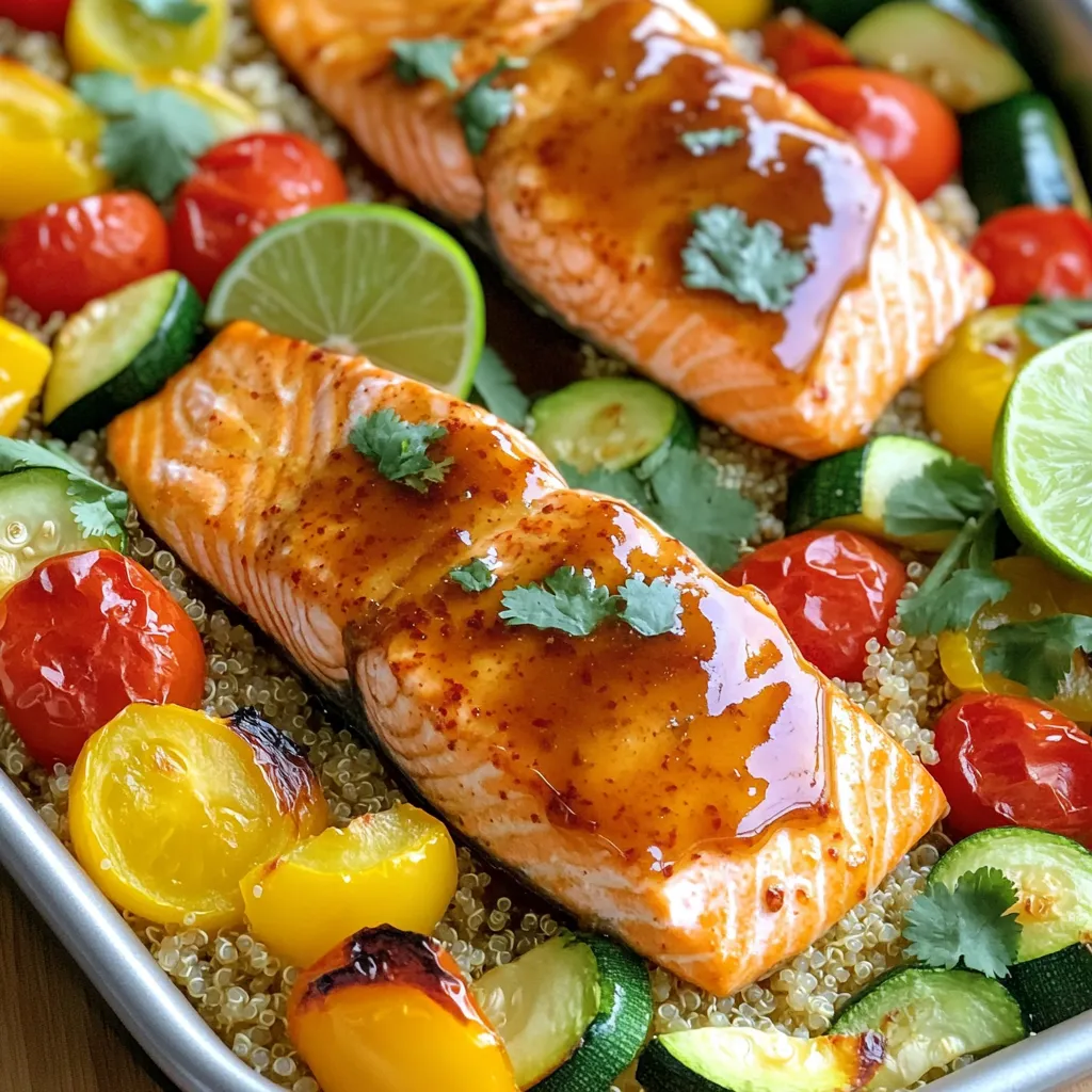 - 4 salmon fillets - 2 tablespoons chipotle sauce (or adobo sauce from canned chipotles) - 2 tablespoons honey - 1 tablespoon olive oil - 1 teaspoon garlic powder - 1 teaspoon smoked paprika - Salt and pepper to taste - 1 bell pepper, sliced (red or yellow) - 1 zucchini, sliced - 1 cup cherry tomatoes, halved - 1 cup cooked quinoa or brown rice - Fresh cilantro, for garnish - Lime wedges, for serving Each ingredient plays a key role in making this dish shine. The salmon fillets are the star, rich in protein and healthy fats. Chipotle sauce brings a smoky kick that pairs well with the sweet honey. Together, they create a sauce that coats the salmon and veggies perfectly. Olive oil adds a rich flavor and helps with roasting. Garlic powder and smoked paprika deepen the taste, while salt and pepper enhance everything. The veggies—bell pepper, zucchini, and cherry tomatoes—add color, crunch, and nutrients. They roast beautifully alongside the salmon, soaking up the sauce. For the base, you can choose quinoa or brown rice. Both options provide a hearty foundation for the bowl. Finally, fresh cilantro and lime wedges add a burst of freshness. They brighten every bite and make the dish feel complete. Each ingredient counts in this vibrant meal, making it a delight for your taste buds. 1. Preheat the oven and prepare the baking sheet Set your oven to 400°F (200°C). Line a large baking sheet with parchment paper. This keeps cleanup easy. 2. Whisk together chipotle honey mixture In a small bowl, mix 2 tablespoons of chipotle sauce, 2 tablespoons of honey, and 1 tablespoon of olive oil. Add 1 teaspoon each of garlic powder and smoked paprika. Season with salt and pepper. Whisk until smooth. 3. Apply the mixture to salmon and vegetables Place 4 salmon fillets on one side of the baking sheet. Brush half the chipotle honey mixture on the salmon. In another bowl, toss sliced bell pepper, zucchini, and halved cherry tomatoes with the rest of the mixture. Spread the veggies on the other side of the sheet. 1. Bake salmon and vegetables Put the baking sheet in the oven. Bake for 15 to 20 minutes. The salmon should flake easily with a fork. The vegetables should be tender and slightly charred. 2. Prepare quinoa or brown rice while baking While the salmon and veggies bake, cook 1 cup of quinoa or brown rice according to the package instructions. This adds a hearty base to your meal. 1. Cool the salmon and vegetables After baking, take the sheet pan out of the oven. Let it cool for about a minute before you start serving. 2. Assemble bowls and garnish Divide the cooked quinoa or rice into serving bowls. Top each bowl with roasted vegetables and a salmon fillet. Garnish with fresh cilantro and squeeze lime juice on top. This adds a burst of flavor. To ensure your salmon is perfectly cooked, check for flakiness. It should flake easily with a fork. Aim for an internal temperature of 145°F (63°C). This guarantees it's safe and tasty. When roasting vegetables, cut them into even pieces. This helps them cook uniformly. Bell peppers and zucchini cook well together. The cherry tomatoes add a nice pop of color. Bake until they are tender and have some char. This gives a nice flavor boost. For vibrant bowls, layer your ingredients. Start with quinoa or rice, then add salmon and veggies. Garnish with fresh cilantro and lime. This adds a bright touch and fresh flavor. You can pair these bowls with a light drink. Try sparkling water with lime or a crisp white wine. Both enhance the meal's flavor profile. To store leftovers effectively, let everything cool first. Then, place them in airtight containers. This keeps them fresh for up to three days. For reheating, use the oven for best results. Preheat to 350°F (175°C) and heat for about 10 minutes. This helps maintain the flavor and texture of the dish. You can also use the microwave, but be careful not to overheat. {{image_2}} You can switch up the fish to keep it fun. Use cod, trout, or even tilapia. These fish will soak up the chipotle honey flavor well. If you want to add more veggies, try using asparagus, broccoli, or carrots. Each will change the bowl's taste, making it unique. Adjust the spice to suit your taste. If you want it hotter, add more chipotle sauce. For a milder flavor, use less sauce or add some sour cream. Fresh herbs like parsley or dill can bring a new twist. A squeeze of lemon can also boost freshness and brighten the dish. For a gluten-free option, this dish is already great! All the ingredients are gluten-free. If you want a vegan version, replace salmon with marinated tofu. Use the same chipotle honey mix to add flavor. Swap quinoa for brown rice or use a grain like farro for a hearty bowl. Salmon is a superfood packed with omega-3 fatty acids. These fats help your heart stay healthy. They can lower bad cholesterol and reduce inflammation. Eating salmon often can boost brain health and improve mood. Salmon also provides a high amount of protein. Protein is key for muscle growth and repair. It helps keep you full longer. This makes salmon a smart choice for a balanced diet. In our bowls, we can use quinoa or brown rice. Both are great sources of carbohydrates. They give you energy for your day. Quinoa is also a complete protein. This means it has all nine essential amino acids. The veggies add more than just color. Bell peppers are rich in vitamins A and C. Zucchini is low in calories but high in nutrients. Cherry tomatoes bring antioxidants that protect your cells. Together, they create a healthy mix. This meal combines protein, carbs, and healthy fats. Salmon provides protein and fats, while quinoa or rice offers carbs. This balance helps keep your energy steady. Colorful veggies are important, too. They add vitamins and minerals. Eating a variety of colors in your meals can help you stay healthy. Each color provides different nutrients that your body needs. How do I know when the salmon is done cooking? You can tell the salmon is done when it flakes easily with a fork. Cook it for about 15-20 minutes at 400°F (200°C). It should look opaque and moist. Can I use frozen salmon for this recipe? Yes, you can use frozen salmon. Just thaw it first in the fridge or under cool water. Make sure to pat it dry before seasoning. What can I substitute for quinoa or brown rice? You can use couscous, farro, or even cauliflower rice. Each option offers a unique flavor and texture to your bowl. How spicy is the chipotle sauce? The chipotle sauce brings a nice heat but is not overbearing. If you want more spice, you can add extra sauce or some chili flakes. Can I prepare the chipotle honey mixture in advance? Absolutely! You can mix the chipotle honey sauce a day ahead. Store it in the fridge until you're ready to use it. What’s the best way to clean a sheet pan? To clean a sheet pan, soak it in warm, soapy water. Use a soft sponge to scrub away residue. Rinse it well and dry it to keep it shiny. How can I make this meal prep-friendly? You can prep the salmon and veggies in advance. Store them separately in the fridge. Just bake them when you’re ready for a quick meal. This blog shared a tasty recipe with salmon, chipotle sauce, and fresh veggies. I guided you through the steps, tips, and variations to make the meal enjoyable. Nutritional benefits were highlighted to show how it supports a healthy diet. Remember, you can adjust ingredients to match your taste. Explore new flavors while enjoying the health perks of this dish. Now, grab your ingredients, get cooking, and enjoy your vibrant bowls!