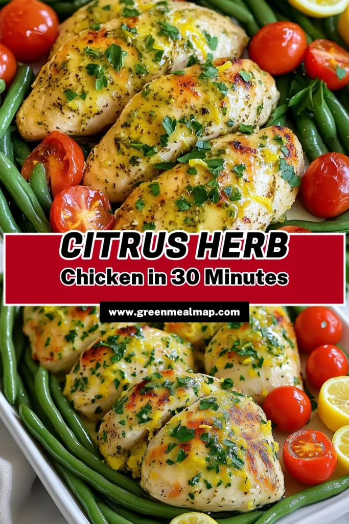Elevate your weeknight dinners with this zesty citrus herb chicken and vibrant green beans recipe! This easy, one-pan dish bursts with fresh flavors from lemon, garlic, and herbs, paired perfectly with tender green beans and cherry tomatoes. Ready in just 30 minutes, it's a delicious meal for the whole family. Click through to discover the full recipe and make your dinner exciting tonight! #CitrusHerbChicken #OnePanMeals #HealthyRecipes #EasyDinnerIdeas