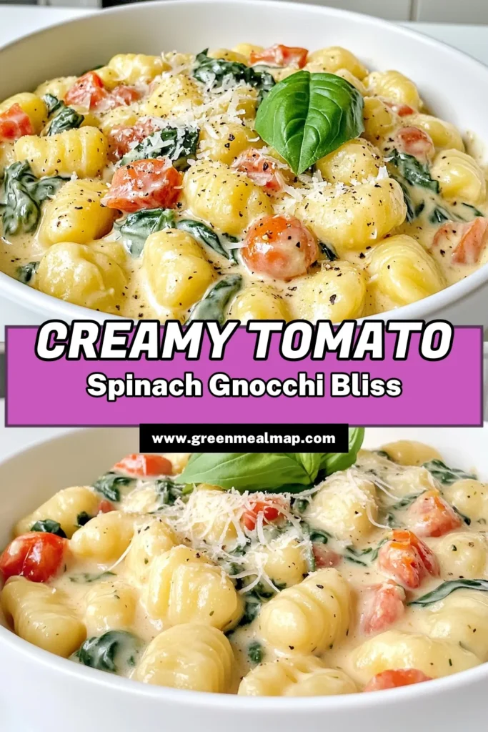 Indulge in this creamy tomato spinach gnocchi recipe that’s bursting with flavor! Perfect for a quick weeknight dinner, this dish combines tender potato gnocchi with a rich, creamy sauce, fresh spinach, and tangy tomatoes. Ready in just 25 minutes, it's both satisfying and simple to make. Click through to discover the full recipe and impress your family tonight! #CreamyGnocchi #EasyRecipes #ComfortFood #PastaLovers