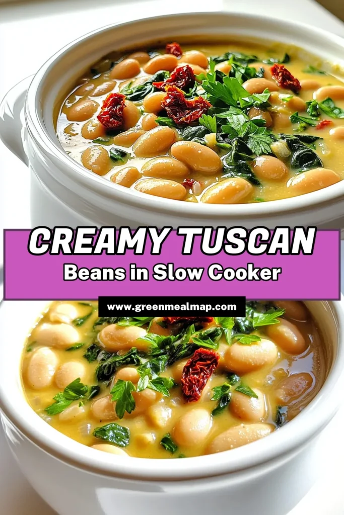 Discover the deliciousness of Creamy Tuscan White Beans with this easy recipe perfect for any meal! Made with wholesome ingredients like white beans, sun-dried tomatoes, and fresh spinach, this dish is not only creamy but also packed with flavor. Perfect for a cozy dinner, just toss everything into your slow cooker and let it do the magic. Click through to explore this mouthwatering recipe today! #TuscanBeans #SlowCookerRecipes #HealthyEats #VeganRecipes