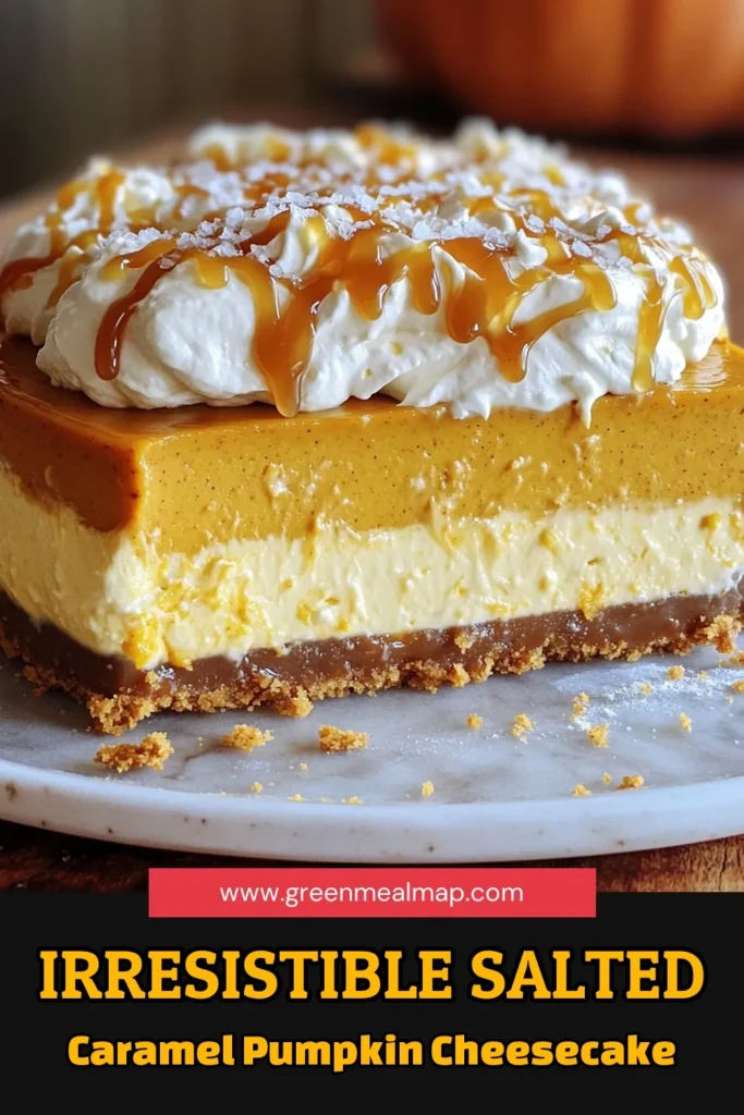 Indulge in the ultimate fall dessert with this Salted Caramel Pumpkin Cheesecake recipe! Combining smooth cream cheese and rich pumpkin puree, this delightful cheesecake is topped with a luscious caramel whipped cream and a sprinkle of sea salt for the perfect balance of flavors. Perfect for any celebration, you won't want to miss this treat! Click through to explore the full recipe and impress your guests. #PumpkinCheesecake #DessertRecipes #FallBaking #CheesecakeLovers