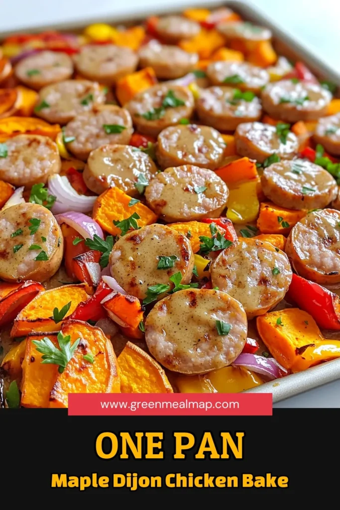 Satisfy your cravings with this Sheet-Pan Maple Dijon Chicken Sausage Bake! Packed with delicious chicken sausage, sweet potatoes, and colorful peppers, this one-pan meal is easy to prepare and bursting with flavor. Ideal for busy weeknights, it's both healthy and hearty. Click to explore the full recipe and bring this tasty dish to your table tonight! #SheetPanRecipes #ChickenSausage #HealthyEating #EasyDinner