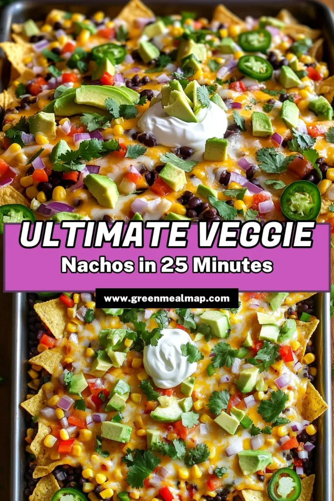 Satisfy your cravings with these Loaded Veggie Nacho Sheet Pan recipes! Perfect for parties or a casual night in, this tasty dish features layers of crispy tortilla chips, savory black beans, corn, colorful peppers, and melted cheese, all topped with fresh avocado and creamy sour cream. It's easy to make and sure to impress! Click through to discover the full recipe and enjoy every delicious bite. #VeggieNachos #EasyRecipes #SheetPanDinner #SnackIdeas